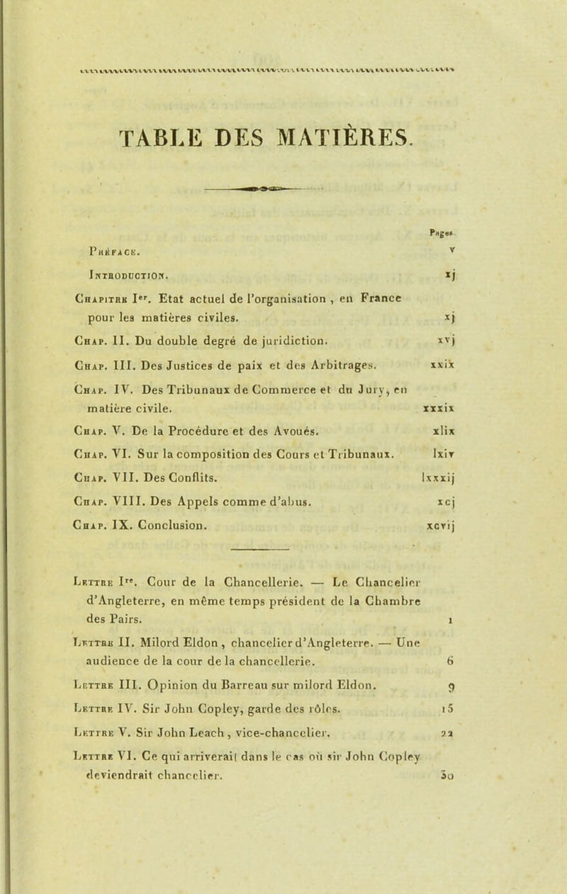 tvn luuvwiuA iwu/vuM/u vwi ivn tvwnA\tvv\ivw i^v\ wv» uwivn .w; TABLE DES MATIÈRES. P«g«J* Préface. v Introduction. ij Chapitre I*r. Etat actuel de l’organisation , en France pour les matières civiles. xj Chap. II. Du double degré de juridiction. xvj Chap. III. Des Justices de paix et des Arbitrages. xvi'x Chap. IV. Des Tribunaux de Commerce et du Jury, en matière civile. xxxix Chap. V. De la Procédure et des Avoués. xlix Chap. VI. Sur la composition des Cours et Tribunaux. Ixiv Chap. VII. Des Conflits. Ixxxij Chap. VIII. Des Appels comme d’abus. xcj Chap. IX. Conclusion. xcrij Lrttre I,e. Cour de la Chancellerie. — Le Chancelier d’Angleterre, en même temps président de la Chambre des Pairs. 1 Lettre II. Milord Eldon , chancelier d’Angleterre. — Une audience de la cour de la chancellerie. 6 Lettre III. Opinion du Barreau sur milord Eldon. 9 Lettre IV. Sir John Copley, garde des rôles. i5 Lettre V. Sir John Leach, vice-chancelier. 2a Lettre VI. Ce qui arriverait dans le cas où sir John Copley deviendrait chancelier. ïo