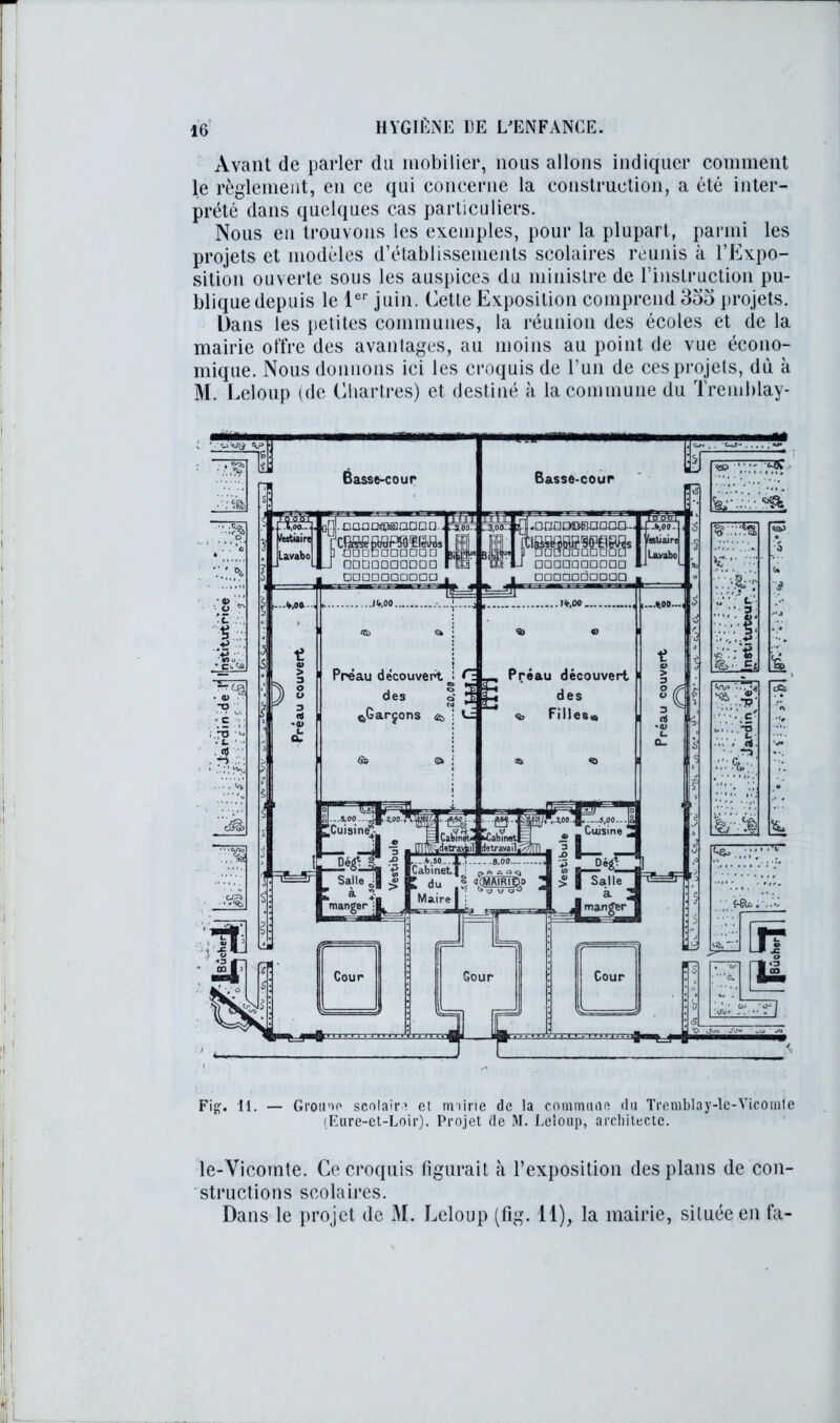 Avant de parler du mobilier, nous allons indiquer comment le règlement, en ce qui concerne la construction, a été inter- prété dans quelques cas particuliers. Nous en trouvons les exemples, pour la plupart, parmi les projets et modèles d’établissements scolaires reunis à l’Expo- sition ouverte sous les auspices du ministre de l'instruction pu- blique depuis le 1er juin. Cette Exposition comprend 355 projets. Dans les petites communes, la réunion des écoles et de la mairie offre des avantages, au moins au point de vue écono- mique. Nous donnons ici les croquis de l’un de ces projets, dù à M. Leloup (de Chartres) et destiné à la commune du Tremblay- Fig. II. — Grouoo scolaire et mairie de la commune du Tremblay-lc-Vicomfe (Eure-et-Loir). Projet de M. Leloup, architecte. le-Vicomte. Ce croquis figurait à l’exposition des plans de con- structions scolaires. Dans le projet de M. Leloup (fig. 11), la mairie, située en fa-