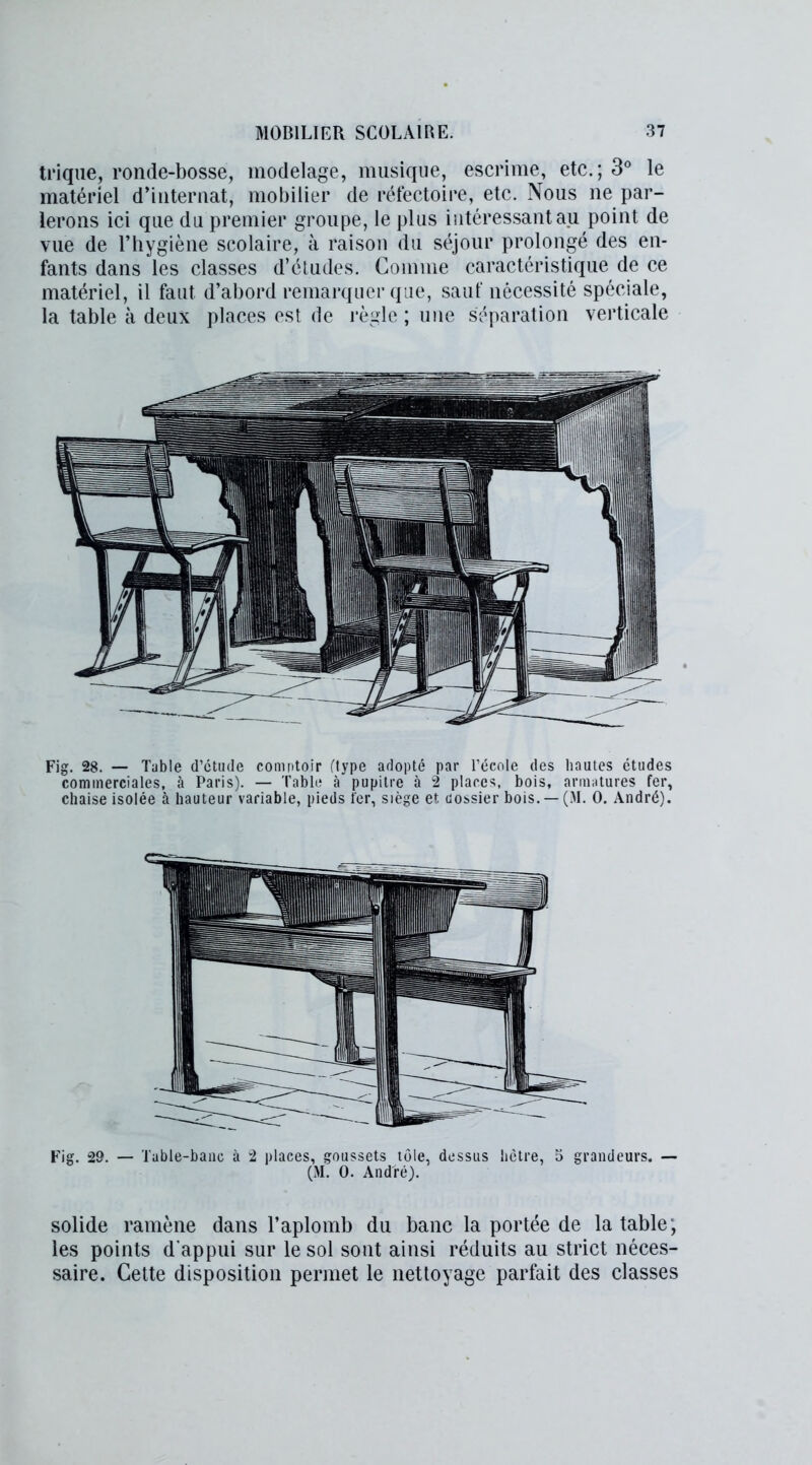 trique, ronde-bosse, modelage, musique, escrime, etc.; 3° le matériel d’internat, mobilier de réfectoire, etc. Nous ne par- lerons ici que du premier groupe, le plus intéressant au point de vue de l’hygiène scolaire, à raison du séjour prolongé des en- fants dans les classes d’études. Comme caractéristique de ce matériel, il faut d’abord remarquer que, sauf nécessité spéciale, la table à deux places est de règle ; une séparation verticale Fig. 28. — Table d’étude comptoir (type adopté par l’école des hautes études commerciales, à Paris). — Table à pupitre à 2 places, bois, armatures fer, chaise isolée à hauteur variable, pieds 1er, siège et. dossier bois. — (M. 0. André). Fig. 29. — Tuble-banc à 2 places, goussets tôle, dessus hêtre, 5 grandeurs. — (M. 0. André). solide ramène dans l’aplomb du banc la portée de la table; les points d'appui sur le sol sont ainsi réduits au strict néces- saire. Cette disposition permet le nettoyage parfait des classes