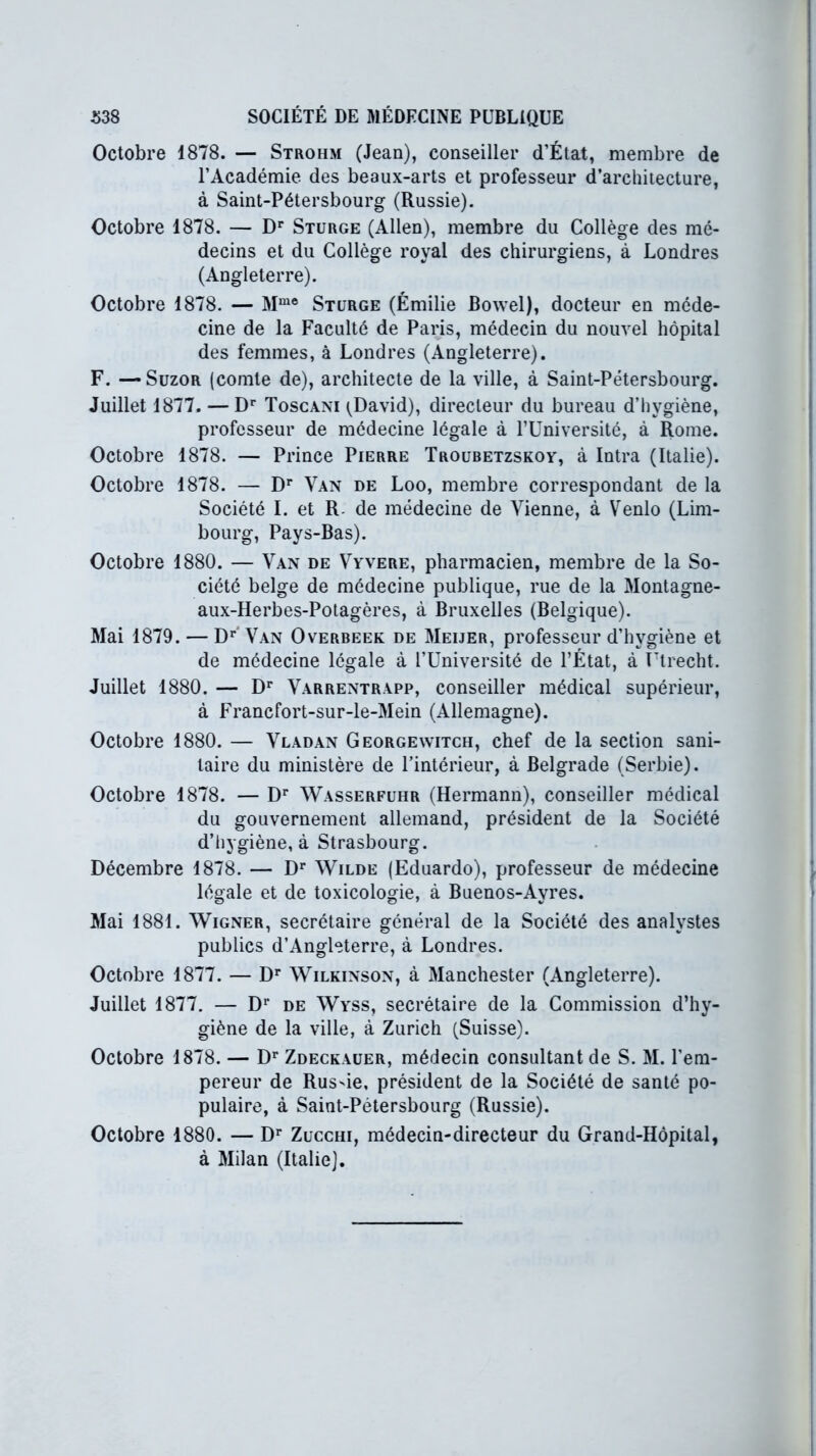 Octobre 1878. — Strohm (Jean), conseiller d’État, membre de l’Académie des beaux-arts et professeur d’architecture, à Saint-Pétersbourg (Russie). Octobre 1878. — Dr Sturge (Allen), membre du Collège des mé- decins et du Collège royal des chirurgiens, à Londres (Angleterre). Octobre 1878. — Mme Sturge (Emilie Bowel), docteur en méde- cine de la Faculté de Paris, médecin du nouvel hôpital des femmes, à Londres (Angleterre). F. — Suzor (comte de), architecte de la ville, à Saint-Pétersbourg. Juillet 1877. — Dr Toscani (David), directeur du bureau d’hvgiène, professeur de médecine légale à l’Université, à Rome. Octobre 1878. — Prince Pierre Troubetzskoy, à Intra (Italie). Octobre 1878. — Dr Van de Loo, membre correspondant de la Société I. et R. de médecine de Vienne, à Venlo (Lim- bourg, Pays-Bas). Octobre 1880. — Van de Vyvere, pharmacien, membre de la So- ciété belge de médecine publique, rue de la Montagne- aux-Herbes-Potagères, à Bruxelles (Belgique). Mai 1879. — Dr Van Overbeek de Meijer, professeur d’hvgiène et de médecine legale à l’Université de l’État, à Utrecht. Juillet 1880. — Dr Varrentrapp, conseiller médical supérieur, à Francfort-sur-le-Mein (Allemagne). Octobre 1880. — Vladan Georgewitch, chef de la section sani- taire du ministère de l’intérieur, à Belgrade (Serbie). Octobre 1878. — Dr Wasserfuhr (Hermann), conseiller médical du gouvernement allemand, président de la Société d’hygiène, à Strasbourg. Décembre 1878. — Dr Wilde (Eduardo), professeur de médecine légale et de toxicologie, à Buenos-Ayres. Mai 1881. Wigner, secrétaire général de la Société des analystes publics d’Angleterre, à Londres. Octobre 1877. — Dr Wilkinson, à Manchester (Angleterre). Juillet 1877. — Dr de Wyss, secrétaire de la Commission d’hy- giène de la ville, à Zurich (Suisse). Octobre 1878. — Dr Zdeckauer, médecin consultant de S. M. l’em- pereur de Rus'ie, président de la Société de santé po- pulaire, à Saint-Pétersbourg (Russie). Octobre 1880. — Dr Zucchi, médecin-directeur du Grand-Hôpital, à Milan (Italie).