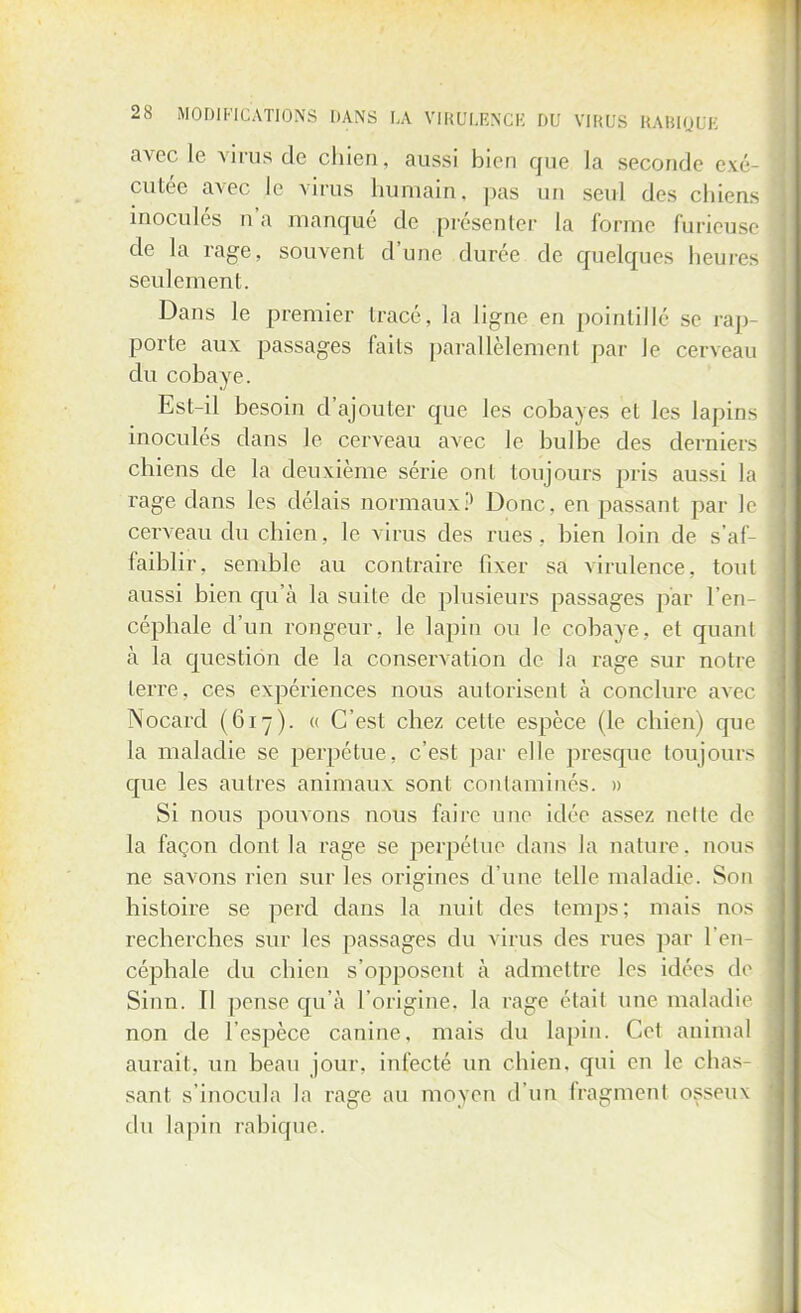 avec le virus de chien, aussi bien que la seconde exé çutée avec le virus humain, pas un seul des chiens inoculés n'a manqué de présenter la forme furieuse de la rage, souvent d'une durée de quelques heures seulement. Dans le premier tracé, la ligne en pointillé se rap- porte aux passages faits parallèlement par Je cerveau du cobaye. Est-il besoin d'ajouter que les cobayes et les lapins inoculés dans le cerveau avec le bulbe des derniers chiens de la deuxième série ont toujours pris aussi La rage dans les délais normaux:» Donc, en passant par le cerveau du chien, le virus des rues, bien loin de s'af- faiblir, semble au contraire fixer sa virulence, tout aussi bien qu'à la suite de plusieurs passages par l'en- céphale d'un rongeur, le lapin ou le cobaye, et quant à la question de la conservation de la rage sur notre terre, ces expériences nous autorisent à conclure avec Nocard (617). « C'est chez cette espèce (le chien) que la maladie se perpétue, c'est par elle presque toujours que les autres animaux sont contaminés. » Si nous pouvons nous faire une idée assez nellc de la façon dont la rage se perpétue dans la nature, nous ne savons rien sur les origines d'une telle maladie. Son histoire se perd dans la nuit des temps; niais nos recherches sur les passages du virus des rues par l'en- céphale du chien s'opposent à admettre les idées de Sinn. Il pense qu'à l'origine. la rage était une maladie non de l'espèce canine, mais du lapin. Cet animal aurait, un beau jour, infecté un chien, qui en le chas- sant s'inocula la rage au moyen d'un fragment osseux du lapin rabique.
