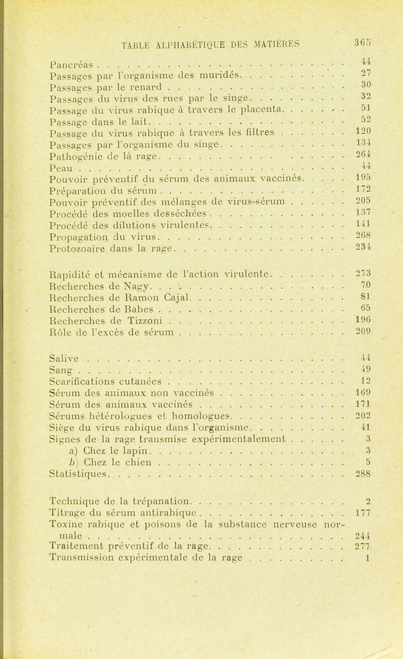 Pancréas . . . 44 Passages par l'organisme des muridés 27 Passages par le renard 30 Passages du virus des rues par le singe 32 Passage du virus rabique à travers le placenta 51 Passage dans le lait 52 Passage du virus rabique à travers les filtres 120 Passages par l'organisme du singe 134 Pathogénie de là rage 264 l'eau _ 11 Pouvoir préventif du sérum des animaux vaccinés 195 Préparation du sérum 172 Pouvoir préventif des mélanges de virus-sérum 205 Procédé des moelles desséchées 137 Procédé des dilutions virulentes 141 Propagation du virus 268 Protozoaire dans la rage • 234 Rapidité et mécanisme de l'action virulente 273 Recherches de Nagy. . . : 70 Recherches de Ramon Cajal 81 Recherches de Rabes 65 Recherches de Tizzoni 196 Rôle de l'excès de sérum 209 Salive 44 Sang 49 Scarifications cutanées 12 Sérum des animaux non vaccinés 169 Sérum des animaux vaccinés 171 Sérums hétérologucs et homologues 202 Siège du virus rabique dans l'organisme 41 Signes de la rage transmise expérimentalement 3 a) Chez le lapin 3 b) Chez le chien 5 Statistiques 288 Technique de la trépanation 2 Titrage du sérum antirabique 177 Toxine rabique et poisons de la substance nerveuse nor- male 244 Traitement préventif de la rage 277 Transmission expérimentale de la rage 1