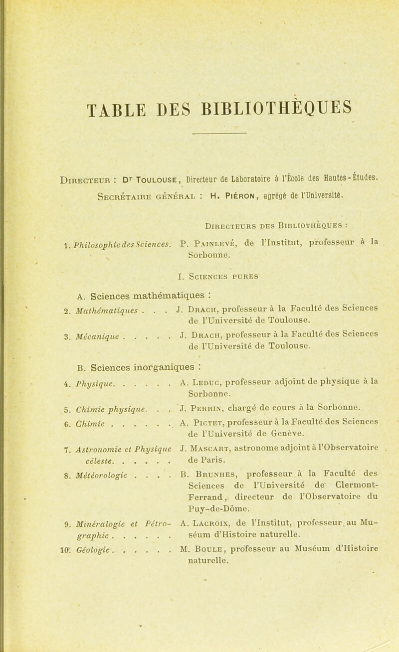 TABLE DES BIBLIOTHÈQUES Directeur : Dr Toulouse, Directeur de Laboratoire à l'École des Hautes-Études. Secrétaire général : H. Piéron, agrégé de l'Université. Directeurs des Bibliothèques : 1. Philosophie des Sciences. P. Painlevé, de l'Institut, professeur à la Sorbonne. I. Sciences pures A. Sciences mathématiques : 2. Mathématiques . . . J. Drach, professeur à la Faculté des Sciences de l'Université de Toulouse. 3. Mécanique J. Drach, professeur à la Faculté des Sciences de l'Université de Toulouse. B. Sciences inorganiques : 4. Physique A. Leduc, professeur adjoint de physique à la Sorbonne. 5. Chimie physique. . . J. Perrin, chargé de cours à la Sorbonne. 6. Chimie .A. Pictet, professeur à la Faculté des Sciences de l'Université de Genève. 7. Astronomie et Physique J. Mascart, astronome adjoint à l'Observatoire céleste de Paris. 8. Météorologie . . . . B. Brunhes, professeur à la Faculté des Sciences de l'Université de' Clermont- Ferrand, directeur de l'Observatoire du Puy-de-Dôme. 9. Minéralogie et Pétro- A. Lacroix, de l'Institut, profcsseur.au Mu- graphic séum d'Histoire naturelle. 10. Géologie M. Boule, professeur au Muséum d'Histoire naturelle.