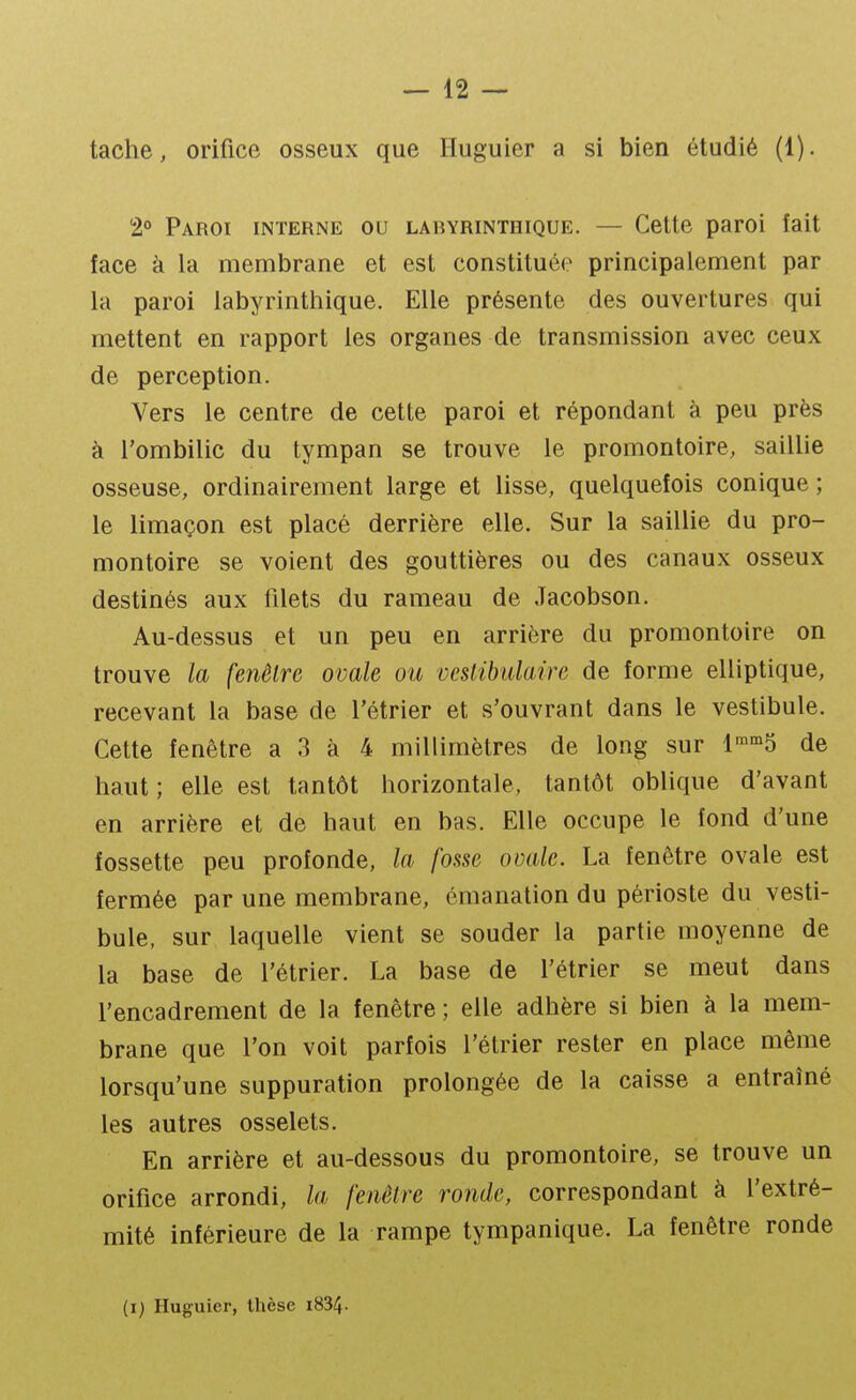 tache, orifice osseux que Iluguier a si bien étudié (1). 2° Paroi interne ou labyrinthique. — Cette paroi fait face à la membrane et est constituée principalement par la paroi labyrinthique. Elle présente des ouvertures qui mettent en rapport les organes de transmission avec ceux de perception. Vers le centre de cette paroi et répondant à peu près à l'ombilic du tympan se trouve le promontoire, saillie osseuse, ordinairement large et lisse, quelquefois conique ; le limaçon est placé derrière elle. Sur la saillie du pro- montoire se voient des gouttières ou des canaux osseux destinés aux filets du rameau de Jacobson. Au-dessus et un peu en arrière du promontoire on trouve la fenêtre ovale ou veslibulaire de forme elliptique, recevant la base de l'étrier et s'ouvrant dans le vestibule. Cette fenêtre a 3 à 4 millimètres de long sur l'^'^S de haut; elle est tantôt horizontale, tantôt oblique d'avant en arrière et de haut en bas. Elle occupe le fond d'une fossette peu profonde, la fosse ovale. La fenêtre ovale est fermée par une membrane, émanation du périoste du vesti- bule, sur laquelle vient se souder la partie moyenne de la base de l'étrier. La base de l'étrier se meut dans l'encadrement de la fenêtre ; elle adhère si bien à la mem- brane que l'on voit parfois l'étrier rester en place même lorsqu'une suppuration prolongée de la caisse a entraîné les autres osselets. En arrière et au-dessous du promontoire, se trouve un orifice arrondi, la fenêtre ronde, correspondant à l'extré- mité inférieure de la rampe tympanique. La fenêtre ronde (i) Huguier, Uièse 1834-