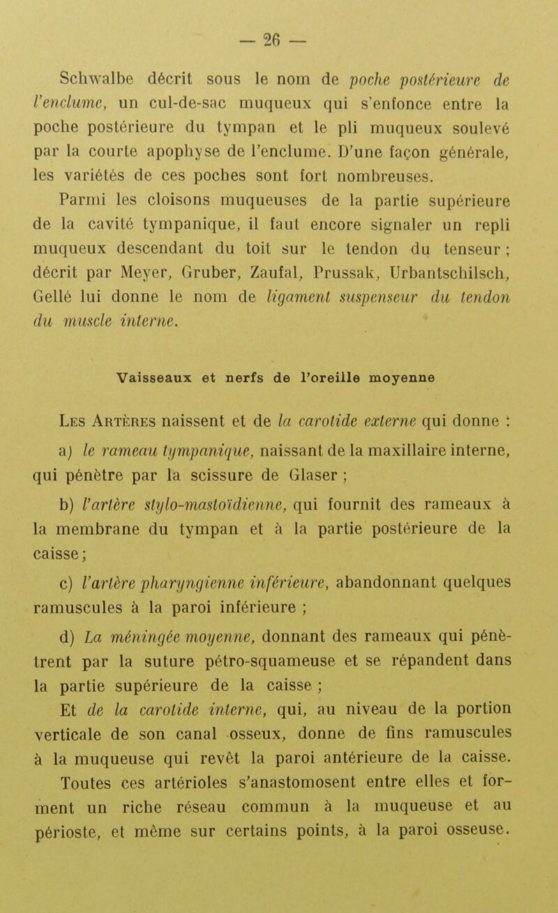 Schwalbe décrit sous le nom de poche postérieure de l'enclume, un cul-de-sac muqueux qui s'enfonce entre la poche postérieure du tympan et le pli muqueux soulevé par la courte apophyse de l'enclume. D'une façon générale, les variétés de ces poches sont fort nombreuses. Parmi les cloisons muqueuses de la partie supérieure de la cavité tympanique, il faut encore signaler un repli muqueux descendant du toit sur le tendon du tenseur ; décrit par Meyer, Gruber, Zaufal, Prussak, Urbantschilsch, Gellé lui donne le nom de ligament suspenseur du tendon du muscle interne. Vaisseaux et nerfs de l'oreille moyenne Les Artères naissent et de la carotide externe qui donne : a) le rameau tympanique, naissant de la maxillaire interne, qui pénètre par la scissure de Glaser ; b) l'artère stylo-mastoïdienne, qui fournit des rameaux à la membrane du tympan et à la partie postérieure de la caisse ; c) l'artère pharyngienne inférieure, abandonnant quelques ramuscules à la paroi inférieure ; d) La méningée moyenne, donnant des rameaux qui pénè- trent par la suture pétro-squameuse et se répandent dans la partie supérieure de la caisse ; Et de la carotide interne, qui, au niveau de la portion verticale de son canal osseux, donne de fins ramuscules à la muqueuse qui revêt la paroi antérieure de la caisse. Toutes ces artérioles s'anastomosent entre elles et for- ment un riche réseau commun à la muqueuse et au périoste, et même sur certains points, à la paroi osseuse.