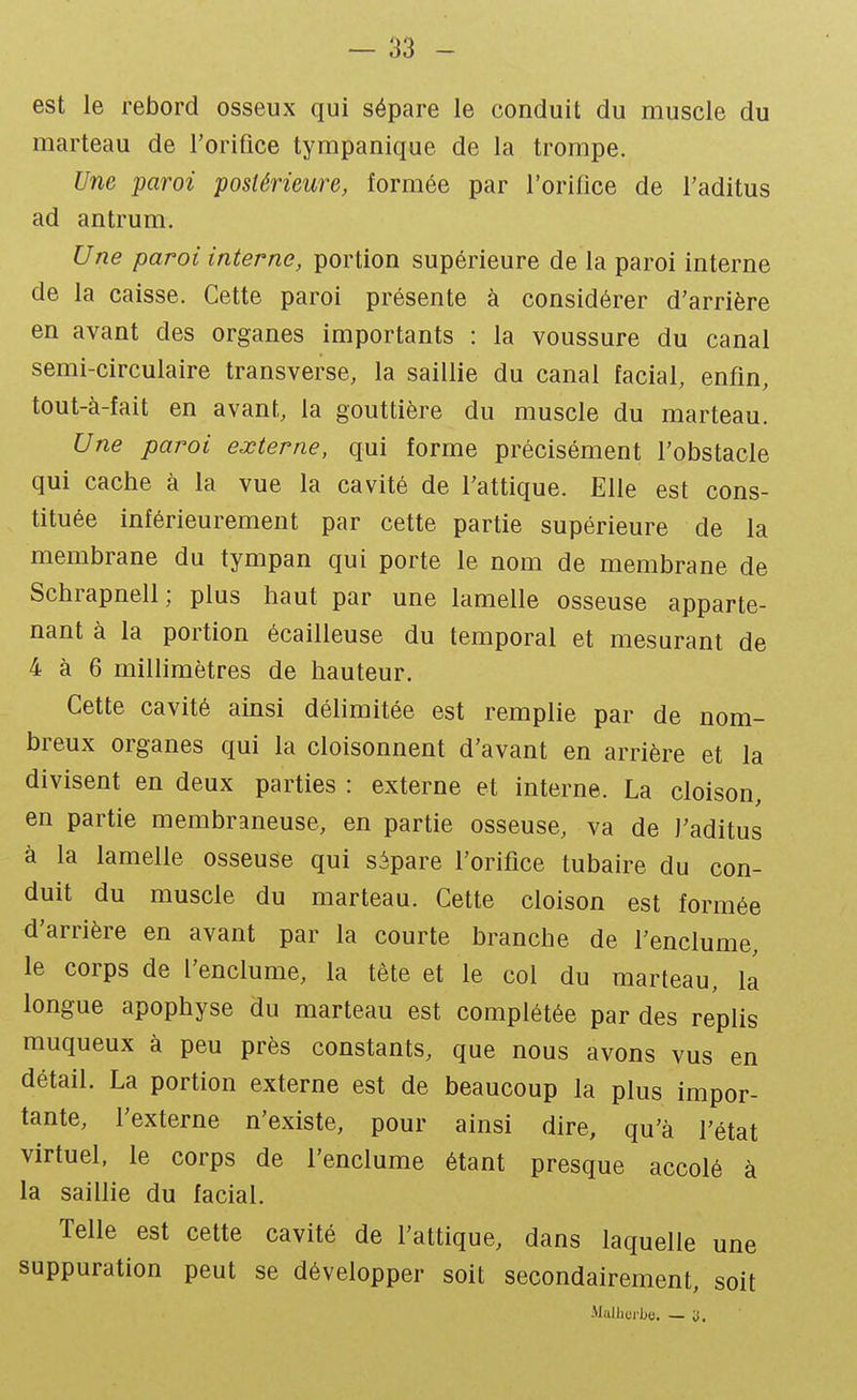 est le rebord osseux qui sépare le conduit du muscle du marteau de l'orifice tympanique de la trompe. Une paroi postérieure, formée par l'orifice de l'aditus ad antrum. Une paroi interne, portion supérieure de la paroi interne de la caisse. Cette paroi présente à considérer d'arrière en avant des organes importants : la voussure du canal semi-circulaire transverse, la saillie du canal facial, enfin, tout-à-fait en avant, la gouttière du muscle du marteau. Une paroi externe, qui forme précisément l'obstacle qui cache à la vue la cavité de l'attique. Elle est cons- tituée intérieurement par cette partie supérieure de la membrane du tympan qui porte le nom de membrane de Schrapnell; plus haut par une lamelle osseuse apparte- nant à la portion écailleuse du temporal et mesurant de 4 à 6 milhmètres de hauteur. Cette cavité ainsi délimitée est remplie par de nom- breux organes qui la cloisonnent d'avant en arrière et la divisent en deux parties : externe et interne. La cloison, en partie membraneuse, en partie osseuse, va de J'aditus à la lamelle osseuse qui sépare l'orifice tubaire du con- duit du muscle du marteau. Cette cloison est formée d'arrière en avant par la courte branche de l'enclume, le corps de l'enclume, la tête et le col du marteau, la longue apophyse du marteau est complétée par des replis muqueux à peu près constants, que nous avons vus en détail. La portion externe est de beaucoup la plus impor- tante, l'externe n'existe, pour ainsi dire, qu'à l'état virtuel, le corps de l'enclume étant presque accolé à la saillie du facial. Telle est cette cavité de l'attique, dans laquelle une suppuration peut se développer soit secondairement, soit Mallici-Jbe. — y.