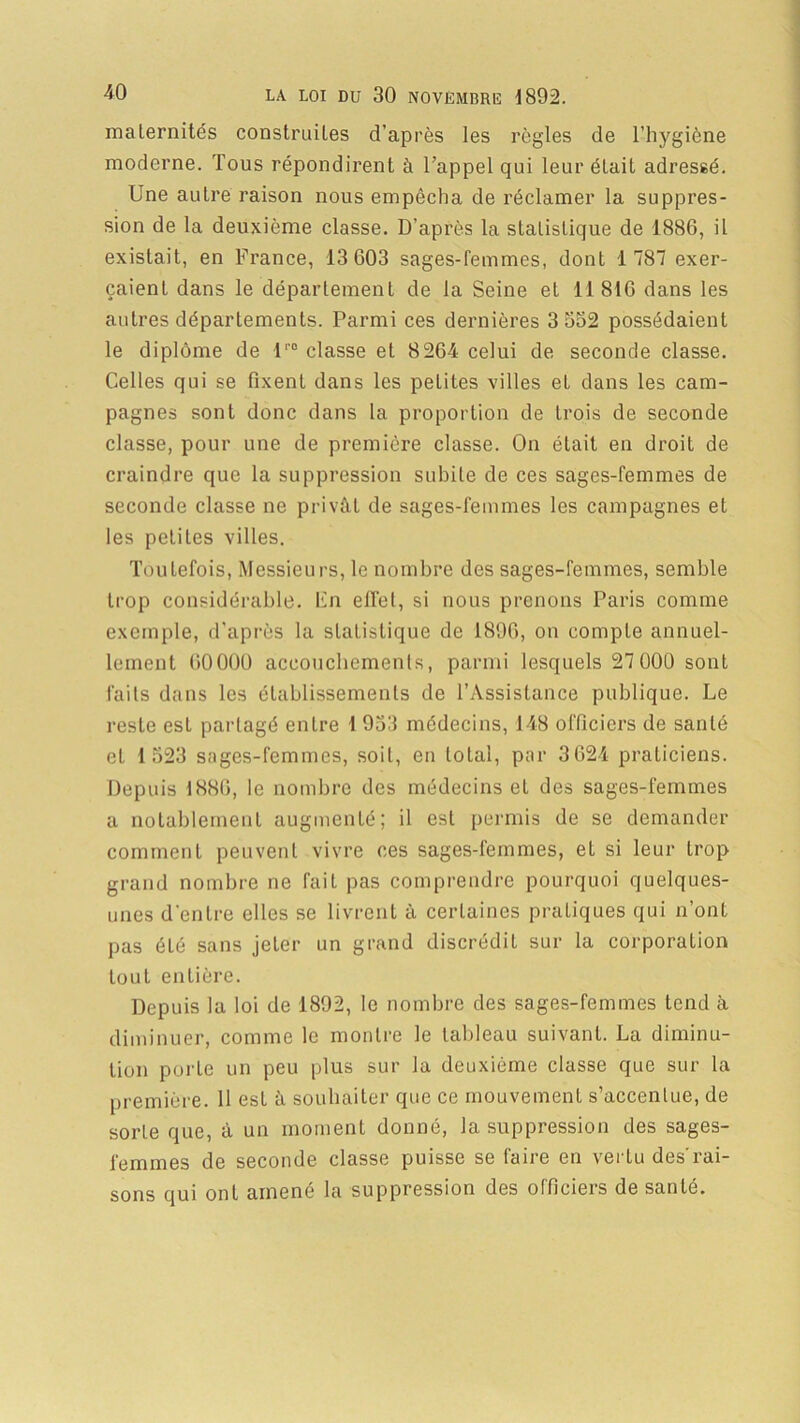 maternités construites d’après les règles de l’hygiène moderne. Tous répondirent à l’appel qui leur était adressé. Une autre raison nous empêcha de réclamer la suppres- sion de la deuxième classe. D’après la statistique de 1886, il existait, en France, 13 603 sages-femmes, dont 1 787 exer- çaient dans le département de la Seine et 11816 dans les autres départements. Parmi ces dernières 3 552 possédaient le diplôme de lr0 classe et 8264 celui de seconde classe. Celles qui se fixent dans les petites villes et dans les cam- pagnes sont donc dans la proportion de trois de seconde classe, pour une de première classe. On était en droit de craindre que la suppression subite de ces sages-femmes de seconde classe ne privât de sages-femmes les campagnes et les petiLes villes. Toutefois, Messieurs, le nombre des sages-femmes, semble trop considérable. Fn elfel, si nous prenons Paris comme exemple, d’après la statistique de 1896, on compte annuel- lement 60000 accouchements, parmi lesquels 27 000 sont faits dans les établissements de l’Assistance publique. Le reste est partagé entre 1 953 médecins, 148 officiers de santé et 1 523 sages-femmes, soit, en total, par 3624 praticiens. Depuis 1886, le nombre des médecins et des sages-femmes a notablement augmenté; il est permis de se demander comment peuvent vivre ces sages-femmes, et si leur trop grand nombre ne fait pas comprendre pourquoi quelques- unes d'entre elles se livrent à certaines pratiques qui n’ont pas éLé sans jeter un grand discrédit sur la corporation tout entière. Depuis la loi de 1892, le nombre des sages-femmes tend à diminuer, comme le montre le tableau suivant. La diminu- tion porte un peu plus sur la deuxième classe que sur la première. 11 est à souhaiter que ce mouvement s’accentue, de sorte que, à un moment donné, la suppression des sages- femmes de seconde classe puisse se faire en vertu des'rai- sons qui ont amené la suppression des officiers de santé.