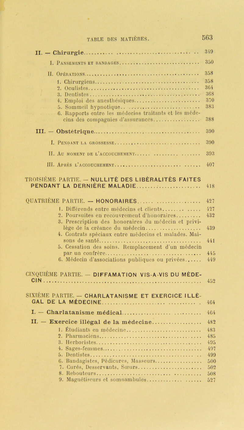 II. — Chirurgie 349 I. Pansements et bandages 350 II. Opérations 358 1. Chirurgiens 358 2. Oculistes 364 3. Dentistes 3GS 4. Emploi des anesthésiques 370 5. Sommeil hypnotique.. .. 383 G. Rapports entre les médecins traitants et les méde- cins des compagnies d’assurances 388 III. — Obstétrique 390 I. Pendant la grossesse 390 II. Au moment de l’accouchement 393 III. Après l’accoucuement 407 TROISIÈME PARTIE. — NULLITÉ DES LIBÉRALITÉS FAITES PENDANT LA DERNIÈRE MALADIE 418 QUATRIÈME PARTIE. — HONORAIRES 427 1. Différends entre médecins et clients 427 2. Poursuites en recouvrement d'honoraires 432 3. Prescription des honoraires du médecin et privi- lège de la créance du médecin 439 4. Contrats spéciaux entre médecins et malades. Mai- sons de santé 441 5. Cessation des soins. Remplacement d'un médecin par un confrère 445 G. Médecin d’associations publiques ou privées 449 CINQUIÈME PARTIE. — DIFFAMATION VIS-A-VIS DU MÉDE- CIN 452 SIXIÈME PARTIE. — CHARLATANISME ET EXERCICE ILLÉ- GAL DE LA MÉDECINE 4G4 I. — Charlatanisme médical 464 II. — Exercice illégal de la médecine 482 1. Étudiants en médecine 483 2. Pharmaciens 485 3. Herboristes 495 4. Sages-femmes 497 5. Dentistes 499 G. Bandagistes, Pédicures, Masseurs 500 7. Curés, Desservants, Sœurs 502 8. Rebouteurs 508 9. Maguétiseurs et somnambules 527