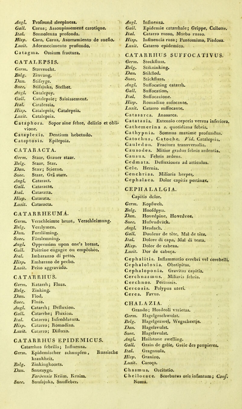 Angi, Profound sleepiness. Gall. Carus; Assoupissement carotique. Ital, Sonnolenza profonda. Hisp. Caro, Carus, Azorramiento de sueffo. Lusit. Adormecimento profundo, Catagma. Ossium fractura. CATALEPSIS. Gcrm. Starrsucht. Belg, Zinvang. ID an. Stifsyge. Suec, Stifsjuka, Stelhet. Augl. Catalepsy. Gall. Catalepsie; Saisissement. Ital. Catalessia, Hisp. Catalepsis, Catalepsia. Lusit. Catalepsia. Cataphora. Sopor sine febre, delirio et obli- vione. Cataplexis. Dentium hebetudo. Cataptosis. Epilepsia. CATARACTA. Germ. Staar, Grauer staar. Belg. Staar, Star. JDan. Staer; Sfierne. Suec. Staar, Gra starr. Angi. Cataract. Gall. Cataracte. Ital. Cataratta. Hisp. Catarata. Lusit. Cataracta. CATARRHEUMA. Germ. Verschleimte brust, Verschleimung. Belg. Verslymen. ID an. Forsliiming. Suec. Forslemning. Angi. Oppression upon one’s breast. Gall. Poitrine engagee ou empechee. Ital. Imbarazzo di petto. Hisp. Embarazo de pecho. Lusit. Peito aggravado. CATARRHUS. Germ. Katarrh; Fluss. Belg. Zinking. IDan. Flod. Suec. Fluss. Angi. Catarrh; Defluxion. Gall. Catarrhe; Fluxion. Ital. Catarro; Infreddatura. Hisp. Catarro; Romadizo. Lusit. Catarro; Difluxo. CATARRHUS EPIDEMICUS. Catarrhus febrilis; Influenza. Germ. Epidemischer sclinupfen, Russische krankheit. Belg. Zinkingkoorts. JDan. Snuesyge. Faroensis Kriim, liruim. Suec. Snufsjuka, Snuffeber. Angi. Influenza. Gall. Epidemie catarrhale; Grippe, Collette. Ital. Catarro russo. Morbo russo. Hisp. Influenda rusa ; Pantomima, Piadosa. Lusit. Catarro epidemico. CATARRHUS SUFFOCATIVUS. Germ. Steckfluss. Belg. Stikzinking. IDan. Stikflod. Suec. Stickfluss. Angi. Suffocating catarrh. Gall. Suffocation. Ital. Suffocazione. Hisp. Romadizo sufocante. Lusit. Catarro suffocante. Catasarca. Anasarca. Catatasis. Extensio corporis versus inferiora. Cathemerina s,. quotidiana febris. Cathypnia. Somnus maxime profundus. Catochus, Catoche. Vid. Catalepsis. Cauledon. Fractura transversalis. Causodes. Mitior gradus febris ardentis. Causus. Febris ardens. Cedmata. Defluxiones ad articulos. Cei e. Hernia. Cenchrias. Miliaris herpes.. Cephalaea. Dolor capitis pertinax, CEPHALALGIA. Capitis dolor. Germ. Kopfweh. Belg. Hoofdpyu. JDan. Hovedpine, Ilovedvee, Suec. Hufvudvark. Angi. Headach. Gall. Douleur de tete, Mal de tete. Ital. Dolore di capa, Mal di testa. Hisp. Dolor de cabeza. Lusit. Dor de cabeca. Cephalitis. Inflammatio cerebri vel cerebelli,. C e ph a 1 o 1 o x i a. Obstipitas. C epha lo p o n i a. Gravitas capitis. Cerchnasmus. Miliaris febris. Cerchnos. Pertussis. Cereo sis. Polypus uteri. Cerea. Favus. CHALAZIA. Grando; Hordeoli varietas. Germ. Hagelgeschwulst. Belg. Hagelgezwel, Wegscheetje. IDan. Hagel3vulst. Suec. Hagelsvulst. Angi. Hailstone swelling. Gall. Grain de grele, Grele des paupieres. Ital. Gragnuola. Hisp. Granizo. Lusit. Caroqo. Chasmus. Oscitatio. Cheilocace. Scorbulus oris infantum; Conf. Noma. • . ,