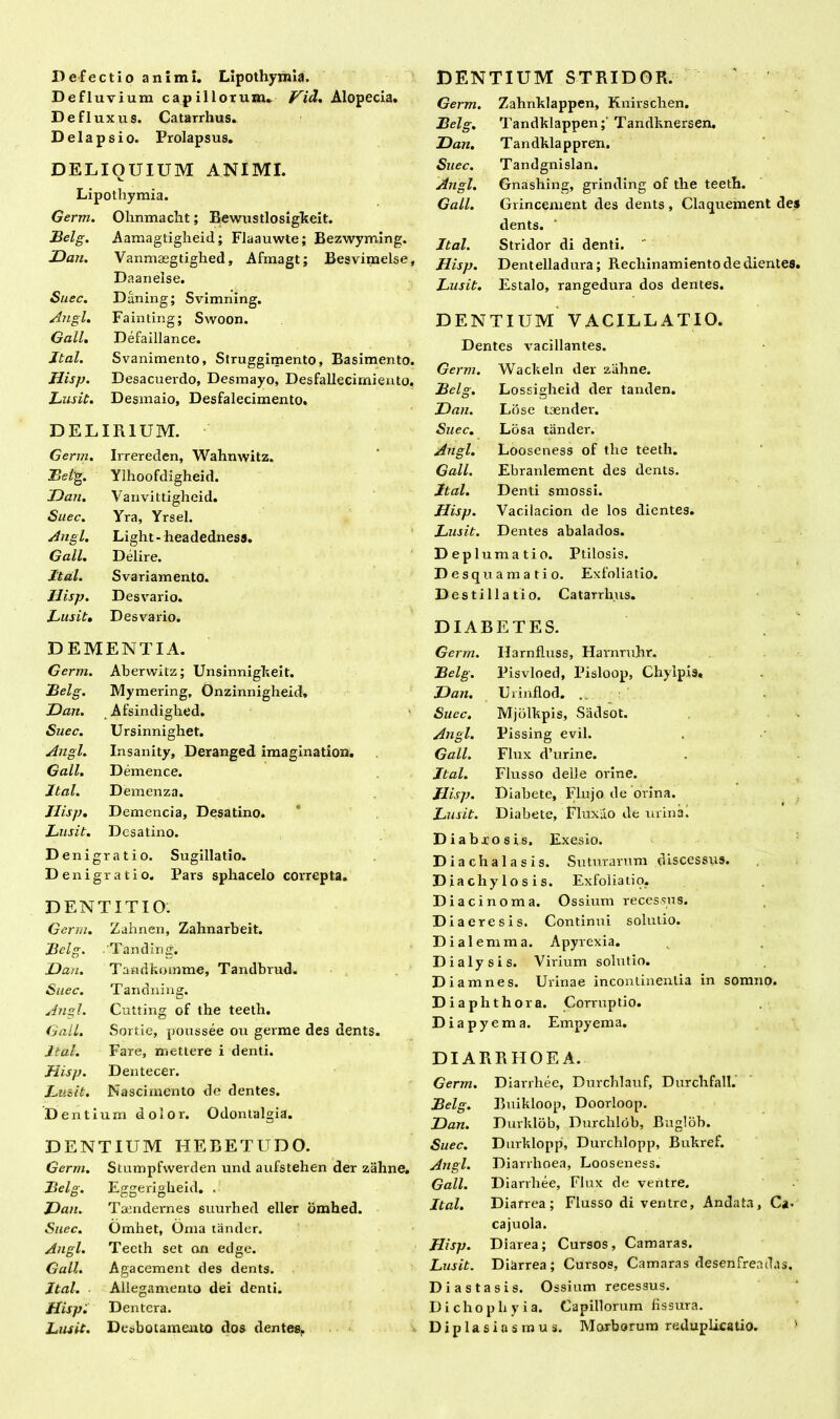 Defectio animi. Lipothymia. Defluvium capillorum. Vi&. Alopecia. Defluxus. Catarrhus. Delapsi o. Prolapsus. DELIQUIUM ANIMI. Lipotliymia. Germ. Ohnmacht; Bewustlosigkeit. Belg. Aamagtigheid; Flaauwte; Bezwyrrdng. JDan. Vanmaegtighed, Afmagt; Besvimelse, Daaneise. Suec. Daning; Svimning. Angi. Fainting; Swoon. Gall. Defaillance. Jtal. Svanimento, Struggimento, Basimento. Hisp. Desacuerdo, Desmayo, Desfallecirjaiento, Lusit. Desmaio, Desfalecimento. DELIRIUM. Germ. Irrereden, Wahnwitz. Bel‘g. Ylhoofdigheid. JDan. Vanvittigheid. Suec. Yra, Yrsel. Angi. Light-headednesa. Gall. Delire. Jtal. Svariamento. Hisp. Desvario. Lusit. Desvario. DEMENTIA. Germ. Aberwitz; Unsinnigkeit. Belg. Mymering, Onzinnigheid. JDan. Suec. Angi. Gall. Jtal. Jlisp. Lusit. Afsindighed. Ursinnighet. Insanity, Deranged imagination. Demence. Demenza. Demencia, Desatino. Desatino. D e n i g r a t i o. D e n i g r a t i o. Sugillatio. Pars sphacelo correpta. DENTITIO. Germ. Zahnen, Zahnarbeit. 'Tanding. Tandkomme, Tandbrud. Tandning. Belg. JDan. Suec. Angi. Gall. Jtal. Hisp. Lusit. Cutting of the teeth. Sortie, poussee ou germe des dents. Fare, mettere i denti. Dentecer. Nascimento de dentes. Dentium dolor. Odontalgia. DENTIUM HEBETUDO. Germ. Stumpfwerden und aufstehen der zahne. Belg. Eggeriglieid. . JDan. Taendernes 6uurhed eller omhed. Suec. Omhet, Oma tander. Angi. Teeth set an edge. Gall. Agacement des dents. Jtal. Allegamento dei denti. Hisp'. D en ter a. Lusit. Desbotameuto dos dentes. DENTIUM STRIDOR. Germ. Zahnklappen, Knirschen. Belg. Tandklappen;' Tandknersen. JDan. Tandklappren. Suec. Tandgnislan. Angi. Gnashing, grinding of the teeth. Gall. Grincement des dents , Claquement des dents. Jtal. Stridor di denti. Hisp. Dentelladura; Rechinamientodedientes. Lusit. Estalo, rangedura dos dentes. DENTIUM VACILLATIO. Dentes vacillantes. Germ. Wackeln der zahne. Belg. Lossigheid der tanden. JDan. Lcise taender. Suec. Losa tander. Angi. Looscness of the teeth. Gall. Ebranlement des dents. Jtal. Denti smossi. Hisp. Vaciiacion de los dientes. Lusit. Dentes abalados. Depl umatio. Ptilosis. D esqu amatio. Exfoliatio. Destillatio. Catarrhus. DIABETES. Germ. Harnfluss, Harnruhr. Belg. Pisvloed, Pisloop, Chylpis. JDan. Uiinflod. .. Suec, Mjblkpis, Sadsot. Angi. Pissing evil. Gall. Flux d’urine. Jtal. Flusso delle orine. Jlisp. Diabete, Flujo de ovina. Lusit. Diabete, Fluxiio de urina. Diabxosis. Exesio. Diachalasis. Suturarum discessus. Diachylosis. Exfoliatio. Diacinoma. Ossium recessus. Diaeresis. Continui solutio. Dialemma. Apyrexia. Dialysis. Virium solutio. Diamnes. Urinae incontinentia in somno. Diaphthora. Corruptio. Diapyema. Empyema. DIARRHOEA. Germ. Diarrhee, Durchlauf, Durchfall. Belg. Buikloop, Doorloop. JDan. Durklob, Durclilob, Buglob. Suec. Durklopp, Durchlopp, Bukref. Angi. Diarrhoea, Looseness. Gall. Diarrhee, Flux de ventre. Jtal. Diarrea; Flusso di ventre, Andata, C«. cajuola. Hisp. Diarea; Cursos, Camaras. Lusit. Diarrea; Cursos, Camaras desenfreadas. Diastasis. Ossium recessus. Dichopliyia. Capillorum fissura. Diplasiasrnus. Morborum reduplicatio. •