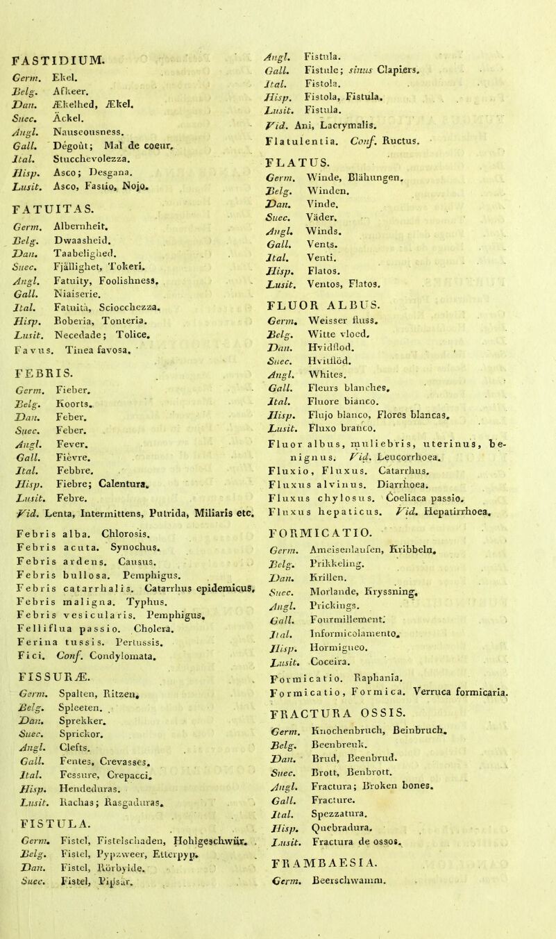 FASTIDIUM. G enn. Lelg. Dan. Suec. Angi. Gall. Jtal. Jlisp. Lusit. Ekel. Afkeer. /Ekelhed, Aikel. Ackel. Nauseousness. Degout; Mal de coeur, Stucchevolezza. Asco; Desgana. Asco, Fasiio, Nojo. FATUITAS. Genn. Albernheit. Lelg. Dwaaslieid. b Dan. Suec. Angi. Gall. Taabelighed. Fjallighet, Tokeri. Fatuity, Foolishness, Niaiserie. Angi. Fistula. Gall. Fistulc; sinus Clapi.ers. Jtal. Fi stola. Jlisp. Fistola, Fistula. Lusit. Fistula. Vid. Ani, Lacrymalis. Flatulentia. Conf. Ructus. FLATUS. Germ. Winde, Blahungen. Lelg. Winden. Dan. Vinde. Suec. Vader. Angi. Winds. Gall. Vents. Jtal. Venti. Jlisp. Flatos. Lusit. Ventos, Flatos. Jtal. Fatuita, Sciocchezza. FLUOR ALBUS. Jlisp. Boberia, Tonteria. Genn. Weisser tluss. Lusit. Necedade; Tolice. Lelg. Witte vloed. Favus, . Tinea favosa. ‘ Dan. Hvidflod. , Suec. Hvitllod. FEBRIS. Angi. Whites. Germ. Fieber. Gall. Fleurs blanches. Lelg. Koorts. Jtal. Fluore bianco. Dan. Feber. Jlisp. Flujo blanco, Flores blancas. Suec. Feber. Lusit. Fluxo branco. Angi. Fever. Fluor albus, muliebris, uterinus. Gall. Fievre. nignus. Vid. Leucorrhoea. Jtal. Febbre. Fluxio, Fluxus. Catarrhus. Jlisp. Fiebre; Calentura. Fluxus alvinus. Diarrhoea. Lusit. Febre. Fluxus chylosus. Coeliaca passio. Vid. Lenta, Intermittens, Putrida, Miliaris etc. Fluxus hepaticus. Vid. Hepatirrhoea, Febris alba. Chlorosis. Febris acuta. Synochus. Febris ardens. Causus. Febris bullosa. Pemphigus. Febris catarrhalis. Catarrhus epidemicus. Febris maligna. Typhus. Febris vesicularis. Pemphigus, Felliflua passio. Cholera. Ferina tussis. Pertussis. Fici. Conf. Condylomata. FISSURA. Germ. Spalten, Ritzen. Lelg. Spleeten. Dan. Sprekker. Suec. Sprickor. Angi. Clefts. Gall. Fentes, Crevasses. Jtal. Fessure, Crepacci, Jlisp. Hendeduras. Lusit. Rachas; Rasgaduras, FISTULA. Germ. Fistcl, Fistelschaden, Hohlgeschwur. , Lelg. Fistel, Pypzweer, Euerpyp» Dan. Fistcl, Rorbyl.de. Suec. Fistel, Pijlsiir, FORMICATIO. Germ. Ameisenlaufen, Kribbeln, Lelg. Prikkeling. Dan. Krillcn. Suec. Morlande, Kryssning-, Angi. Prickings. Gall. Fourmillemcnt.' Jtal. Informicolamento. Jlisp. Hormigueo. Lusit. Coceira. Formicatio. Raphania. Formicatio, Formica. Verruca formicaria. FRACTURA OSSIS. Germ. Knochenbruch, Beinbruch. Lelg. Beenbreuk. Dan. Brud, Beenbrud. Suec. Brott, Benbrott. Angi. Fractura; Broken bones. Gall. Fracture. Jtal. Spezzatura. Jlisp. Quebradura. Jnisit. Fractura de ossos. FRAMBAESIA. Germ. Beerschwamm.