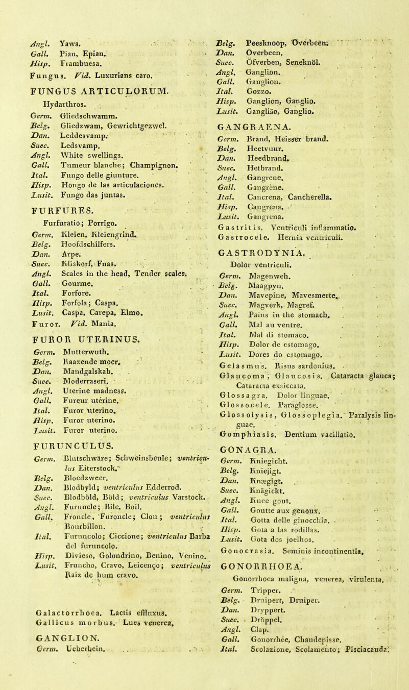 Angi. Yaws. Gall. Pian, Epian. Hisp. Frambuesa. Fungus. VicL. Luxurians caro. FUNGUS ARTICULORUM. Hydarthros. Germ. Gliedschvvamm. Belg. Gliedzwam, Gewrichtgezwel. JDan. Leddesvamp. Suec. Ledsvamp. Angi. Wliite swellings. Gall. Tumeur blanche; Champignon. Jtal. Fungo delle giunture. Hisp. Hongo de las articulaciones. Lusit. Fungo das juntas. FURFURES. Furfuratio; Porrigo. Germ. Kleien, Klciengrind. 'Belg. Hoofdschilfers. JDan. Arpe. Suec. Kliskorf, Fnas. Angi. Scales in the head, Tender scalesj Gall. Gourme. Jtal. Forfore. Hisp. Forfola; Caspa. Lusit. Caspa, Carepa, Elmo. Furor. Vid. Mania. FUROR UTERINUS. Germ. Mutterwuth. Raazende moer. Mandgalskab. Moderraseri. • Uterine madness. Fureur uterine. Furor uterino. Furor uterino. Furor uterino. Belg. JDan. Suec. Angi. Gall. Jtal. Hisp. Lusit. Belg. JDan. Suec. Angi. Ga ll. Jtal. Hisp. Lusit. Galactorrhoea. Lactis eilluxus. Gallicus morbus. Lues venerea, GANGLION. Germ. Ueberbein. .. ... .. Belg. Peesknoop, Overbeen; JDan. Overbeen. Suec. Ofverben, Seneknol. Angi, Ganglion. Gall. Ganglion. Jtal. Gozzo. Hisp. Ganglion, Ganglio. Lusit. Gangliao, Ganglio. GANGRAENA. Germ. Brand, Heisser brand. Heetvuur. Heedbrandp Hetbrand. Gangrene. Gangrene. Cancrena, Cancherella. Cangrena. Gangrena. Belg. JDan. Suec. Angi. Gall. Jtal. Hisp. Lusit. Gastritis, Ventriculi inflammatio. Gastrocele. Hernia ventriculi. GASTRODYNIA. Dolor ventriculi. Germ. Magenweh. Maagpyn. Mavepine, Mavesmerte. Magverk, Magref. Pains in the stomach. Mal au ventre. Mal di stomaco. Dolor de estomago. Belg. JDan. Suec. Angi. Gall. Jtal. Hisp. Lusit. Gelasmus. Risus sardonius. Glaucoma; Glaucosis. Cataracta glauca; Cataracta exsiccata. Dores do estomago. Glossagra. Dolor linguae. Glossocele. Paraglosse. Glossolysis, Glossoplegia. Paralysis lin- guae. Gomphiasis. Dentium vacillatio. FURUNCULUS. Germ. Blutschware; Schweinsbeule; ventricu- lus Eiterstock. Rloedzweer. Blodbyld; ventriculus Edderrod. Blodbold, Bbld; ventriculus Varstock. Furuncle; Bile, Boii. Froncle, Furoncle; Clou; ventriculus Bourbillon. Furuncolo; Ciccione; ventriculus Barba dei furuncolo. Divieso, Golondrino, Benino, Venino. Fruncho, Cravo, Leicen^o; ventriculus Raiz de hum cravo. GONAGRA. Germ. Belg. Kniegicht. Kniejigt. JDan. Knsegigt. Suec. Iinagickt. Angi. Knee gout. Gall. Goutte aux genoux. Jtal. Gotta delle ginocchia. Hisp. Gota a las rodillas. Lusit. Gota dos joelhos. Gonocrasia. Seminis incontinentia, GONORRHOEA. Gonorrhoea maligna, venerea, virulenta. Germ. Tripper. Belg. Druipert, Druiper. JDan. Dryppert. Suec. - Drbppel. Angi. Clap. Gall. Gonorrhee, Chaudepisse. Jtal. Scolazione, Scolamento; Pisciacaudav