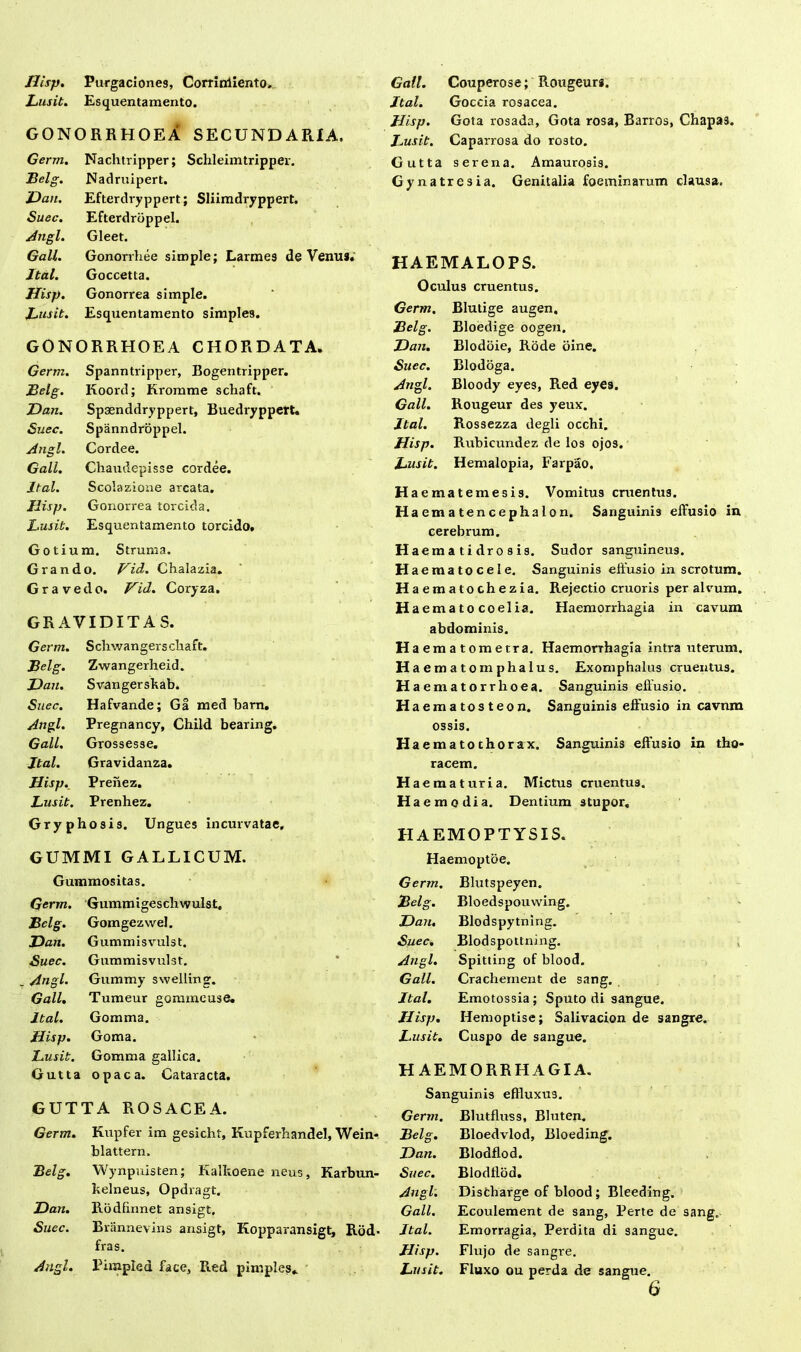 Hisp. Purgaciones, Corrioliento. Lusit. Esquentamento. GONORRHOEA SECUNDARIA. Germ. Nachtripper; Schleimtripper. Belg. Nadruipert. jDau. Efterdryppert; Sliimdryppert. Suec. Efterdrbppel. Angi. Gleet. Gall. Gonorrhee simple; Larmes de Venu*. Jtal. Goccetta. Hisp. Gonorrea simple. Lusit. Esquentamento simples. GONORRHOEA CHORDATA. Germ. Spanntripper, Bogentripper. Belg. Koord; Rromme schaft. Dan. Spsenddryppert, Buedryppert. Suec. Spanndrbppel. Angi. Cordee. Gall. Chamlepisse cordee. Jtal. Scolazione areata. Hisp. Gonorrea torcida. Lusit. Esquentamento torcido, Gotium. Struma. Grando. Vid. Chalazia. Gravedo. Vid. Coryza. GRAVIDITAS. Germ. Schwangerscliaft. Belg. Zwangerheid. Dan. Svangerskab. Suec. Hafvande; Ga med barn. Angi. Pregnancy, Child bearing. Gall. Grossesse. Jtal. Gravidanza. Hisp. Prehez. Lusit. Prenhez. Gryphosis. Ungues incurvatae. Gall. Couperose; Rougeur*. Jtal. Goccia rosacea. Jlisp. Gota rosada, Gota rosa, Barros, Chapas. Lusit. Caparrosa do ro3to. Gutta serena. Amaurosis. Gy natresia. Genitalia foeminarum clausa. HAEMALOPS. Oculus cruentus. Germ. Blutige augen, Belg. Bloedige oogeu. Dan. Blodoie, Rode bine. Suec. Rlodoga. Angi. Bloody eyes, Red eyes. Gall. Rougeur des yeux. Jtal. Rossezza degli occhi. Hisp. Rubicundez de los ojos. Lusit. Hemalopia, Farpao. Ha ematemesis. Vomitus cruentus. Haematencephalon. Sanguinis effusio in cerebrum. H aematidrosis. Sudor sanguineus. Ha ematocele. Sanguinis effusio in scrotum. Ha emalochezia. Rejectio cruoris per alvum. Ha ematocoelia. Haemorrhagia in cavum abdominis. H aematometra. Haemorrhagia intra uterum. Ha ematomphalus. Exomphalus cruentus. Ha ematorrhoea. Sanguinis effusio. Ha ematosteon. Sanguinis effusio in cavnm ossis. Ha ematothorax. Sanguinis effusio in tho- racem. H a e maturi a. Mictus cruentus. Haemodia. Dentium stupor. HAEMOPTYSIS. GUMMI GALLICUM. Gummositas. Germ. Gummigeschwulst, Belg. Gomgezwel. Dan. Gummisvulst. Suec. Gummisvulst. Angi. Gummy swelling. Gall. Tumeur gommeuse. Jtal. Gomma. Hisp. Goma. Lusit. Gomma gallica. Gutta opaca. Cataracta. GUTTA ROSACEA. Germ. Kupfer im gesicht, Kupferhandel, Wein- blattern. Belg. Wynpuisten; Kalkoene neus, Karbun- kelneus, Opdragt. Dan. Rodfmnet ansigt. Suec. Brannevins ansigt, Kopparansigt, Rod- fras. Angi. Pimplea face, Red pintplesfc Haemoptoe. Germ. Blutspeyen. Belg. Bloedspouwing. Dan. Blodspytning. Suec. Blodspottning. Angi. Spitting of blood. Gall. Crachement de sang. Jtal. Emotossia; Sputo di sangue. Hisp. Hemoptise; Salivacion de sangre. Lusit. Cuspo de sangue. HAEMORRHAGIA. Sanguinis effluxus. Germ. Blutfluss, Bluten. Belg. Bloedvlod, Bloeding. Dan. Blodflod. Suec. Blodflod. Angi. Distbarge of blood; Bleeding. Gall. Ecoulement de sang, Perte de sang. Jtal. Emorragia, Perdita di sangue. Hisp. Flujo de sangre. Lusit. Fluxo ou perda de sangue. 6