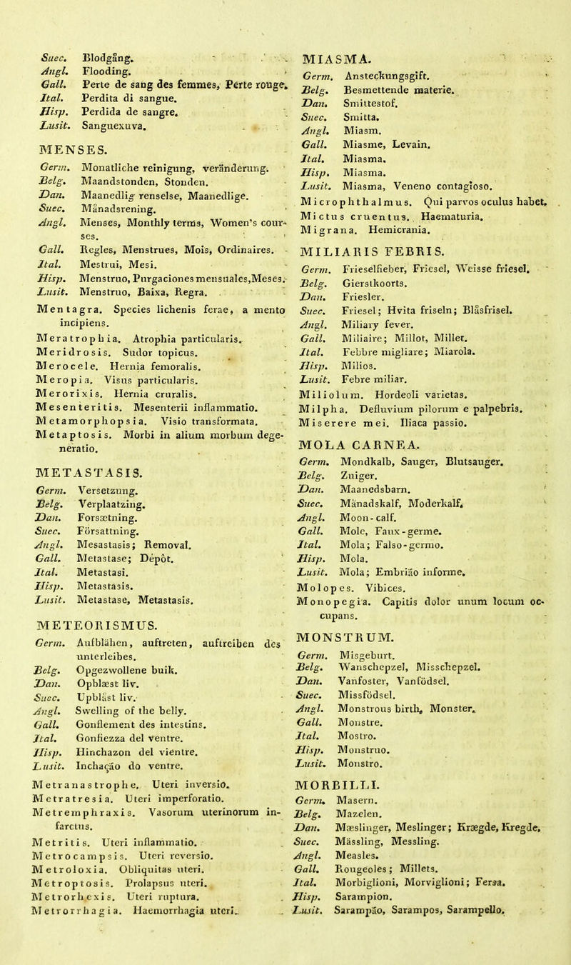 Suec. Blodgang. * Angi, Flooding. Gall. Perte de sang des femmes, Perte rot Jtal. Perdita di sangue. Hisp. Perdida de sangre. Lusit. Sanguexuva. MENSES. Gcrm. Monatliche reinigung, veranderiuig. JBelg. Maandstonden, Stonden. Dan. Maanedli^- renselse, Maanedlige. Suec. Manad3rening. Angi. Menses, Monthly terms, Women’s cour- scs. Gall. Regles, Menstrues, Mois, Ordinaires. MIASMA. Germ. Ansteckungsgift. JBelg. Besmettende materie. Dan. Smittestof. Suec. Smitta. Angi. Miasm. Gall. Miasme, Levain. Jtal. Miasma. Hisp. Miasma. Lusit. Miasma, Veneno contagioso Microphthalmus. Qui parvos oculus habet. Mictus cruentus. Haematuria. Mi grana. Hemicrania. MILIARIS FEBRIS. Jtal. Mestrui, Mesi. Germ. Frieselfieber, Friesel, Weisse friesel Hisp. Menstruo, Purgaciones mensuales,Meses. JBelg. Gierstkoorts. Lusit. Menstruo, Baixa, Regra. Dan. Friesler. Mentagra. Species lichenis ferae, a mento Suec. Friesel; Hvita friseln; Blasfrisel. incipiens. Angi. Miliary fever. Mera trop hia. Atrophia particularis. Gall. Miliaire; Millot, Millet. Meridrosis. Sudor topicus. Jtal. Febbre migliare; Miarola. Merocele. Hernia femoralis. Hisp. Milios. Mero pia. Visus particularis. Lusit. Febre miliar. Merorixis. Hernia cruralis. Miliolum. Hordeoli varietas. Me s en ter i ti s. Mesenterii inflammatio. Milph a. Defluvium pilorum e palpebris. Metamorpliopsia. Visio transformata. Miserere mei. Iliaca passio. Metaptosis. Morbi in alium morbum dege- neratio. MOLA CARNEA. METASTASIS. Germ. Mondkalb, Sauger, Blutsauger. JBelg. Zuiger. Gerra. Versetzung. Dan. Maancdsbarn. JBelg. Verplaatzing. Suec. Manadskalf, Moderkalf» Dan. Forsaetning. Angi. Moon- calf. Suec. Fbrsattning. Gall. Mole, Faux-germe. Angi. Mesastasis; Removal. Jtal. Mola; Falso-germo. Gall. Metastase; Depot. Hisp. Mola. Jtal. Metastasi. Lusit. Mola; Embriao informe. Hisp. Metastasis. Lusit. Metastase, Metastasis. METEORISMUS. Germ. Aufblahen, auftreten, auflreiben des unterleibes. ]Bclg. Opgezwollene buik. I)an. Opblaest liv. Succ. UpbUist liv. Angi. Swelling of tlie belly. Gall. Gonflement des intestins. Molopes. Vibices. Monopegia. Capitis dolor unum locum oc- cupans. MONSTRUM. Germ. Misgeburt. JBelg. Wanschepzel, Misschepzel. Dan. Vanfoster, Vanfbdsel. Suec. Missfodsel. Angi. Monstrous birtli, Monster. Gall. Monstre. Jtal. Gonfiezza dei Ventre. Jtal. Mostro. Jlisp. Hinchazon dei vientre. Jlisp. Monstruo. Lusit. Inchacao do ventre. Lusit. Monstro. M etr an a s troph e. Uteri inversio. MORBILLI. Metra tres i a. Uteri imperforatio. Germ. Masern. Metremphraxis. Vasorum uterinorum in- JBelg. Mazelen. farctus. Dan. Maeslinger, Meslinger; Kraegde, Kregde, Metritis. Uteri inflammatio. Suec. Massling, Messling. Metrocampsis. Uteri reversio. Angi. Measles. Metroloxia. Obliquitas uteri. Gall. Rougeoles; Millets. Metroptosis. Prolapsus uteri. Jtal. Morbiglioni, Morviglioni; Fer$a. Metrorhexis. Uteri ruptura. Jlisp. Sarampion.