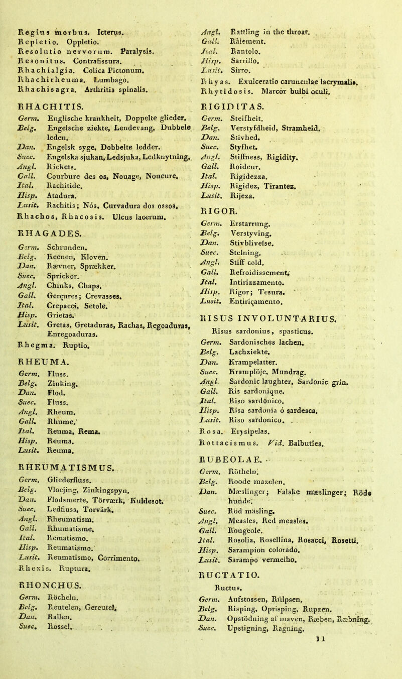 Regius morbus. Icterus. Repletio. Oppletio. Resolutio nervorum. Paralysis. R.esonitus. Contrafissura. Rliachialgia. Colica Pictonum. Rhachirheuma. Lumbago. Rha chis agra. Arthritis spinalis. RHACHITIS. Genn. Englisclie krankheit, Doppelte glieder. Belg. Engelsche zielite, Lendevang, Dubbele leden. t JDan. Engelsk syge, Dobbelte ledder. Suec. Engelska sjukan, Ledsjuka, Ledknytning. Angi. Rickets. Gall. Courbure des os, Nouage, Noueure. Jtal. Rachitide. Jlisp. Atadura. Lusit. Rachitis; Nos, Curvadura dos ossos. Rhachos, Rhacosis. Ulcus lacerum. RHAGADES. Germ. Schiunden. Belg. Keenen, Kloven. JDan. Raevner, Spraekker. Suec. Sprickor. Angi. Chinks, Chaps. Gall. Gercures; Crevasses. Jtal. Crepacci, Setole. Hisp. Grietas.1 Lusit. Gretas, Gretaduras, Rachas, Regoaduras, Enregoaduras. Rhegma. Ruptio. RHEUMA. Germ. Fluss. Belg. Zinking. JDan. Flod. Suec. Fluss. Angi. Rheum. Gall. Rhume.' Jtal. Reuma, Rema. 1 Hisp. Reuma. Lusit. Reuma. RHEUMATISMUS. Germ. Gliederfluss. Belg. Vloejing, Zinkingspyn, IDau. Flodsmerte, Torvaerk, Kuldesot. Suec. Ledfluss, Torvark. Angi. Eheumatism. Gall. Rhumatisme. Jtal. R.ematismo. Jlisp. Reumatismo. Lusit. Reumatismo, Commento. Rhex i s. Ruptura. RHONCHUS. Germ. Rocheln. Belg. Reuteien, Gereutel, JDan. Rallen. Suec. Rossel. Angi. Rattling In the throat. Gall. Ralement. Jtal. Rantolo. Hisp. Sarrillo. Irrisit. Sirro. II h y a s. Exulceratio carunculae lacrymali*. Rhytidosis. Marcor bulbi oculi. RIGID ITAS. Cerm. Steifheit. Belg. Verstyfdlieid, Stramheid, Dan. Stivhed. Suec. Styfhet. Angi. Stiffness, Rigidity. Gall. Roideur. Jtal. Rigidezza. Hisp. Rigidez, Tirantez. Lusit. Rijeza. RIGOR. Genn. Erstarrnng. Belg. Verstyving. JDan. Stivblivelse. Suec. Stelning. Angi. Stiff cold, Gall. Refroidissement. Jtal. Intirizzamento. Hisp. Rigor; Tesura. Lusit. Entiriqamcnto. RISUS INVOLUNTARIUS. Risus sardonius, spasticus. Germ. Sardonisches lachen. Belg. Lachziekte. JDan. Krampelatter. Suec. Kramploje, Mundrag. Angi Sardonie laughter, Sardonie grin. Gall. Ris sardonique. Jtal. Riso sardonico. Hisp. Risa sardonia 6 sardesca. Lusit. Riso sardonico. . Ro s a. Eiysipelas. R o 11 a cismus. Hid. Balbuties. RUBEOLAE. - Germ. Rothelnl Belg. Roode mazelen. JDan. Maeslinger; Falske maeslinger; Rode hunde; • Suec. Rod masling. Angi, Measles, Red measles. Gall. Rougeole. J tal. Rosolia, Rosellina, Roeacci, Rosetti. Hisp. Sarampion colorado. Lusit. Sarampo vermeiho. RUCTATIO. Ructus. Germ. Aufstossen, Riilpsen. Belg. Risping, Oprisping, Rupzen. JDan. Opstodning af maven, Raeben, Racbnmg. Suec. Upstigning, Ragning. 11