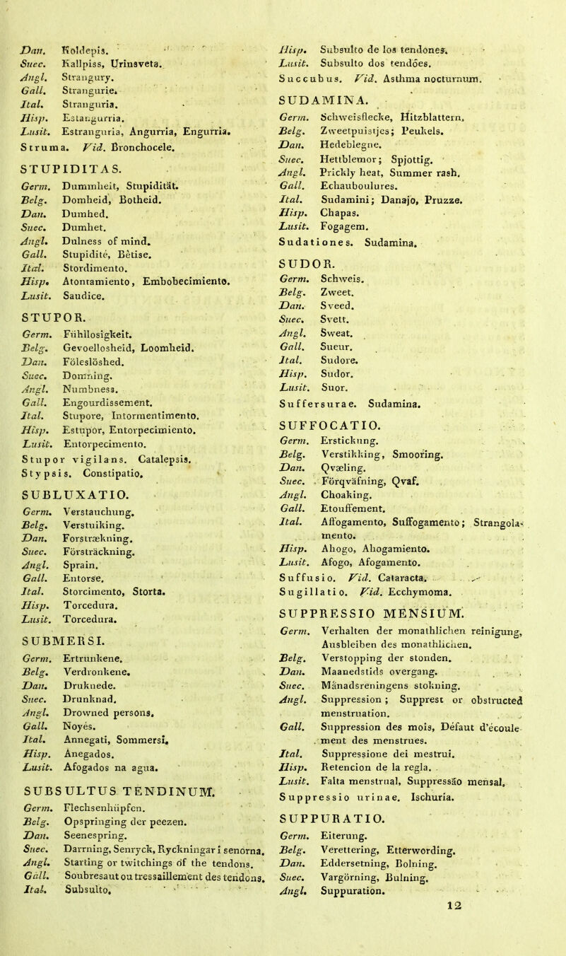 JDan. Koldepis. Snec. Kallpiss, Urinaveta. Angi. Strangury. Gall. Strangurie. Jtal. Stranguria. IJisjj. Estangurria. Lusit. Estranguria, Angurria, Engurria. Struma. Vid. Bronchocele. STUPIDITAS. Germ. Dummlieit, Stupiditat. Belg. Domheid, Botheid. JDan. Dumhed. Suec. Dumhet. Angi. Dulness of mind. Gall. Stupidite, Betise. Ital. Stordimento. Hisp• Atontamiento, Embobecimiento. Lusit. Saudice. STUPOR. Germ. Fiihllosigkeit. Belg. Gevoellosheid, Loomlieid. Dau. Folesloshed. Susc. Domning, Angi. Ntimbness. Gall. Engourdissement. Jtal. Stupore, Intormentimento. Hisp. Estupor, Entorpecimiento. Lusit. Entovpecimento. Stupor vigilans. Catalepsi». Stypsis. Constipatio. SUBLUXATIO. Germ. Verstauchung. Belg. Verstuiking. JDan. Forstrsekning. Suec. Forstrackning. Angi. Sprain. Gall. Entorse. Jtal. Storcimento, Storta. Hisp. Torcedura. Lusit. Torcedura. SUBMERSI. Germ. Ertrunkene. Belg. Verdronkene. JDan. Druknede. Suec. Brunknad, Jugi. Drowned persons. Gall. Noyes. Jtal. Annegati, Sommersi. Hisp. Anegados. Lusit. Afogados na agua. SUBSULTUS TENDINUM. Germ. Flechsenhiipfen. Belg. Opspringing der peezen. JDan. Seenespring. Suec. Darrning, Senryck, Ryckningar i senorna. Angi. Starting or twitchings of the tendons. Gall. Soubresaut ou tressaillement des tendons. Jtal. Subsulto, ' Jlisp. Subsulto de los tendone*. Lusit. Subsulto dos tendoes. Succubus. Vid. Asthma nocturnum. SUDAMINA. Germ. Schweisflecke, Hitzblattern, Belg. Zweetpuistjes; Peukels. JDan. Hedeblegne. Suec. Hettblemor; Spjottig. Angi. Prickly heat, Suramer rash. Gall. Ecliauboulures. Jtal. Sudamini; Danajo, Pruzze. Hisp. Chapas. Lusit. Fogagem. Sudationes. Sudamina. SUDOR. Germ. Schweis. Belg. Zweet. JDan. Sveed. Suec. Svett. Angi. Sweat. Gall. Sueur. Jtal. Sudore. Hisp. Sudor. Lusit. Suor. Suffersurae. Sudamina. SUFFOCATIO. Germ. Erstickung. jBe/g. Verstikking, Smooring. JDan. Qvseling. Suec. Forqvafning, Qvaf. Angi. Choaking. Gall. Etouffement. Jtal. Alfogamento, Suffogamento; Strangola* mento. Hisp. Ahogo, Aliogamiento. Lusit. Afogo, Afogamento. Suffusio. Vid. Cataracta. ^ Sugillatio. Vid. Ecchymoma. SUPPRESSIO MENSIUM. Germ. Verhalten der monathlichen reinigung, Ausbleiben des monathlichen. Belg. Verstopping der stonden. JDan. Maanedstids overgang. Suec. Manadsreningens stokning. Angi. Suppression ; Supprest or obstructed menstruation. Gall. Suppression des mois, Defaut d’ecoule . ment des menstrues. Jtal. Suppressione dei mestrui. Hisp. Retencion de la regia. Lusit. Falta menstrual, SuppressSo mensal. Suppressio urinae. Ischuria. SUPPURATIO. Germ. Eiterung. Belg. Verettering, Etterwording. JDan. Eddersetning, Bolning. Suec. Vargorning, Bulning. Angi. Suppuration. - 12