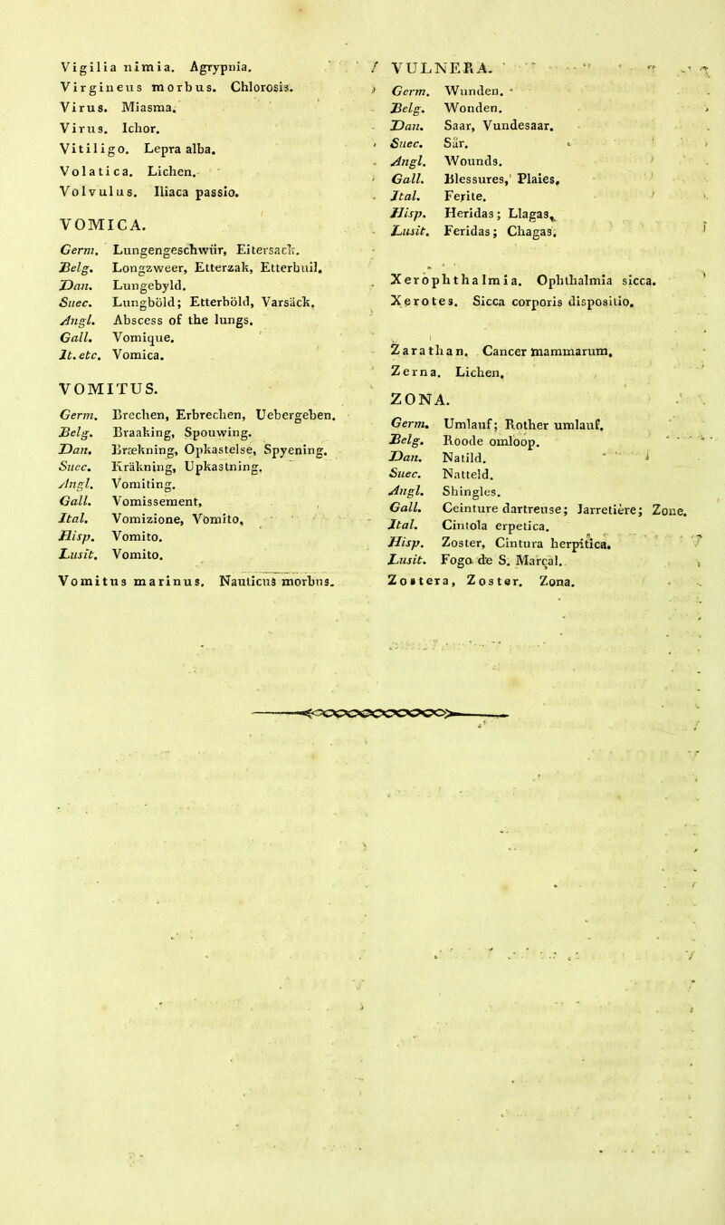 Vigilia nimia. Agrypnia. Virgineus morbus. Chlorosis. Virus. Miasma. Virus. Ichor. Vitiligo. Lepra alba. Volatica. Lichen. Volvulus. Iliaca passio. VOMICA. Germ. Lungengeschwiir, Ei tersa ck. jBelg. Longzweer, Etterzak, Etterbuil. Dan. Lungebyld. Suec. Lungbold; Etterbold, Varsiick. Angi. Abscess of the lungs. Gall. Vomique. It.etc. Vomica. VOMITUS. Germ. Brechen, Erbrechen, Uebergeben. JBelg. Braaking, Spouwing. Dan. Braekning, Opkastelse, Spyening. Succ. Krakning, Upkastning. Anel. Vomiting. Gall. Vomissement, Ital. Vomizione, Vomito, Ilisp. Vomito. Lusit. Vomito. Vomitus marinus. Nauticus morbus. VULNERA. ' - •- 1 •' „■ Germ. Wunden. * jBelg. Wonden. Dan. Saar, Vundesaar. Suec. Sar. <• Angi. Wounds. Gall. Blessures,1 Plaies, Ital. Ferite. Ilisp. Heridas; Llagas, Lusit. Feridas; Chagas. Xerophthalmia. Ophthalmia sicca. Xerotes. Sicca corporis dispositio. i Zarathan. Cancer mammarum, Zerna. Lichen, ZONA. Germ. Umlauf; Rother umlauf. jBelg. Roode omloop. Dan. Natild. ‘ 1 Suec. Natteld. Angi. Shingles. Gall. Ceinture dartreuse; Jarretiere; Zone. Ital. Cintola erpetica. Hisp. Zoster, Cintura herpitica. Lusit. Fogo de S. Marcal. Zoster a, Zoster. Zona. <copcococo©c$