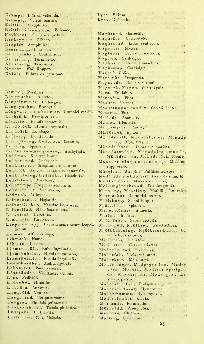 Krainpa. Infirma Valetudo. Kr ii m p i g. Valetudinarius. Krittlar. Scrophnlae. Krittlar i liumsken. Bubones. Krokbent. Curvatura pedum. Krokryggig. Gibber. Ii r o p f er. Scrophnlae. Krossning. Contusio. K rurapenhet. Contractura. Kryssning. Formicatio. Krystning. Tenesmus. K ve soi'. Kid. Koppor. Itylsar. Vulnus ex pernione. Lambet. Paralysis. Langmaskar. Teretes. Liingslummer. Lethargus. L a ngsynthe t. Presbytia. Langvarige sjukdomar. Chronici morbi. Larbrack. Hernia cruralis. Larfistel. Fistula femoralis. Landbrack. Hernia inguinalis. Landvark. Lurnbago. Lattning. Pandiculatio. Ledbrytning, Ledbrott. Luxatio. Leddrag. Spasmus. L edens sa mea an gro ni ng. Anchyiosis. Lodflnss. Rheumatismus. Ledhardnad. Anchyiosis. Ledknarren. Strepitus articulorum. Ledknol. Ganglion articulare, synoviale. Ledknytning, Ledsjuka. Ilhachitis. Ledstifnad. Ancylosis. Ledsvamp, Fungus articulorum. L e d vridning. Subluxatio. L e d v ii r k. Arthritis. Lefverbrand. Hepatitis. L e fv er f 1 a ck a r. Maculae hepaticae. L e f v e r f 1 o d. Hepaticus fluxus. Lefversot. Hepatitis, Lemmlytt. Paralyticus. Leopolds liipp. Labium mons tvosum leopol- dinum. Lifmus. Arthritis vaga. Likmask. Noma. Liktorn. Clavus. Ljumskebold. Bubo inguinalis. Ljumskebrack. Hernia inguinalis. Ljumskefistel. Fistula inguinalis. Lommhordhet. Auditus gravis. Lokvaxter. Porri venerei. Losa tander. Vacillantes dentes. Lbss. Pediculi. Ludenhet. Flirsuties. Luktlosa. Anosmia. Lungbbld. Vomica. Lungbrand. Peripneumonia. Lungsot. Phthisis pulmonalis. Lungsotshosfa. Tussis phthisica. Lussjuka. Phthiriasis. Lystenhet. Fica, Malacia, Lyte. Vitium. L y 11. Deformis. ' M a g b r a n d. Gasteritis. Magbrack. Gasterocele. Magbranad. Ardor ventriculi. M ager liet. Macies. Magfeber. Febris mesenterica. Magflen. Cardialgia. Maghosta. Tussis stomachica. M a g k r a m p. Cardialgia. Magref. Colica. Magsjuka. Dyspepsia. Magsveda. Dolor ventriculi. Magvark, Magve. Gastrodynia. Mara. Ephialtes. Martofva. Plica. M a s k a r. Vermes. Maskstungna tander. Cariosi dentes. Materie. Pus. Mati e da. Anorexia. Matsot. Lienteria. Matvamjelse. Asitia. M ullos het. Aphonia. M a ii a d s k a 1 f, Miinadsfoster, M ii n a d s- klimp. Mola uterina. M anadsraseri. Lunaticus morbus. Manadsrening, Manads fra afman de, Manadssjuka, Manadsvark. Menses. Manadsreningens stockning. Mensium suppressio. Margling. Atrophia, Phthisis nervosa. Medarfde sjukdomar. Hereditarii morbi, Medfod flack. Naevus maternus. M e 11 e m g Lr d s b r a n d. Diaphragmilis. Messling, Miissling. Morbilli; Rubeolae. Metmaskar. Lumbrici teretes. Mjalthugg. Splenitis spuria. Mjaltsjuka. Splenitis. Minnesloshet. Amnesia. Misfail. Abortus. Mjolkfeber. Febris lactaria. Mjolkflod, Mjolksot. Galactirrhoea. M j o 1 kk a s t n i n g , M j b 1 k s t o c kn i n g. Ga~ laclirrhoea erronea. Mjolkpiss. Diabetes. M j o 1 k s t a r r. Cataracta lactea. Moderbranad. Hysteritis. Moderfall. Prolapsus uteri. Moderkalf. Mola uteri. Moder plagor, M o d e r p a s s i o n , Moder- vark, Modern, Modcrns upstigan- d e , M o d e r s j u k a , Moderqvaf. Hy- sterica passio. M o d e r s 1 i d e f a 11. Prolapsus vaginae. M o de r s t b r t n i n g. Hy sleroptosis. M o d e r t r u m m a. Ilysterophyse. M o d s t u 1 e n h e t. Atoina. M o r 1 a n d e. Formicatio. Morkradd. Panophobia. Mosjuka. Chlorosis. - Multing. Sphacelus. 25