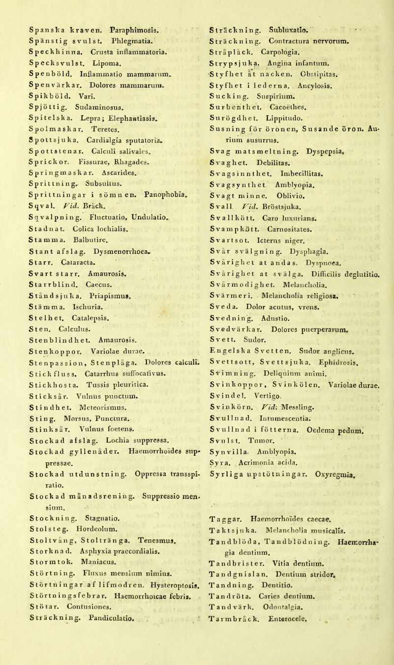 Spanska kraven. Paraphimosis, Spanstig svulst. Phlegmatia. Speckhinna. Crusta inflammatoria. Spccksvulst. Lipoma. Spenbold. Inflammatio mammarum. Spenvarkar, Dolores mammarum. Spikbold. Vari. Spjottig. Sudaminosus, Spitelska. Lepra; Elephantiasis. Spolmaskar. Teretes. Spottsjuka. Cardialgia sputatoria» Spottstenar. Calculi salivales. Sprickor. Fissurae, Rhagades. Springmaskar. Ascarides. Sprittning. Subsultus. Sprittningar i somnen. Panophobia. Sqval. Vid. Brack. Sqvalpning. Fluctuatio, Undulatio. Stadnat. Colica lochialis. S tamni a. Balbutire. Stant afslag. Dysmenorrhoea* Starr. Cataracta. Svart starr. Amaurosis, Starrblind. Caecus. Btandsjuka. Priapismus. Stamma. Ischuria. Stelhet. Catalepsis. St en. Calculus. Sten b 1 in d h e t. Amaurosis. Stenkoppor. Variolae durae. Stenpassion, Stenplaga. Dolores calculi. S tick fl u s s. Catarrhus suffocauvus. Stickhosta. Tussis pleuritica. Sticksar. Vulnus punctum. Stindhet. Meteovismus. Sting. Morsus, Punctura. Stinksar. Vulnus foetens. Stockad afslag. Lochia suppressa. Stockad gy 11 en a der. Haemorrhoides sup- pressae. Stockad utdunstning. Oppressa transspi- ratio. Stockad manadsrening. Suppressio men- sium. Stockning. Stagnatio. Stolsteg. Hordeolum. Stoltvang, Stoltranga. Tenesmus. S to rk n a d. Asphyxia praecordialis. Stormtok. Maniacus. Stortning. Fluxus mensium nimius. Stbrtningar af lifmod ren. Hysteroptosis. Stortningsfebrar. Haemorrhoicae febris. Stotar. Contusiones. Strackning. Pandiculatio. Strackning. Subluxatio. Strackning. Contractura nervorum. Straplack. Carpologia. Strypsjuka. Angina infantum. 'Styfhet at nacken. Obstipitas. Styfhet i lederna. Ancylosis. S u c k i n g. Suspirium. Surbenthet. Cacoethes. Surogdhet. Lippitudo. Susning for oronen, Susande oron. Au- rium susurrus. Svag matsmeltning. Dyspepsia, Svaghet. Debilitas. S v a gs i n n t he t. Imbecillitas. Svagsyntliet Amblyopia. Svagt minne. Oblivio. Svall Vid. Brostsjuka. Svallkott. Caro luxurians. Svampkijtt. Carnositates. Svartsot. Icterus niger. Svar svalgning. Dysphagia. Svarighot at an das. Dyspnoea. Svarighet at s valga. DifHcilis deglutitio, Svarmodighet. Melancholia. Svarmeri. Melancholia religiosa. Sveda. Dolor acutus, vrens. Svedning. Adustio. Svedvarkar. Dolores puerperarum. Svett. Sudor. Engelska Svetten. Sudor anglicus. Svettsott, Svettsjuka. Ephidrosis. Svimning. Deliquium animi. Svinkopnor, Svinkolen. Variolae durae. Svindel. Vertigo. Svinkorn. Vid. Messling. Svullnad. Intumescentia. Svullnad i fotterna. Oedema pedum. Svulst. Tumor. Synvilla- Amblyopia. Syra. Acrimonia acida. Syrliga upstotningar. Oxyregmia. Taggar. Haemorrhoides caecae. Taktsjuka. Melancholia musicalis. T a n d b 1 b d a , Tandblodning. Haemorrha- gia dentium. Tandbrister. Vitia dentium. Tandgnislan. Dentium stridor, Tandning. Dentitio. Tandrota. Caries dentium. Tandvark. Odontalgia. Tarmbrack. Enterocele.