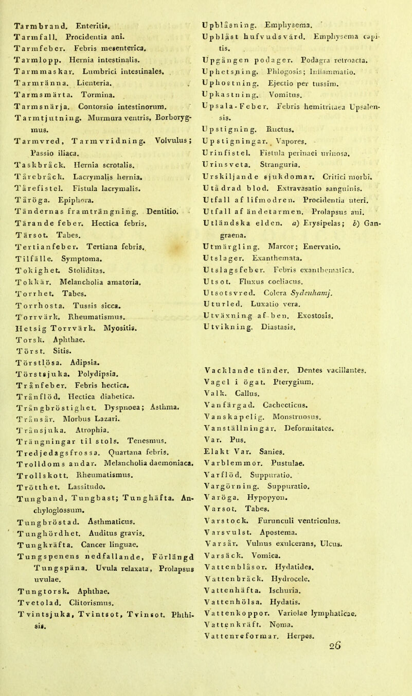 Tarmfall. Procidentia ani. Tarmfeber. Febris mesenterica. Tarmlopp. Hernia intestinalis. Tarmmaskar. Lumbrici intestinales. Tarmranna. Lienteria. Tarmsmarta. Tormina. Tarmsnarja. Contorsio intestinorum, T a r m t j u t n i n g. Murmura ventris, Borboryg- mus. Tarmvred, Tarravridning. Volvulus; Passio iliaca. Taskbrack. Ilernia scrotalis, rebrack. Lacrymalis hernia, refistel. Fistula lacrymalis. Taroga. Epiphora. Tiindernas framtrangning. Dentitio. Taran de feber. Hectica febris. Tarsot. Tabes. Ter t i a n feb e r. Tertiana febris. Til falle. Symptoma. Tokighet. Stoliditas. Tokkar. Melancholia amatoria. Torrhet. Tabes. Torrhosta. Tussis sicca. Torrvark. Rheumatismus. Iletsig Torrvark. Myositis. Torsk. Aphthae. T o r s t. Sitis. Torstlbsa. Adipsia. Torstsjuka. Polydipsia. Tranfeber. Febris hectica. Tranflod. Hectica diabetica. TrSngbrostighet. Dyspnoea; Asthma. Trans ar. Morbus Lazari. Trunsjuka. Atrophia. Trangningar til stols. Tenesmus. Tred je d a gs fro s s a. Quartana febris. Trolldoms andar. Melancholia daemoniaca. Trollskott. Rheumatismus. Trotthet. Lassitudo. Tungband, Tungbast; TunghSfta. An- chyloglossum. Tungbrostad. Asthmaticus. Tunghordhet. Auditus gravis. Tungkrafta. Cancer linguae. Tungspenens nedfallande, For liingd Tungspana. Uvula relaxata, Prolapsus uvulae. Tungtorsk. Aphthae. Tvetolad. Clitorisrmis. Tvintsjuka, Tvintsot, Tvinsot. Pluhi- si*. Upblast hufvudsvard. Emphysema capi- tis. Upg angen podager. Podagra retroacta. Uphets jiing. Plilogosis; Inflammatio. Upliostning. Ejectio per tussim. Upkastning. Vomitus. U p s a 1 a - F eb e r. Febris hemitritaea Up salon- sis. Upstigning. Ructus. Upstigningar. Vapores. Urinfistel. Fistula perinaei urinosa, Urinsveta. Stranguria. Urskilj an de sjukdomar. Critici morbi. Utadrad blod. Extravasatio sanguinis. Utfall aflifmodren. Procidentia uteri. Utfall af andetarmen. Prolapsus ani. Utlandska elden. d) Erysipelas; b) Gan- graena. Utmargling. Marcor; Enervatio. Utslager. Exanthemata. Utslagsfeber. Febris exanthematica. Utsot. Fluxus coeliacus. U t s o t s v r e d. Colera Sydcuhamj. Uturled. Luxatio vera. Utvaxning af-ben. Exostosis. Utvikning. Diastasis. Vacklande tander. Dentes vacillantes. Vagel i ogat. Pterygium. Valk. Callus. Vanfargad. Cachecticus. Vanskapelig. Monstruosus. V anstallningar. Deformitates. Var. Pus. Elakt Var. Sanies. Varblemmor. Pustulae. Varflod. Supptiratio. Vargo r n i n g. Suppuratio. Varoga. Hypopyon. V arsot. Tabes. V a r s t o c k. Furunculi ventriculus. Varsvulst. Apostema. Varsar. Vulnus exulcerans. Ulcus. Varsack. Vomica. Vattenblasor. Hydatides. Vattenbrack. Hydrocele. Vattenhafta. Ischuria. Vattenholsa. Hydatis. Vat tenko ppor. Variolae lymphaticae. Vattenkraft. Noma. Vattenreformar. Herpes. s 26
