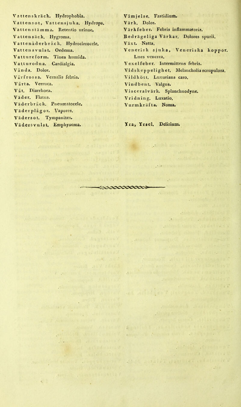 Vattenskrack. Hydrophobia. Vattensot, Vattensjuka. Hydrops. Vattenstamma. Retentio urinae. Vattensack. Hygroma. Vattenaderbrack. Hydrocirsoeele. Vattensvulst. Oedema. Vattureform. Tinea humida. Vatturodna. Cardialgia. Vanda. Dolor. Varfrossa. Vernalis febris. Varta. Verruca. Vat. Diarrhoea. Vader. Flatus. Vader brack. Pneumatocele. Vader plagor. Vapores. Vadersot. Tympanites. Vaders vulst. Emphysema. Vamjelse. Fastidium. Vark. Dolor. Varkfeber. Febris inflammatoria. Bedrageliga Varkar. Dolores spurii. Vaxt. Natta. Venerisk sjuka, V eneris k a koppor. Lues venerea. Vexelfeber, Intermittens febris. Vidskeppelighet, Melancholia scrupulosa. Vildkott. Luxurians caro. Vindbent. Valgus. Visceralviirk. Splanchnodyne. Vridning. Luxatio. Vurmkriifta. Noma. Yra, Yrsel. Delirium. <ccvx?oa>ccoo->