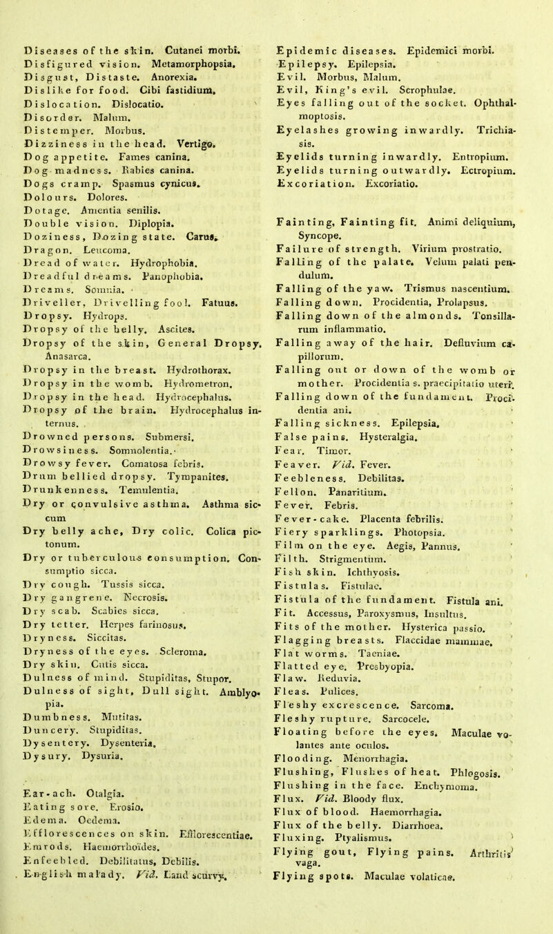 D isfigured vision. Metamorphopsia. Disgust, Distas te. Anorexia. Dislike for food. Cibi fastidium. Dislocatio n. Dislocatio. ' Disorder. Malum. Distem per. Morbus. Dizziness in the liead. Vertigo. Dog appetite. Fames canina. Dog madncss. Rabies canina. Dogs cramp. Spasmus cynicu9. Dol ours. Dolores. Dotage. Amentia senilis. D ouble vision. Diplopia. Doziness, D-ozing state. Carus. Dragon. Leucoma. D r e a d o f water. Hydrophobia. Dreadful dreams. Panophobia. D rea m s. Somnia. • Driveller, DrLvelling fool. Fatuus. Dropsy. Hydrops. Dropsy of the belly. Ascites. Dropsy of the skin, General Dropsy. Anasarca. Dropsy in the breast. Hydrothorax. Dropsy in the womb. Hydrometron. Dropsy in the head. Hydrocephalus. Dropsy of the brain. Hydrocephalus in- ternus. Drowned per sons. Submersi. Drowsiness. Somnolentia. Drowsy fever, Comatosa febris. D rum bellied dropsy. Tympanites. D runkenness. Temulentia. Dry or gonvulsive asthma. Asthma sic- cum Dry belly ache, Dry colic. Colica pic- tonum. Dry or tnberculou-s eonsumption. Con- sumptio sicca. Drv congh. Tussis sicca. Dry g angrene. Necrosis. Dry scab. Scabies sicca. Dry tetter. Herpes farinosus. Dryness. Siccitas. Dryness of the eyes. Scleroma. Dry sk in. Cutis sicca. Dulness of mind. Stupiditas, Stupor. Dulness of sight, Dull siglit. Amblyo- pia. Dumbness. Mutitas. Duncery. Stupiditas. Dysentery. Dysenteria. Dysury. Dysuria. Ear-ach. Otalgia. Eating sore. Erosio, Edema. Oedema. Efflorescences on skin. Efllorescentiae. E m r o d s. Haemorrhoides. Enfeebled. Debilitatus, Debilis. En-giish malady. Vid, Landscurvy.. Epilepsy. Epilepsia. Evii. Morbus, Malum. Evii, King’s evil. Scrophulae. Eyes falling out of the socket. Ophthal- moptosis. Eyelashes growing inwardly. Trichia- sis. Eyelids turning inwardly. Entropium. Eyelids turning outwardly. Ectropium. Excoriation. Excoriatio. Fainting, Fainting fit. Animi deliquium, Syncope. Failure of strength. Virium prostratio. Falling of the palate. Velum palati pen- dulum. Falling of the yaw. Trismus nascentium. Falling down. Procidentia, Prolapsus. Falling down of the almonds. Tonsilla- rum inflammatio. Falling away of the liair. Defluvium ca» pillorum. Falling out or down of the womb or mother. Procidentia s. praecipitatio uteri1. Falling down of the fundament. Proci- dentia ani. Falling sic k nes s. Epilepsia. False pains. Hysteralgia. Fear. Timor. F e a v e r. Vid, Fever. Feebleness. Debilitas. F e 11 o n. Panarilium. Fever. Febris. Fever-cake. Placenta febrilis. Fiery sparklings. Photopsia. Film on the eye. Aegis, Pannus. Fi 1 th. Strigmentum. Fish skin. Ichthyosis. Fistulas. Fistulae. Fistula of the f undam en t. Fistula ani. Fit. Accessus, Paroxysmus, Insultus. Fits of the motlier. Hysterica passio. Flagging breast s. Flaccidae mammae. Flat worms. Taeniae. Flatted eye. Presbyopia. Flaw. Reduvia. Fleas. Pulices. Fleshy excrescence. Sarcoma. Fles hy rupture. Sarcocele. Floating before the eyes. Maculae vo- lantes ante oculos. Flood ing. Menorrhagia. Flushin g, Fluslies of heat. Phlogosis. FI ushing in the face. Enchymoma. Flux. Vid. Bloody flux. Flux of blood. Haemorrhagia. Flux of the belly. Diarrhoea. Flux ing. Ptyalismus. 1 Flying gout, Flying pains. Arthritis* vaga. Flyi n g spots. Maculae volaticas.