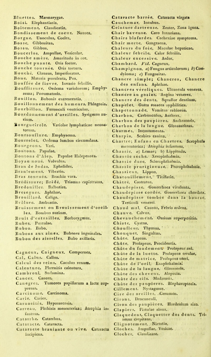 B1 uettes. Marmarygae. Boisi. Elephantiasis. Boitcment. Claudicatio. Bondissement de coeur. Nausea. Borgne. Unoculus, Cocles. Bos se. Gibbositas, Bossu. Gibbus. Boucerlos. Ampullae, Vesiculae. Boucbe amere. Amaritudo in ore. Bouclie puante. Oris foetor. Bouche tournee. Oris tortura, bouclie, Clausus, Imperforatus. Bone. Materia puiulenta, Pus. Bouffee de fievre. Invasio febrilis. Bouffissure. Oedema variolosum; Emphy- sema; Pneumatosis. Bouillon. Bubonis excrescentia. Bouillonnement des humeurs. Phlogosis. Bourbillon. Furunculi ventriculus. Bourdonnement d’oreilles. Syrigmus au- rium. Bourgueirole. Variolae lymphaticae neona- torum. Boursouflur e. Emphysema. Bourrelet. Oedema lumbos circumdans. Bourgeons. Vari. Boutons. Papulae. Boutons d’Alep. Papulae Halepenses. Boyau none. Volvulus. Bran de Judas. Ephelides. Br an lenient, Vibratio. Bras toti rues. Brachia vara. Bredissure; B r i d e. Trismus capistratus. Bredouiller. Balbutire. Bresegues. Aphthae. Brouillard. Caligo. B r ulure. Ambustio. Bruissement ou Brouissement d ’ o r e i 1- les. Bombus aurium. Bruit d’en t r a il 1 es. Borborygmus. Bubes. Pustulae. Bubon, Bubo. Bubons auxaines. Bubones inguinales. Bubon des aisselles. Bubo axillaris. Cagneux, Caigneux. Compernes. Cal, Calus. Callus. Calcul des reins. Caculus renum. Calent ure. Phrenitis calentura. Cambroul. Sudamina. Cancer. Cancer. Canegres. Tumores papillarum a lacte sup- presso. C a rei nome. Carcinoma. Carie. Caries. Carnosi tes. Hyposarcosis. Carreau. Phthisis mesenterica; Atrophia in- famum. Catarrhe. Catarrhus. Cataracte. Cataracta. Cataracte branlante ou vive. Cataracta incipiens. Cataracte barree. Cataracta virgata Cauchemar. Incubus. Ceinture dartreuse. Zoster, Zona ignea. Chair baveuse. Caro luxurians. Chairs blafardes. Cachexiae symptoma. Chair morte. Gangraena. Chaleurs du foie. Maculae hepaticae. Chaleur febrile. Calor febrilis. Chaleur excessive. Ardor. Cliambard. Vici. Cagneux. Champignon. d) Fungus articulorum ; Z>) Con- dyloma; c) Fungositas. Chane re simple; Cha neres, C li anere des enfans. Aphthae. Chancres veroliques. Ulcuscula venerea. Chancre au gosier. Angina venerea. Chanere des dents. Squalior dentium, Chapelet. Gutta fosacea syphilitica. Chapetonnade. Vomitus rabiosus. Charbon. Carbunculus, Anthrax. Charbon des paupieres. Anthracosis. Charbon de la langue. Glossanthrax. Ch armes. Incantamenta. Charpin. Scabies canina. Chartre; Enfans en Chartres. Scrophula mesenterica; Atrophia infantum. Cha s si e. a) Lemae; b) Lippitudo. Chassie seche. Xerophthalmia. Chassie dure. Sclerophthalmia. Chassie prurigineuse. Psorophthalmia. Chassie ux. Lippus. Chatouiliemerit.‘ Titillatio. Chat re. Castratus. Chaudepisse. Gonorrhoea virulenta. Chaudepisse corde e. Gonorrhoea chordata. Chaudepisse tombee dans la bourse. Testiculi venerei Chaud rnal. Causus, Febris ardens. C hau ve. Calvus. Chevauchemeat. Ossium superpositio. Chiste. Cysttis. C h o u f 1 e u r. Thymus. Cho liquet. Singultus. Chute. Lapsus. ChAte. Prolapsus, Procidentia. Chute du fon dem erit; Prolapsus ani. Chute de la luette. Prolapsus uvulae. Chute de matrice. Prolapsus uteri. Chute de 1’oeil. Exophthalmia. Chute de la langue. Glossocele. Chute des c h e veux. Alopecia. Chute des cils. Madarosis. Chute des paupieres. Blepharoptosis. Cill ement. Nystagmus. Cire des oreillcs. Cerumen. Cirons. Dracunculi. Ciron des paupieres. Hordeolum siro. Cia p i er s. Fistulae siruis. Claquedcnt, Claquetter des dents. Tri- sm.us crepitans. Clignotement. Nictatio. Cloeli es. Ampullae, Vesicae. Cloeli e v. Claudicare.