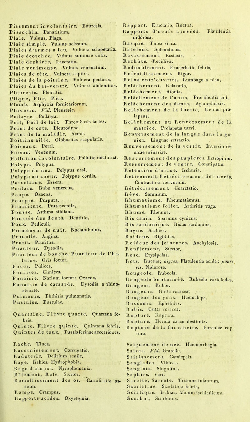 Pissochin. Panarilium. Plaie. Vulnus, Plaga. Plaie simple. Vulnus scissum. Plaies d’armes a feu. Vulnera sclopetaria. Plaie ecorchee. Vulnus summae cutis. Plaie dechiree. Laceratio. Plaie venimeuse. Vulnus venenatum. Plaies de tete. Vulnera capitis. Plaies de la poitrine. Vulnera pectoris. Plaies du bas-ventre. Vulnera abdominis. Pleuresie. Pleuritis. Plique, Pii e. Plica. Plomb, Asphyxia fornicariorum. Pluvesin. Vici. Pleuresie. Podagre. Podagra. Poil; Poildelait. Thrombosis lactea. Point de cote. Pleurodyne. Point de la maladie. Acine. Poitrine a ilee. Gibbositas scapularis. Poireaux. Porri. Poison. Venenum. Pollution involontaire. Pollutio nocturna. Polype. Polypus. Polype du nez. Polypus nasi. Polype au coeur. Polypus cordis. Porcelaine. Essera. Poulain. Bubo venereus. P o u p e. Ozaena. Pourpre. Purpura. Pourriture. Putrescentia^ Pousse. Asthma sibilans. Poussee des dents. Dentitio. Poux. Pediculi. Promeneur de nuit. Noctambulus. Prunelle. Angina. Prurit. Pruritus. Puanteur. Dysodia. Puanteur de bouche, Puanteur de l’ha- leine. Oris foetor. Puces. Pulices. Punaises. Cimices. Punaisie. Narium foetor; Ozaena. Punaisie de caniards. Dysodia a rhino- stenate. Pulmoni e. Phthisis pulmonaris. Pustules. Pustulae. Ouartaine, Fievre quarte. Quartana fe- bris. Quinte, Fievre quinte. Quintana febris. Quintes de toux. Tussis ferinae accessiones. B.ache. Tinea. Ilacorn issem en t. Corrugatio. Badoterie. Delirium senile. Bage. Rabies, Hydrophobia. Rage d’amour. Nyntphomania. Ralement, Rale. Stertor. Ranroll is siment des os. Carnifica tio os- sium. R a m p e. Crampus. Rapports aci des. Oxyregmia. Rapports d’oeufs couvees. Flatulentia nidorosa. Ras que. Tinea sicca. R-ateleux. Spleneticus. Ravissement. Ecstasis, Rechute. -Recidiva. Redoublement. Exacerbatio febris. Refroidissement. Rigor. Reins entr’ouverts. Lumbago a nisu. Relachement, Relaxatio. Relachement. Atonia. Relachement de 1’anus. Procidentia ani. Relachement des dents. Agompliiasis. Relachement de la luette. Uvulae pro- lapsus. Relachement ou Renversement de la matrice. Prolapsus uteri. Renversement de la langue dans le go- sier. Linguae retractio. Renversement de Ia vessie. Inversio ve- sicae urinariae. Renversement des paupieres. Ectropium. Resserrement de ventre. Constipatio. Retention d’urine. Ischuria. Retirement, Retrecissement des nerfs. Contractura nervorum. Retrecissement. Coarctatio. Re ve. Somnium. Rhumatisme. Rheumatismus. Rhumatismc follet. Arthritis vaga. Rliume. Rheuma. R.is canin. Spasmus cynicus. Ris sardonique. Risus sardonius. Rogne. Scabies. Roideur. Rigiditas. Roideur des jointures. Anchylosis. Ronfl ement. Stertor. Rose. Erysipelas. Rots. Ructus; aigres, Flatulentia acida; ponr* ris. Nidorosa. Rougeole. Rubeola. Rougeole boutonnee. Rubeola variolodes. R o u g e u r. Rubor. Rougeurs. Gutta rosacea. Rougeur des yeux. Haemalops. Ros seurs. Ephelides. Rubis. Gutta rosacea. Rupture. Ruptura. Rupture. Hernia sacco destituta. Rupture de la fourcliette. Furculae rup- tura. Saignement de nez. Haemorrhagia. S a ires. Vid. Gratelle. Saisissement. Catalepsis. Sangi a des. Vibices. Sangi ots. Singultus. Sapliirs. Vari. Sarette, Sarrete. Trismus infantum. Scarlaline. Scarlatina febris. Sciatique. Ischias, Malum ischiadicum. Scorbut. Scorbutus.