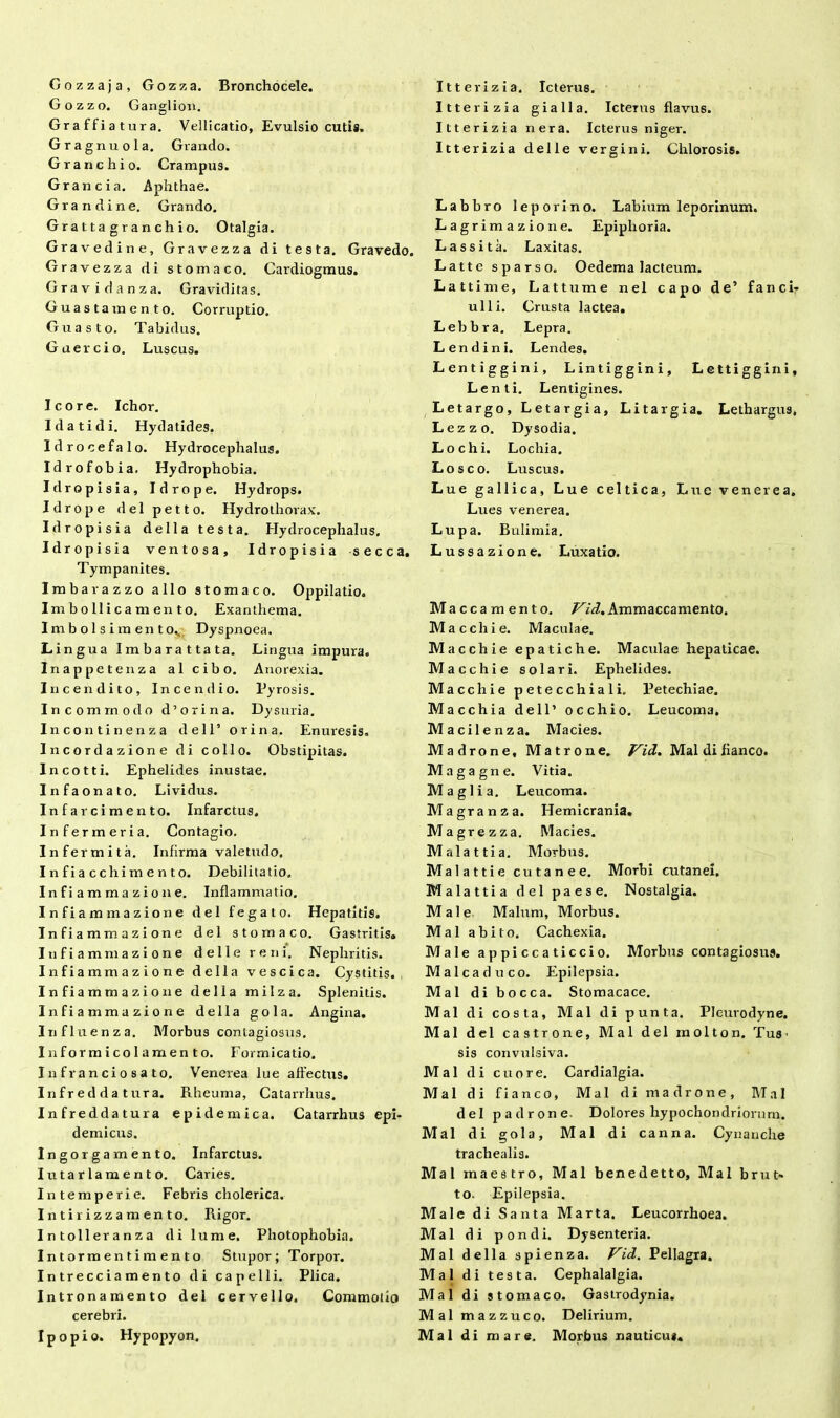 Gozzaja, Gozza. Bronchocele. Gozzo. Ganglion. Graffiatura. Vellicatio, Evulsio cutis» Gragnuola. Grando. Grane hio. Crampus. Grane ia. Aphthae. Grandine. Grando. Gr a 11 a g r a n ch io. Otalgia. Gravedine, Gravezza di testa. Gravedo. Gravezza di stomaco. Cardiogmus. Gravidanza. Graviditas. Guasta mento. Corruptio. Guasto. Tabidus. Caere io. Luscus. Icore. Ichor. I dati di. Hydatides. Idrocefalo. Hydrocephalus. Idrofobia. Hydrophobia. Idropisia, Idrope. Hydrops. Idrope dei petto. Hydro thorax:. Idropisia della testa. Hydrocephalus. Idropisia ventosa, Idropisia secca. Tympanites. Imbarazzo alio stomaco. Oppilatio. Imbollicamento. Exanthema. Imbolsimento., Dyspnoea. Lingua Imbarattata. Lingua impura. Inappetenza al cibo. Anorexia. Incendito, Incendio. Pyrosis. Incommodo d’orina. Dysuria. Incontinenza dell’ ori na. Enuresis, Incordazione di collo. Obstipitas. In cotti. Ephelides inustae. Infaonato. Lividus. Infarcimento. Infarctus. Infermeria. Contagio. Infermita. Infirma valetudo. Infiaccliimento. Debilitatio. I n f i a m m a z i o n e. Inflammatio. I n f i a m m a z i on e dei fegato. Hepatitis. I n f i a m m a z i on e dei stomaco. Gastritis» Iufiammazione delle reni. Nephritis. Infiammazione della vescica. Cystitis. Infiammazione della milza. Splenitis. Infiammazione della gola. Angina. Influenza. Morbus contagiosus, Informicolamen to. Formicatio. Infranciosato. Venerea lue affectus. Infred da tura. Rheuma, Catarrhus. Infreddatura epidemica. Catarrhus epi- demicus. Ingorgamento. Infarctus. Iutarlamento. Caries. Intemperie. Febris cholerica. Intirizzamento. Rigor. Intolleranza di lume. Photophobia. Intormentimento Stupor; Torpor. Intrecciamento di ca pelli. Plica. Intronamento dei cervello. Commotio cerebri. I p o p i o. Hypopyon. Itterizia. Icterus. Itterizia gialla. Icterus flavus. Itterizia ner a. Icterus niger. Itterizia delle vergini. Chlorosis. Labbro leporino. Labium leporinum. Lagrimazione. Epiphoria. Lassi ta. Laxitas. Latte sparso. Oedema lacteum. Lattime, Lattume nel capo de’ fanci- u 11 i. Crusta lactea. Lebbra. Lepra. Lendini. Lendes. Lentiggini, Lintiggini, Lettiggini, Lenti. Lentigines. Letargo,Letargia, Litargia. Lethargus. Lezzo. Dysodia. Lochi. Lochia. Losco. Luscus. Lue gallica, Lue celtica, Luc venerea. Lues venerea. Lupa. Bulimia. Lussazione. Luxatio. Maccamento. Vid, Ammaccamento. Macchie. Maculae. Macchie epatiche. Maculae hepaticae. Macchie solari. Ephelides. Macchie petecchiali. Petechiae. Macchia dell’ occhio. Leucoma. Macilenza. Macies. Madrone, Matrone. Vid. Maldifianco. Magagne. Vitia. M a g 1 i a. Leucoma. Magranza. Hemicrania. Magrezza. Macies. Malattia. Morbus. Malattie cutanee. Morbi cutanei. Malattia dei paese. Nostalgia. Male Malum, Morbus. Mal abito. Cachexia. Male appiccaticcio. Morbus contagiosus. Mal caduco. Epilepsia. Mal di bocca. Stomacace. Mal di costa, Mal di punta. Pleurodyne. Mal dei castrone, Mal dei xnolton. TuS' sis convulsiva. Mal di cuore. Cardialgia. Mal di fi a neo, M al d i m a d r o n e , Mal dei padrone. Dolores hypochondriorum. Mal di gola, Mal di canna. Cynanche trachealis. Mal maestro, Mal benedetto, Mal brut» to. Epilepsia. Male di Santa Marta. Leucorrhoea. Mal di pondi. Dysenteria. Mal della spienza. Vid. Pellagra. Mal di testa. Cephalalgia. Mal di stomaco. Gastrodynia. Malmazzuco. Delirium. Mal di mare. Morbus nauticus.