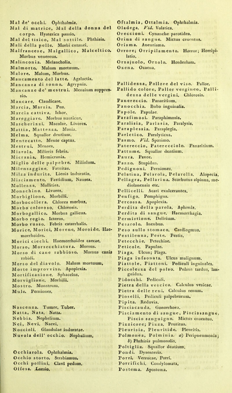 Mal de’ occlii. Ophthalmia. Mal di matrice, Mal della donna dei corpo. Hysterica passio. Mal dei tisico, Mal sottile. Phthisis. Mali della pelle. Morbi cutanei. Malfrancese, Malgallico, Malceltico. Morbu9 venereus. Malinconia. Melancholia. Malmorto. Malum mortuum. Maiore. Malum, Morbus. Mancamento dei latte. Agalactia. Mancanza di sonno. Agrypnia. Mancanze de’ mestrui. Mensium suppres- sio. Manear e. Claudicare. Marcia, Marzia. Pus. Marcia cattiva. Ichor. Mareggiare. Morbus nauticus. Mascherizzi. Maculae, Livores. M a 11 i a , M a 11 e z z a. Mania. Melma. Squalior dentium. Mentecatto. Mente captus. Mestrui. Menses. Miarola. Miliaris febris. Mi erani a. Hemicrania. Miglio delle palpebre. Miliolum. Milensaggine. Fatuitas. Milza indurita. Lienis induratio. M i s c ia m ento. Fastidium, Nausea. Mollezza. Mollities. Monachino. Livores. Morbiglione. Morbilli. Morbocollera. Chlorea morbus. Morbo coloroso. Chlorosis. M or boga 11 i co. Morbus gallicus. Morbo regio. Icterus. Morbo russo. Febris catarrbalis. Morice, Morici, Morene, Moroide. Hae- morrhoides. Morici cieclii. Haemorrhoides caecae. Morso, Morsecchiatura. Morsus. Morso di cane rabbioso. Morsus canis rabidi. Morso dei dia volo. Malum mortuum. Morte improvvisa. Apoplexia. Mortificazione. Sphacelus. M o r v i g 1 i o n e. Morbilli. Mostro. Monstrum. Mule. Perniones. Nascenza. Tumor, Tuber, Natta, Nata. Natta. Nebbia. Nephelium. N ei , N e vi. Naevi. Noccioli. Glandulae induratae. Nuvola dell’ occhio. Nephelium. Occhiarola. Ophthalmia. Occhio storto. Strabismus, Occhi pollini. Clavi pedum. Offesa. Laesio» Oftalmia, Ottalmia. Ophthalmia. Oladega. VicL> Volatica. Oreccioni. Cynanche parotidea. Orina di s angue. Mictus cruentus. O r i s m a. Aneurisma. Orrore; 0 rr ip il a m en t o. Horror; Horripi- latio. Orzajuolo, Orzolo. Hordeolum. Ozena. Ozaena. Pallidezza, Pallore dei viso. Pallor. Pallido colore. Pallor vergi neo, Palli- dezza delle vergini. Chlorosis. Panereccio. Panaritium. Panocchia. Bubo inguinalis. Papole. Papulae. Parafimosi. Paraphimosis. Paralisia, Parlasia. Paralysis. Paraplessia. Paraplegia. Parletico. Paralyticus. Pasmo. Vid. Spasimo. Patereccio, Pa ter e c ciol o. Panaritium. Pattume. Squalior dentium. Paura. Pavor. Pazzo. Stupidus. Pedignoni. Perniones. Pelatina, Pelarola, Pelarella. Alopecia. Pellagra, Pellarina. Scorbutus alpinus, me- diolanensis etc. Pellicelli. Acari exulcerantes. P en figo. Pemphigus. Percossa. Apoplexia. Perdita della parola. Aphonia. Perdita di s angue. Haemorrhagia. Permistione. Delirium. Pesarolo. Incubus. Peso sullo stomaco. Cardiogmus. Pestilenza, Peste. Pestis. Petecchie. Petechiae. Peticole. Papulae. Piaga. Ulcus; Plaga. Piaga infaonata. Ulcus malignum. Piattole, Piattoni. Pediculi inguinales. Piccolezza dei polso. Pulsus tardus, lan- guidus. Pidocchi. Pediculi. Pietra della vescica. Calculus vesicae. Pietra delle reni. Calculus renum. Pioselli. Pediculi palpebrarum. Pipita. Reduvia. Pisciacauda. Gonorrhoea. Pisci a mento di sangue, Pisciasangue, Piscio sanguigno. Mictus cruentus. Pizzicore; Pizza. Pruritus. Pleurisia, Pleuritide. Pleuritis. Polmonea, Polminia. a) Peripneumonia; b) Phthisis pulmonalis. Poltiglia, Squalior dentium, Pondi. Dysenteria. Porri. Verrucae, Porri. Porri fi ch i. Condylomata. Po sterna. Apostema.