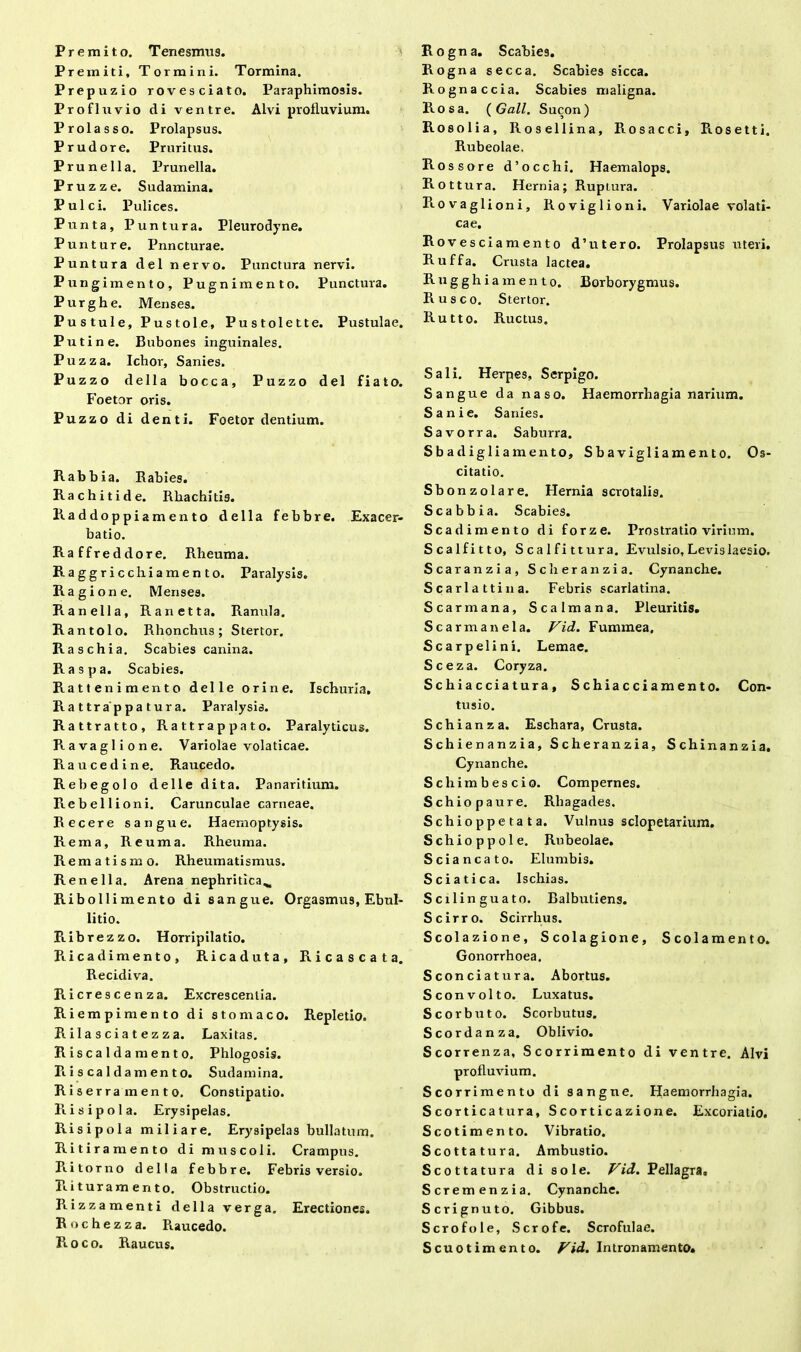 Premito. Tenesmus. Premiti, Tormini. Tormina. Prepuzio rovesciato. Paraphimosis. Profluvio di ventre. Alvi profluvium. Prolasso. Prolapsus. P rudore. Pruritus. Prune lia. Prunella. Pruzze. Sudamina. Pulci. Pulices. Punta, Puntura. Pleurodyne. Punture. Pnncturae. Puntura dei nervo. Punctura nervi. Pungimento, Pugni mento. Punctura. Purghe. Menses. Pustule, Pustole, Pustolette. Pustulae. Putine. Bubones inguinales. Puzza. Ichor, Sanies. Puzzo della bocca, Puzzo dei fiato. Foetor oris. Puzzo di denti. Foetor dentium. Rabbia. Rabies. Rachitide. Rhachitis. Raddoppiamento della febbre. Exacer- batio. Raffreddore. Rheuma. Raggricchiamento. Paralysis. Ragione. Menses. Ranella, Ranetta. Ranula. Rantolo. Rhonchus; Stertor. Raschia. Scabies canina. Raspa. Scabies. Rattenimento delle ori ne. Ischuria, Ra ttra ppa tura. Paralysis. Rattratto, Rattrappato. Paralyticus. Ravaglione. Variolae volaticae. Raucedine. Raucedo. Rebegolo delle dita. Panaritium. Rebellioni. Carunculae carneae. Recere sangue. Haemoptysis. Rema, Reum a. Rheuma. Rematismo. Rheumatismus. Renella. Arena nephritica^ Ribollimento di sangue. Orgasmus, Ebul- litio. Ribrezzo. Horripilatio. R icadi mento, Ricaduta, Ricascata. Recidiva. Piicrescenza. Excrescentia. Riempimento di stomaco. Repletio. Rilasciatezza. Laxitas. Riscalda mento. Phlogosis. Pii s ca Idam ento. Sudamina. R i s er ra m en t o. Constipatio. Fi i s i p o 1 a. Erysipelas, Risipola miliare. Erysipelas bullatum. Ritiramento di muscoli. Crampus. Piitorno della febbre. Febris versio. Fiituramento. Obstructio. Piizzamenti della verga. Erectiones. R o c h e z z a. Piaucedo. R o c o. Raucus. Rogna. Scabies. Rogna secca. Scabies sicca. Rogna ccia. Scabies maligna. Rosa. (Gall. Sucon) Rosolia, Rosellina, Rosacei, Piosetti. Rubeolae. Rossore d’occhi. Haemalops. Rottura. Hernia; Ruptura. Rovaglioni, Roviglioni. Variolae volati- cae. Rovesciamento d’utero. Prolapsus uteri. Ruffa. Crusta lactea. Rugghia mento. Borborygmus. Rusco. Stertor. Rutto. Ructus. Sali. Herpes, Serpigo. Sangue da naso. Haemorrhagia narium. Sanie. Sanies. Savorra. Saburra. Sbadigliamento, Sbavigliamento. Os- citatio. Sbonzolare. Hernia scrotalis. Scabbia. Scabies. Scadimento di forze. Prostratio virium. Scalfitto, Scalfittura. Evulsio, Levis laesio. Scaranzia, Scheranzia. Cynanche. Scarlattina. Febris scarlatina. Scarmana, Scalmana. Pleuritis. Scamnaneia. Vid. Fumraea, Scarpelini. Lemae. Sceza. Coryza. Schiacciatura, Schiacciamento. Con- tusio. Schianza. Eschara, Crusta. Schienanzia, Scheranzia, Schinanzia. Cynanche. Schimbescio. Compernes. Schiopaure. Rhagades. Schioppetata. Vulnus sclopetarium. Schioppole. Rubeolae. Sciancato. Elumbis. Sciatica. Ischias. Scxlinguato. Balbutiens. Scirro. Scirrhus. Scolazione, Scolagione, Scolamento. Gonorrhoea. Sconciatura. Abortus. Sconvolto. Luxatus. Scorbuto. Scorbutus. Scordanza. Oblivio. Scorrenza, Scorrimento di ventre. Alvi profluvium. Scorrimento di sangne. Haemorrhagia. Scorticatura, Scorticazione. Excoriatio. Scotimento. Vibratio. Scottatura. Ambustio. Scottatura di sole. Vid. Pellagra. Scremenzia. Cynanche. Scrignuto. Gibbus. Scrofole, Scrofe. Scrofulae. Scuotimento. Vid. Intronamento»