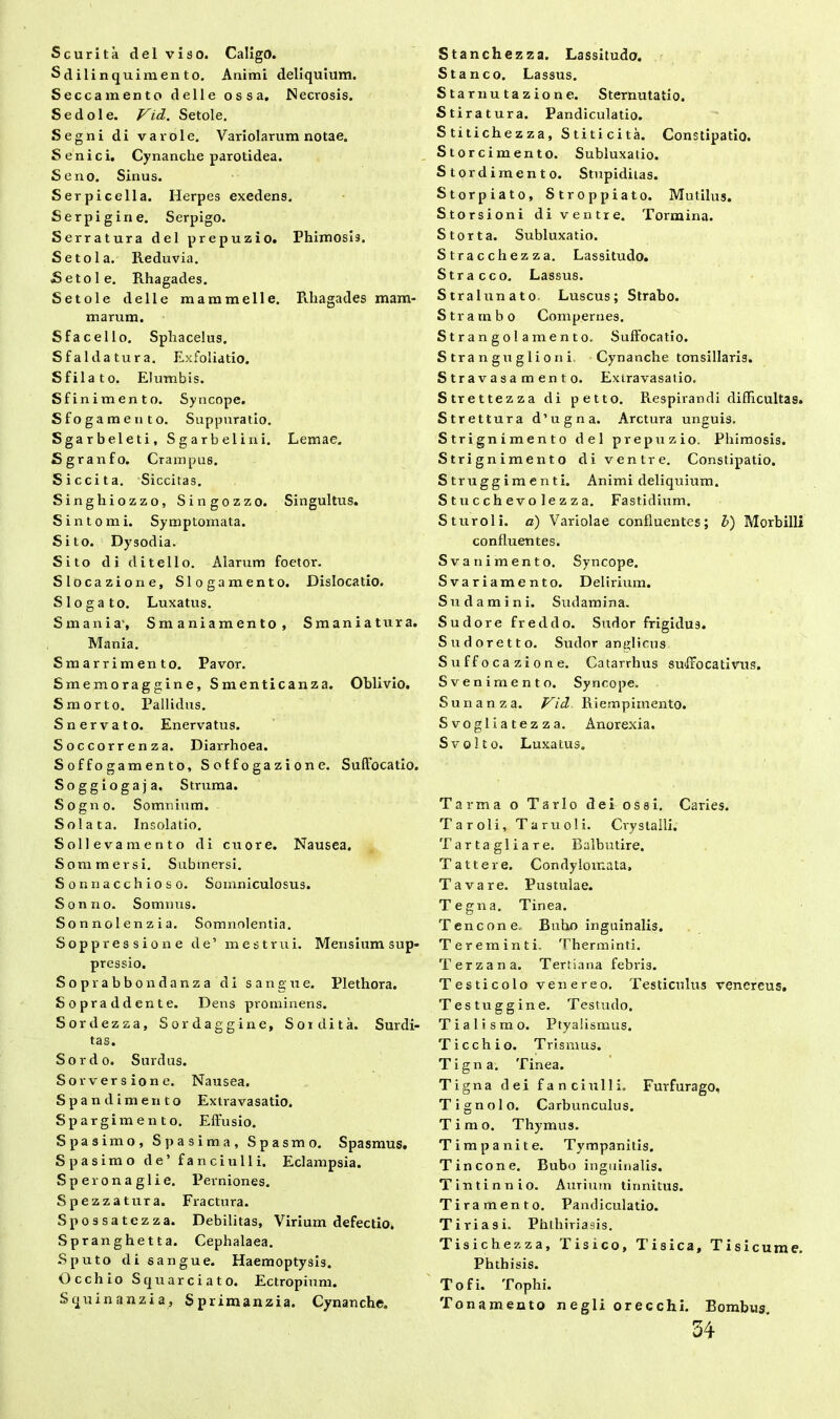 S curita dei viso. Caligo. Sdilinqui mento. Animi deliquium. Seccamento delle ossa. Mecrosis. S e d o 1 e. Vid. Setole. Segni di varole. Variolarum notae. S e n i c i. Cynanche parotidea. Seno. Sinus. Serpieella. Herpes exedens. Serpigine. Serpigo. Serratura dei prepuzio. Phimosis. Setola. Reduvia. Setole. Rhagades. Setole delle mammelle. Rhagades mam- marum. Sfacello. Sphacelus. Sfaldatura. Exfoliatio. Sfilato. Elumbis. Sfinimento. Syncope. Sfogamento. Suppuratio. Sgarbeleti, Sgarbelini. Lemae. Sgranfo. Crampus. Siccita. Siccitas. Singhiozzo, Singozzo. Singultus. Sin tomi. Symptomata. Sito. Dysodia. Sito di ditello. Alarum foetor. Slocazione, Slogamento. Dislocatio. Slogato. Luxatus. S mani a', Smaniamento, Smaniatura. Mania. Smarrimento. Pavor. Smemoraggine, Smenticanza. Oblivio. Smorto. Pallidus. Snervato. Enervatus. Soccorrenza. Diarrhoea. Soffogamento, Solfogazione. Suffocatio. Soggiogaja. Struma. Sogno. Somnium. Solata. Insolatio. Solleva mento di cuore. Nausea. Som mersi. Submersi. Sor.nacchioso. Somniculosus. Sonno. Somnus. Sonnolenzia. Somnolentia. Soppressione de’ me strui. Mensium sup- pressio. S o p r a b b o n d a n z a di sangue. Plethora. Sopraddente. Dens prominens. Sordezza, Sordaggine, Soidita. Surdi- tas. Sordo. Surdus. Sorversione. Nausea. Spandimento Extravasatio. Spargimento. Effusio. Spasimo, Spasima, Spasmo. Spasmus. Spasimo de’ fanciulli. Eclampsia. Speronaglie. Perniones. Spezzatura. Fractura. Spossatezza. Debilitas, Virium defectio. Spranghetta. Cephalaea. -Sputo di sangue. Haemoptysis. OcchioSquarciato. Ectropium. Squinanzia, Sprimanzia. Cynanche. Stanchezza. Lassitudo. Sta neo. Lassus. Starnutazione. Sternutatio. Stiratura. Pandiculatio. Stitichezza, Stiticita. Constipatio. Storci mento. Subluxatio. Stordimento. Stupiditas. Storpiato, Stroppiato. Mutilus. Storsioni di ventre. Tormina. S torta. Subluxatio. Stracchezza. Lassitudo. Stra cco. Lassus. Stralunato Luscus; Strabo. Strambo Compernes. Strangola mento. Suffocatio. S tr a n gu g 1 i o n i Cynanche tonsillaris. Stravasamento. Extravasatio. Strettezza di petto. Respirandi difficultas. Strettura d’ugna. Arctura unguis. Strignimento dei prepuzio. Phimosis. Strignimento di ventre. Constipatio. S trugg i m e n t i. Animi deliquium. Stucchevo lezza. Fastidium. Sturoli. a) Variolae confluentes; b) Morbilli confluentes. S vani mento. Syncope. Svariamento. Delirium. Sudamini. Sudamina. Sudore freddo. Sudor frigidus. Sudoretto. Sudor anglicus Suffocazione. Catarrlius suffocativus. Svenimento. Syncope. Sun an z a. Vid Riempimento. Svogliatezza. Anorexia. S volto. Luxatus. Tarma o Tarlo dei ossi. Caries. Taroli, Taruoli. Crystalli. Tartagliare. Balbutire. Tattere. Condylomata, Tavare. Pustulae. Tegna. Tinea. Tencone. Bubo inguinalis. Tereminti. Therminti. Terzana. Tertiana febris. Testicolo ve n ere o. Testiculus venereus. Testuggine. Testudo. Tialismo. Ptyalismus. Ticchio. Trismus. Tigna. Tinea. Tigna dei fanciulli. Furfurago, Tignolo. Carbunculus. Timo. Thymus. Timpanite. Tympanitis. T in cone. Bubo inguinalis. Tintinnio. Aurium tinnitus. Tiramento. Pandiculatio. T iri a si. Phthiriasis. Tisichezza, Tisico, Tisica, Tisicume. Phthisis. Tofi. Tophi. Tonamento negli orecchi. Bombus, 54