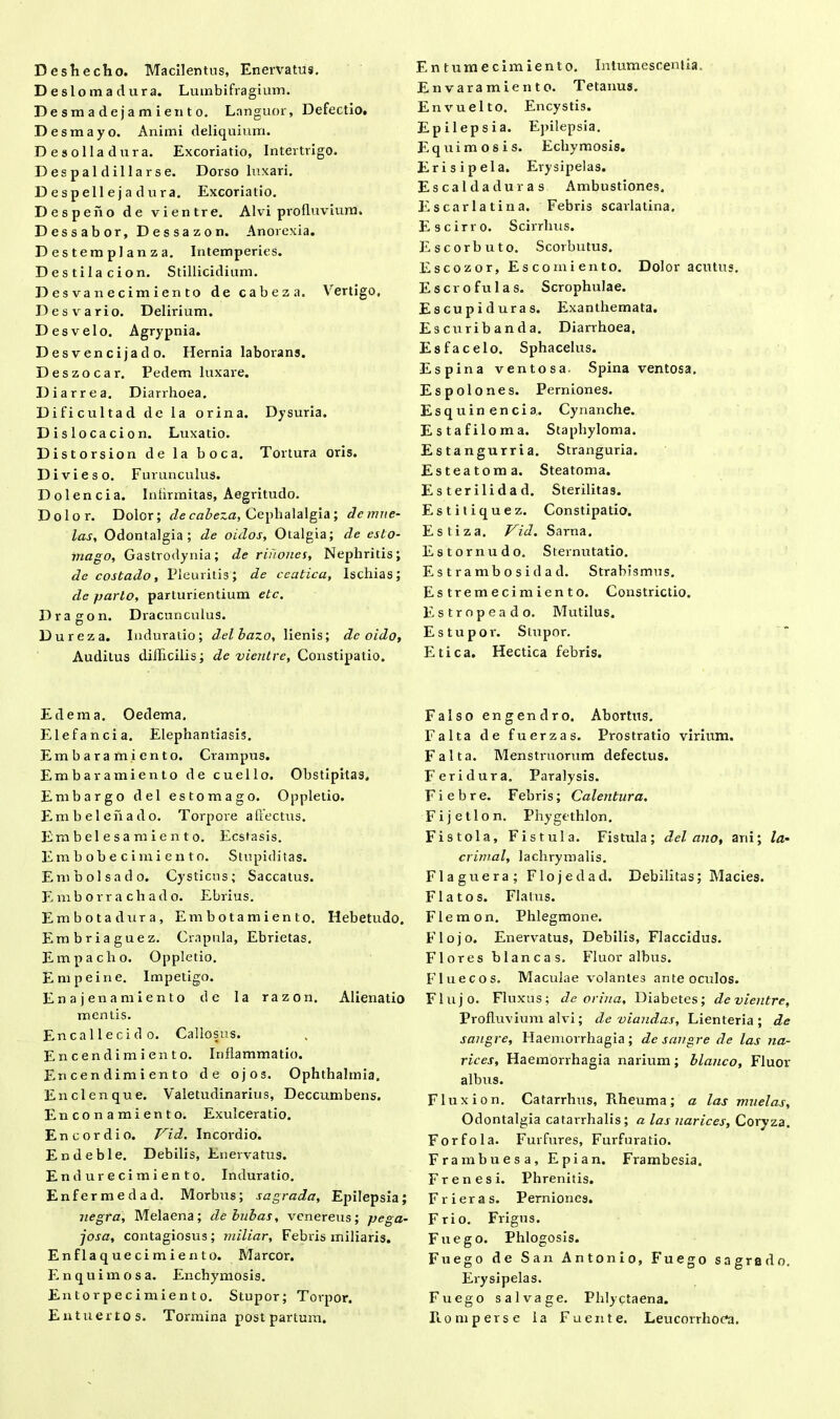 Desl omadura. Lumbifragium. Desmadejamiento. Languor, Defectio. Desmayo. Animi deliquium. Desolladura. Excoriatio, Intertrigo. Despaldillarse. Dorso luxari. Despellejadura. Excoriatio. Despeno de vientre. Alvi profluvium. Dessabor, Dessazon. Anorexia. Destemplanza. Intemperies. Destilacion. Stillicidium. Desvanecimiento de cabeza. Vertigo. Des vario. Delirium. Des velo. Agrypnia. D e s ven c i ja d o. Hernia laborans. Deszocar. Pedem luxare. Diarrea. Diarrhoea. Dificultad de la orina. Dysuria. Dislocacion. Luxatio. Distorsion de la boca. Tortura oris. Divieso. Furunculus. Dolencia. Infirmitas, Aegritudo. Dolor. Dolor; de cabeza, Cephalalgia; demae- las, Odontalgia; de oidos, Otalgia; de eslo- mago, Gastrodynia; de rinones, Nephritis; de costado, Pleuritis; de ceatica. Ischias; dc pario, parturientium etc. Dragon. Dracunculus. Dureza. Induratio; delbazo, lienis; dc oido, Auditus difficilis; de vientre, Constipatio. Edema. Oedema. Elefancia. Elephantiasis. Embaramiento. Crampus. Embaramiento de cuello. Obstipitas, Embargo dei estomago. Oppletio. Embelenado. Torpore affectus. Embelesamiento. Ecstasis. Erabobecimiento. Stupiditas. Embolsado. Cysticus; Saccatus. Emborrachado. Ebrius. Embotadura, Embotamiento. Hebetudo. Embriaguez. Crapula, Ebrietas. Empacho. Oppletio. Empeine. Impetigo. E n a j en a m i e n to de la razon. Alienatio mentis. Encallecido. Callosus. Encendimiento. Inflammatio. En cen dim i en to de ojos. Ophthalmia. Enclenque. Valetudinarius, Deccumbens. Enconamiento. Exulceratio. Encordio. Vid. Incordio. Endeble. Debilis, Enervatus. Endurecimiento. Induratio. Enfermedad. Morbus; sagrada, Epilepsia; aegra, Melaena; debubas, veneretis; pega- josa, contagiosus; miliar. Febris miliaris. E n f la q ue ci m i e n t o. Marcor. Enquimosa. Enchymosis. Entorpecimien to. Stupor; Torpor. Entuertos. Tormina post partum. Entumecimiento. Intumescentia, E n v ara m i e n t o. Tetanus. Envuelto. Encystis. Epilepsia. Epilepsia. F.quimosis. Echymosis. Erisipela. Erysipelas. Es calda duras Ambustiones. Escarlatina. Febris scarlatina. Fi s c i r r o. Scirrhus. Escorbuto. Scorbutus. Escozor, Escomiento. Dolor acutus. E sero fu las. Scrophulae. Es cupi duras. Exanthemata. Escuribanda. Diarrhoea. Esfacelo. Sphacelus. Espina ventosa Spina ventosa. Espolones. Perniones. Esquinencia. Cynanche. Estafiloma. Staphyloma. Estangurria. Stranguria. Esteatoma. Steatoma. Esterilidad. Sterilitas. Estitiquez. Constipatio. Estiza. Vid. Sarna. Estornudo. Sternutatio. E s t r a rnb o s i d a d. Strabismus. Estremecimiento. Constrictio. Estrnpeado. Mutilus. E stupor. Stupor. Etica. Hectica febris. Falso engendro. Abortus. Falta de fuerzas. Prostratio virium. Falta. Menstruorum defectus. Feridura. Paralysis. F i e b r e. Febris; Calentura. Fijetlon. Phygethlon. Fistola, Fistula. Fistula; dei ano, ani; la- crimal, lachrymalis. Flaguera; Flojedad. Debilitas; Macies. Flatos. Flatus. Flemon. Phlegmone. Flojo. Enervatus, Debilis, Flaccidus. Flores blancas. Fluor albus. Flue cos. Maculae volantes ante oculos. Flujo. Fluxus; de orina. Diabetes; devientre, Profluvium alvi; de viandas. Lienteria; de sangre. Haemorrhagia; dc sangre de las na- rices, Haemorrhagia narium; blanco. Fluor albus. Fluxion. Catarrhus, Rheuma; a las muelas, Odontalgia catarrhalis; a las narices, Coryza. Forfola. Furfures, Furfuratio. Frambuesa, Epian. Frambesia. Frenesi. Phrenitis. F r i e r a s. Perniones. Frio. Frigus. Fu ego. Phlogosis. Fu ego de San Antonio, Fuego sagra do. Erysipelas. Fuego salvage. Phlyctaena. R.om perse la Fu en te. Leucorrliorti.