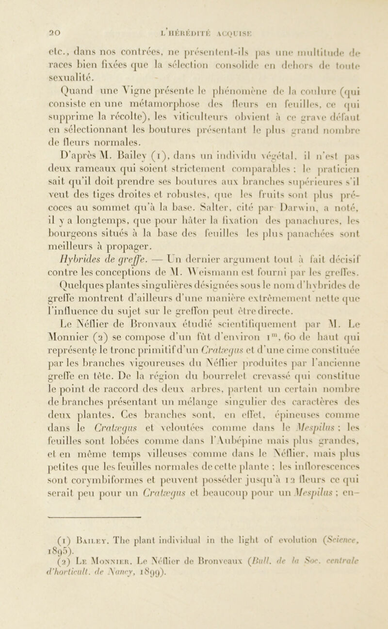 etc., clans nos contrées, ne présentent-ils pas une multitude de races bien fixées que la sélection consolide en dehors de toute sexualité. Quand une Vigne présente le phénomène de la coulure (qui consiste en une métamorphose des fleurs en feuilles, ce qui supprime la récolte), les viticulteurs obvient à ce grave défaut en sélectionnant les boutures présentant le plus grand nombre de fleurs normales. D’après M. Bailey (i), dans un individu végétal, il n’est pas deux rameaux qui soient strictement comparables : le praticien sait qu’il doit, prendre ses boutures aux branches supérieures ^ il veut des tiges droites et robustes, que les fruits sont plus pré- coces au sommet qu’à la base. Salter, cité par Darwin, a noté, il y a longtemps, que pour hâter la fixation des panachures, les bourgeons situés à la base des feuilles les plus panachées sont meilleurs à propager. Hybrides de greffe. — tn dernier argument tout à fait décisif contre les conceptions de Al. \\ eismann est fourni par les greffes. Quelques plantes singulières désignées sous le nom d'hybrides de greffe montrent d’ailleurs d’une manière extrêmement nette que l’influence du sujet sur le greffon peut être directe. Le Néflier de Bronvaux étudié scientifiquement par AI. Le Alonnier (2) se compose d’un fut d’environ im, Go de haut qui représente le tronc primitif d’un Cratægus et d’une cime constituée parles branches vigoureuses du Néflier produites par l’ancienne greffe en tète. De la région du bourrelet crevassé qui constitue le point de raccord des deux arbres, partent un certain nombre de branches présentant un mélange singulier des caractères des deux plantes. Ces branches sont, en effet, épineuses comme dans le Cratægus et veloutées comme dans le Mespilus ; les feuilles sont lobées comme dans 1 Vubépine mais pl 11 s grandes, et en même temps villeuses comme dans le Néflier, mais plus petites que les feuilles normales de cette plante : les inflorescences sont corymbiformes et peuvent posséder jusqu’à 12 fleurs ce qui serait peu pour un Cratægus et beaucoup pour un Mespilus ; cn- (1) Bailey. The plant individual in the liçht of évolution (Science, i8<)5). (2) Le M onsjier. Le Néflier de Bronveaux (/»<?//. de ta Soc. centrale d’horticult. de Nancy, 1899).