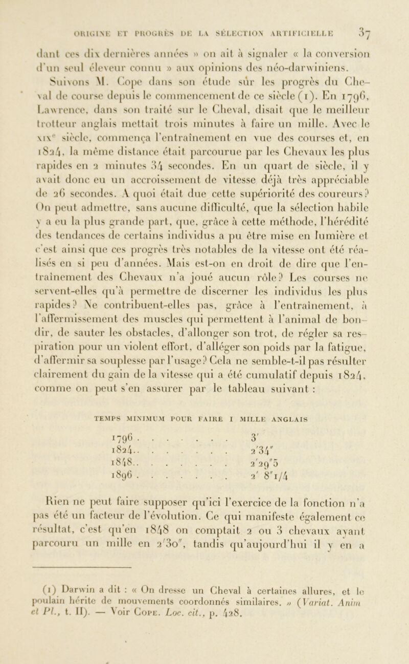 liant ces ili\ dernières années » on ait à signaler « la conversion d’un seul éleveur connu » aux opinions des néo-darwiniens. Suivons M. Cope dans son étude sur les progrès du Che- val de course depuis le commencement de ce siècle (i). En 179(1, Lawrence, dans son traité sur le Cheval, disait que le meilleur trotteur anglais mettait trois minutes à faire un mille. Avec le \i\ siècle, commença l’entrainement en vue des courses et, en 1824, la même distance était parcourue par les Chevaux les plus rapides en 2 minutes 34 secondes. En un quart de siècle, il y avait donc eu un accroissement de vitesse déjà très appréciable de 26 secondes. A quoi était due cette supériorité des coureurs? On peut admettre, sans aucune difficulté, que la sélection habile y a eu la plus grande part, que, grâce à cette méthode, l'hérédité des tendances de certains individus a pu être mise en lumière et c'est ainsi que ces progrès très notables de la vitesse ont été réa- lisés en si peu d’années. Mais est-on en droit de dire que l’en- trainement des Chevaux n’a joué aucun rôle? Les courses ne servent-elles qu’à permettre de discerner les individus les plus rapides? \e contribuent-elles pas, grâce à l’entrainement, à raffermissement des muscles qui permettent à l’animal de bon- dir, de sauter les obstacles, d’allonger son trot, de régler sa res- piration pour un violent effort, d’alléger son poids par la fatigue, d’affermir sa souplesse par l’usage? Cela ne semble-t-il pas résulter clairement du gain delà vitesse qui a été cumulatif depuis 1824, comme ou peut s’en assurer par le tableau suivant : TEMPS MINIMUM POUR FAIRE I MILLE ANGLAIS 1796 . l824.. i8'48.. 1896 . Rien ne peut taire supposer qu’ici l’exercice de la fonction n’a pas été un 1 acteur de l’évolution. Ce qui manifeste également ce résultat, c’est qu’en 1848 on comptait 2 ou 3 chevaux ayant parcouru un mille en 2 3o, tandis qu’aujourd’hui il y en a 3' 2'34 ' h c: 2 29 d 2' 8i/4 (1) Darwin a dit : « ün dresse un Cheval à certaines allures, et le poulain hérite de mouvements coordonnés similaires. » ( Variât. Anim cl PL, t. II). — âoir Cope. Loc. cit., p. 428.