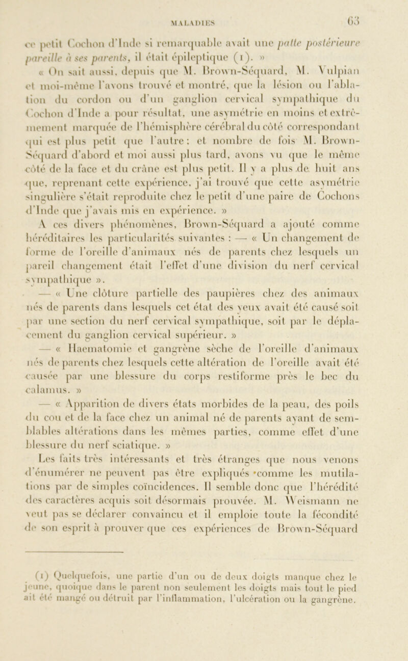 /• ■> 1' petit Cochon d’Inde si remarquable avait une patte postérieure pareille lises parents, il était épileptique (i). » a On sait aussi, depuis que \1. Brown-Séquard, M. \ ulpian et moi-même l’avons trouvé et montré, que la lésion ou l’abla- tion du cordon ou d'un ganglion cervical sympathique du Cochon d Inde a pour résultat, une asymétrie en moins et extrê- mement marquée de l’hémisphère cérébral du côté correspondant «pii est plus petit que l'autre: et nombre de fois M. Brown- Séquard d’abord et moi aussi plus tard, avons vu que le même côté de la lace et du crâne est plus petit. 11 y a plus.de huit ans que, reprenant cette expérience, j’ai trouvé que cette asymétrie singulière s’était reproduite chez le petit d’une paire de Cochons d'Inde que j’avais mis en expérience. » \ ces divers phénomènes, Brown-Séquard a ajouté comme' héréditaires les particularités suivantes : —- « Un changement de forme de l’oreille d’animaux nés de parents chez lesquels un pareil changement était l’effet d’une division du nerf cervical s \m pat bique ». « L ne clôture partielle des paupières chez des animaux nés de parents dans lesquels cet état des veux avait été causé soit par une section du nerf cervical sympathique, soit par le dépla- cement du ganglion cervical supérieur. » « Haematomie et gangrène sèche de l’oreille d’animaux nés de parents chez lesquels cette altération de l'oreille avait été causée par une blessure du corps restiforme près le bec du calamus. » « \pparition de divers états morbides de la peau, des poils du cou et de la face chez un animal né de parents ayant de sem- blables altérations dans les mêmes parties, comme effet d’une blessure du nerf sciatique. » Les laits très intéressants et très étranges que nous venons <1 énumérer ne peuvent pas être expliqués 'comme les mutila- tions par de simples coïncidences. Il semble donc que l’hérédité des caractères acquis soit désormais prouvée. M. AVeismann ne veut pas se déclarer convaincu et il emploie toute la fécondité de son esprit à prouver que ces expériences de Brown-Séquard (i) Quelquefois, une partie d’un ou de deux doigts manque chez le jeune, quoique dans le parent non seulement les doigts mais tout le pied ait été mangé ou détruit par l’intlammation, l'ulcération ou la gangrène.