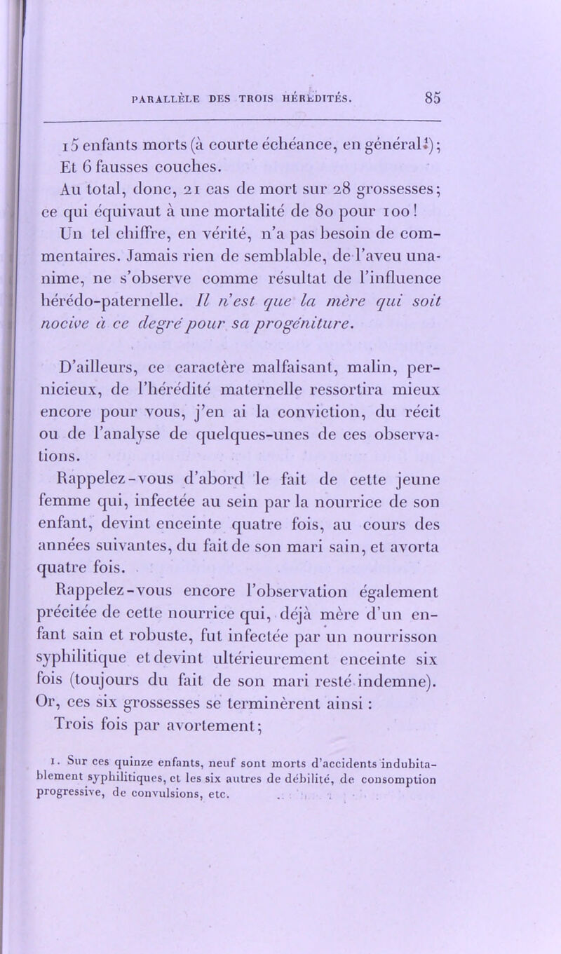 i5enfants morts(a courte echeance, en general*); Et 6 fausses couches. An total, done, 21 cas de mort sur 28 grossesses; ce qui equivaut a line mortalite de 80 pour 100 ! Un tel chiffre, en verite, n’a pas besoin de com- mentaires. Jamais rien de semblable, de l’aveu una- nime, ne s’observe comme resultat de 1’influence heredo-paternelle. II nest que la mere qui soit nocive a ce degre pour sa progeniture. D’ailleurs, ce caractere malfaisant, malin, per- nicieux, de l’heredite maternelle ressortira mieux encore pour vous, j’en ai la conviction, du recit 011 de l’analyse de quelques-unes de ces observa- tions. Rappelez-vous d’abord le fait de cette jeune femme qui, infectee au sein par la nourrice de son enfant, devint enceinte quatre fois, au cours des annees suivantes, du faitde son mari sain, et avorta quatre fois. Rappelez-vous encore Yobservation egalement precitee de cette nourrice qui, deja mere d un en- fant sain et robuste, fut infectee par un nourrisson syphilitique et devint ulterieurement enceinte six fois (toujours du fait de son mari reste indemne). Or, ces six grossesses se terminerent ainsi: Trois fois par avortement; 1. Sur ces quinze enfants, neuf sont morts d’accidents indubita- blement sypbilitiques, ct les six autres de debilite, de consomption progressive, de convulsions, etc.