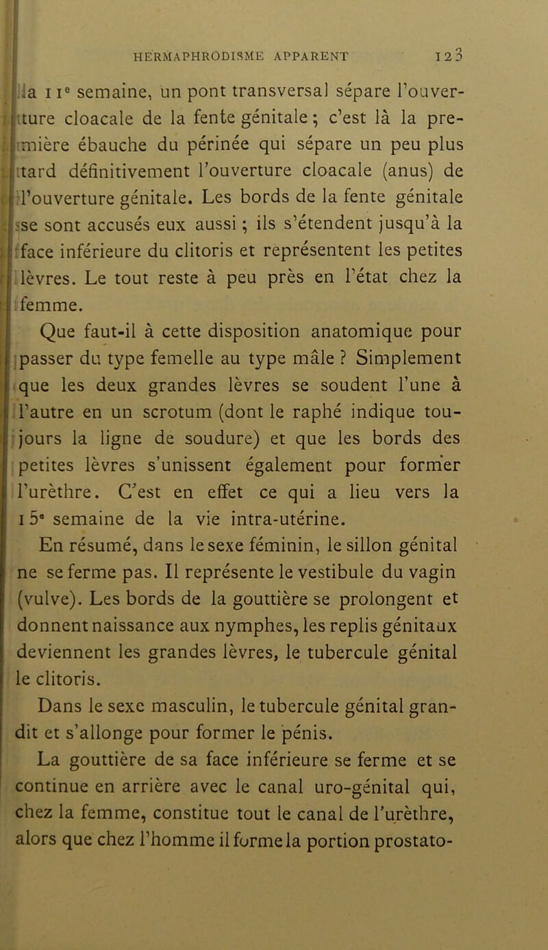 Ilia 11® semaine, un pont transversal sépare Touver- Itture cloacale de la fente génitale ; c’est là la pre- limière ébauche du périnée qui sépare un peu plus [ttard définitivement l’ouverture cloacale (anus) de d’ouverture génitale. Les bords de la fente génitale sse sont accusés eux aussi ; ils s’étendent jusqu’à la fface inférieure du clitoris et représentent les petites [lièvres. Le tout reste à peu près en l’état chez la ifemme. Que faut-il à cette disposition anatomique pour :passer du type femelle au type mâle ? Simplement que les deux grandes lèvres se soudent l’une à 1 l’autre en un scrotum (dont le raphé indique tou- i jours la ligne de soudure) et que les bords des petites lèvres s’unissent également pour form’er l’urèthre. C’est en effet ce qui a lieu vers la 15® semaine de la vie intra-utérine. En résumé, dans le sexe féminin, le sillon génital ne se ferme pas. Il représente le vestibule du vagin (vulve). Les bords de la gouttière se prolongent et donnent naissance aux nymphes, les replis génitaux deviennent les grandes lèvres, le tubercule génital le clitoris. Dans le sexe masculin, le tubercule génital gran- dit et s’allonge pour former le pénis. La gouttière de sa face inférieure se ferme et se continue en arrière avec le canal uro-génital qui, chez la femme, constitue tout le canal de l'urèthre, alors que chez l’homme il forme la portion prostato-