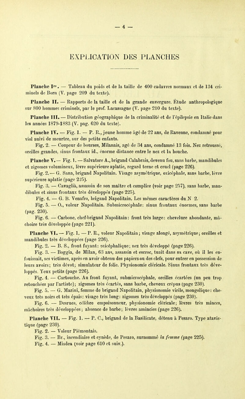 EXPLICATION DES PLANCHES Planche I. — Tableau du poids et de la taille de 400 cadavres normaux et de 134 cri- minels de Boni (V. page 209 du texte). Planche II. — Rapports de la taille et de la grande envergure. Étude anthropologique sur 800 hommes criminels, par le prof. Lacassagne (V. page 210 du texte). Planche III. — Distribution géographique de la criminalité et de l'épilepsie en Italie dans les années 1879-1883 (V. pag. 620 du texte). Planche IV. — Pig. 1. — P. R., jeune homme âgé de 22 ans, de Ravenne, condamné pour viol suivi de meurtre, sur des petits enfants. Fig. 2. — Coupeur de bourses, Milanais, âgé de 34 ans, condamné 13 fois. Nez retroussé, oreilles grandes, sinus frontaux id., énorme distance entre le nez et la bouche. Planche V. — Fig. 1. — Salvatore A., brigand Calabrais, devenu fou, sans barbe, mandibules et zigomes volumineux, lèvre supérieure aplatie, regard terne et cruel (page 226). Fig. 2. — G. Sana, brigand Napolitain. Visage asymétrique, oxicéphale, sans barbe, lèvre supérieure aplatie (page 225). Fig. 3. — Cavaglià, assassin de son maître et complice (voir page 257), sans barbe, man- dibules et sinus frontaux très développés (page 225). Fig. 4. — G. B. Venafro, brigand Napolitain. Les mêmes caractères du.N 2. Fig. 5. — 0., voleur Napolitain. Submicrocéphale: sinus frontaux énormes, sans barbe (pag. 230). Fig. 6. — Carbone, chef-brigand Napolitain: front très large: chevelure abondante, mâ- choire très développée (page 221). Planche VI. — Fig. 1. — P. R., voleur Napolitain ; visage alongé, asymétrique; oreilles et mandibules très développées (page 226). Fig. 2. — B. S., front fuyant: oxicéphalique; nez très développé (page 226). Fig. 3. — Boggia, de Milan, 63 ans, assassin et escroc, tuait dans sa cave, oii il les en- fouissait, ses victimes, après en avoir obtenu des papiers ou des clefs, pour entrer en possession de leurs avoirs; très dévot; simulateur de folie. Physionomie cléricale. Sinus frontaux très déve- loppés. Yeux petits (page 226). Fig. 4. — Cartouche. Au front fuyant, submicrocéphale, oreilles écartées (un peu trop retouchées par l'artiste); zigomes très écartés, sans barbe, cheveux crépus (page 230). Fig. 5. — G. Marini, femme de brigand Napolitain, physionomie virile, mongolique: che- veux très noirs et très épais: visage très long: zigomes très développés (page 230). Fig. 6. — Desrues, célèbre empoisonneur, physionomie cléricale; lèvres très minces, mâchoires très développées; absence de barbe; lèvres amincies (page 226). Planche VII. — Fig. 1. — P. C, brigand de la Basilicate, détenu à Pesaro. Type atavis- tique (page 230). Fig. 2. — Voleur Piémontais. Fig. 3. — Br., incendiaire et cynède, de Pesaro, surnommé la femme (page 225).