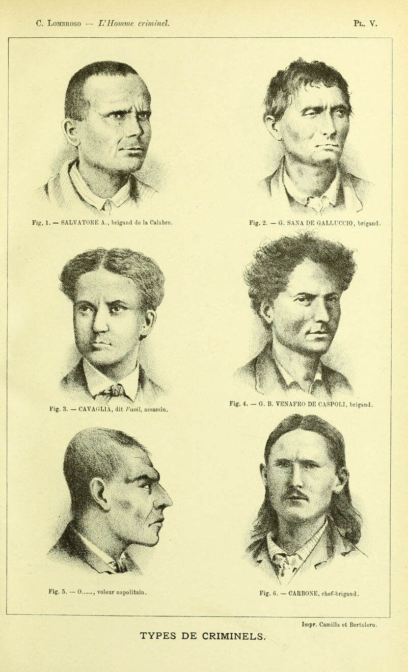 Fig, 1. — SALVATOBE A., brigand de la Calabre. Fig. 3. — CAVAULIA, dit Fusil, assassin. Fig. 5. — 0 , voleur napolitain. Fig. 2. — G. SANA DE GALLUCOIO, brigand. Fig. 6. — CARBONE, chef-brigand. Impr. Caniilla et Bertolero. TYPES DE CRIMINELS.