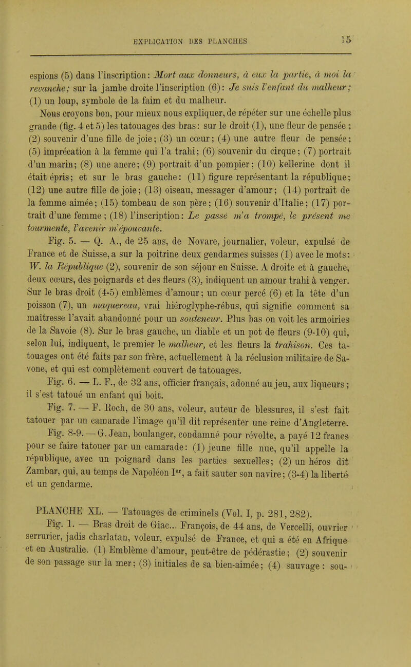 espions (5) dans l'inscription : Mort aux donneurs, à eux la partie, à moi la revanche; sur la jambe droite l'inscription (6): Je suis l'enfant du malheur; (1) un loup, symbole de la faim et du malheur. Nous croj'ons bon, pour mieux nous expliquer, de répéter sur une échelle plus grande (fig. 4 et 5) les tatouages des bras : sur le droit (1), une fleur de pensée : (2) souvenir d'une fille de joie ; (3) un cœur ; (4) une autre fleur de pensée ; (5) imprécation à la femme qui l'a trahi; (6) souvenir du cirque; (7) portrait d'un marin; (8) une ancre; (9) portrait d'un pompier; (10) kellerine dont il était épris; et sur le bras gauche: (11) figure représentant la république; (12) une autre fille de joie; (13) oiseau, messager d'amour; (14) portrait de la femme aimée; (15) tombeau de son père; (16) souvenir d'Italie ; (17) por- trait d'une femme ; (18) l'inscription: Le passé m'a trompé, le présent me tourmente, l'avenir m'épomante. Fig. 5. — Q. A., de 25 ans, de Novare, journalier, voleur, expulsé de France et de Suisse, a sur la poitrine deux gendarmes suisses (1) avec le mots: W. la Bépuhlique (2), souvenir de son séjour en Suisse. A droite et à gauche, deux cœurs, des poignards et des fleurs (3), indiquent un amour trahi à venger. Sur le bras droit (4-5) emblèmes d'amour ; un cœur percé (6) et la tête d'un poisson (7), un maquereau, vrai hiéroglyphe-rébus, qui signifie comment sa maîtresse l'avait abandonné poiu* un souteneur. Plus bas on voit les armoiries de la Savoie (8). Sur le bras gauche, un diable et un pot de fleurs (9-10) qui, selon lui, indiquent, le premier le malheur, et les flem-s la trahison. Ces ta- touages ont été faits par son frère, actuellement à la réclusion militaire de Sa- vone, et qui est complètement couvert de tatouages. Fig. 6. — L. F., de 32 ans, officier français, adonné au jeu, aux liquem's ; il s'est tatoué un enfant qui boit. Fig. 7. — F. Koch, de 30 ans, voleur, auteur de blessures, il s'est fait tatouer par un camarade l'image qu'il dit représenter une reine d'Angleterre. Fig. 8-9. — G. Jean, boulanger, condamné pour révolte, a payé 12 francs pour se faire tatouer par un camarade: (1) jeune fille nue, qu'il appelle la république, avec un poignard dans les parties sexuelles; (2) un héros dit Zambar, qui, au temps de Napoléon a fait sauter son navire ; (3-4) la liberté et un gendarme. PLANCHE XL. — Tatouages de criminels (Vol. I, p. 281, 282). Fig. 1. — Bras droit de Giac... François, de 44 ans, de Vercelli, ouvrier serrurier, jadis charlatan, voleur, expulsé de France, et qui a été en Afrique et en Australie. (1) Emblème d'amour, peut-être de pédérastie ; (2) souvenir de son passage sur la mer; (3) initiales de sa bien-aimée; (4) sauvage : sou- ■