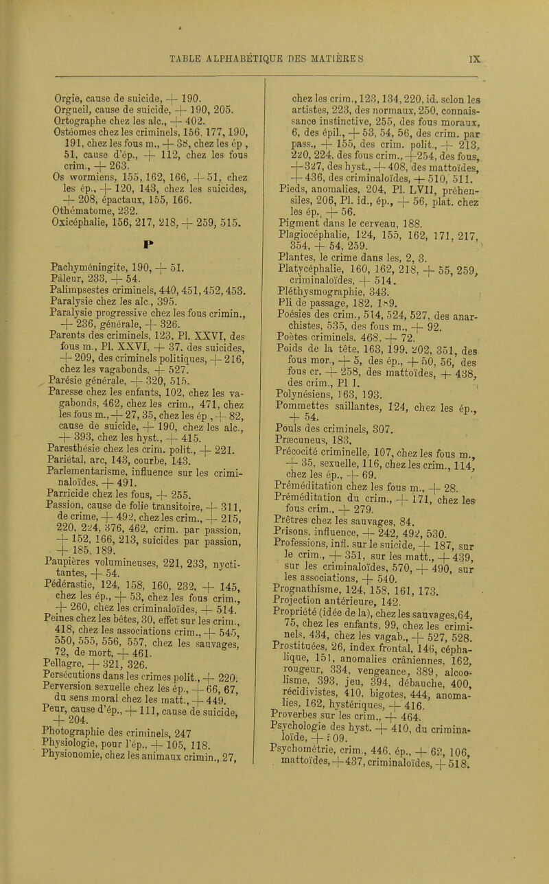 Orgie, cause de suicide, -|- 190- Orgueil, cause de suicide, -|- ^ 90) 205. Ortographe chez les aie, -[- 402. Ostéomes chez les criminels, 156, 177, 190, 191, chez les fous m., -j- 38, chez les ép , 51, cause d'ép., -f- 112, chez les fous crim., -|- 263. Os wormiens, 155, 162, 166, -{-51, chez les ép., -]- 120, 143, chez les suicides, -\- 208, épactaux, 155, 166. Othématome, 232. Osicéphalie, 156, 217, 218, -f- 259, 515. Pachyméningite, 190, -j- 51. Pâleur, 233, + 54. Pahmpsestes criminels, 440,451,452,458. Paralysie chez les aie, 395. Paralysie progressive chez les fous crimin., + 236, générale, -}- 326. Parents des criminels, 123. Pl. XXVI, des fous m.. Pl. XXVI, + 37. des suicides, -|- 209, des criminels politiques, + 216, chez les vagabonds, -j- 527. Parésie générale, -f - 320, 515. Paresse chez les enfants, 102, chez les va- gabonds, 462, chez les crim., 471, chez les fous m., -\- 27,35, chez les ép 82, cause de suicide, + 190, chez les aie, + 393, chez les hyst., -\- 415. Paresthésie chez les crim. polit., -\~ 221. Pariétal, arc, 143, courbe, 143. Parlementarisme, influence sur les crimi- naloïdes, -]- 491. Parricide chez les fous, + 255. Passion, cause de folie transitoire, + 311, de crime, + 492, chez les crim., + 215, 220, 224, 376, 462, crim. par passion, + 152, 166, 213, suicides par passion, + 185, 189. Paupières volumineuses, 221, 233, nycti- tantes, + 54. Pédérastie, 124, 158, 160, 232, + 145, chez les ép., + 53, chez les fous crim.| + 260, chez les criminaloïdes, + 514. Peines chez les bêtes, 30, effet sur les crim., 418, chez les associations crim.,+ 545, o50, 555, 556, 557, chez les sauvaees 72, de mort,+ 461. Pellagre, + 321, 326. Persécutions dans les crimes polit., + 220. Perversion sexuelle chez les ép., + 66, 67, du sens moral chez les matt., + 449. Pe^» cause d'ép., + 111, cause de suicide, Photographie des criminels, 247 Physiologie, pour 1 ep., + 105, 118. Physionomie, chez les animaux crimin., 27, chez les crim., 123,134,220, id. selon les artistes, 223, des normaux, 250, connais- sance instinctive, 255, des fous moraux, 6, des épil., +63, 54, 56, des crim. par pass., + 155, des crim. polit., + 213, 220, 224, des fous crim.. +254, des fous, 4-327, des hyst, + 408, des mattoïdes, + 436, des criminaloïdes, -|- 510, 511. Pieds, anomalies, 204, Pl. LVIJ, préhen- siles, 206, Pl. id., ép., + 56, plat, chez les ép.. + 56. Pigment dans le cerveau, 188. Plagiocéphalie, 124, 155, 162, 171,217, 354, + 54, 259. Plantes, le crime dans les, 2, 3. Platycéphalie, 160, 162, 218, + 55, 259, criminaloïdes, + 514. Pléthysmographie, 343. Pli de passage, 182, lh9. Poésies des crim., 514, 524, 527, des anar- chistes, 535, des fous m., + 92. Poètes criminels. 468, + 72. Poids de la tête, 163, 199. 202, 351, des- fous mor., + 5, des ép., + .ôO, 56, des fous cr. + 258, des mattoïdes, -+- 438, des crim., PI ]. , Polynésiens, 163, 193. Pommettes saillantes, 124, chez les én + 54. Pouls des criminels, 307. Prœcuneus, 183. Précocité criminelle, 107, chez les fous m., + 35, sexuelle, 116, chez les crim., 114* chez les ép., + 69. Préméditation chez les fous m., + 28. Préméditation du crim., + 171, chez le» fous crim., + 279. Prêtres chez les sauvages, 84. Prisons, influence, + 242, 492, 530. Professions, infl. sur le suicide, + 187, sur le crim., + 351, sur les matt., + 439, sur les criminaloïdes, 570, + 490, sur les associations, + 540. Prognathisme, 124, 158, 161, 173. Projection antérieure, 142. Propriété (idée de la), chez les sauvages,64, 75, chez les enfants, 99, chez les crimi- nels, 434, chez les vagab., -f 527, 528. Prostituées, 26, index frontal, 146, cépha- lique, 151, anomalies crâniennes, 162, raugeur, 334, vengeance, 389, alcoo- lisme, 393, jeu, 394, débauche, 400, récidivistes, 410, bigotes, 444, anoma- lies, 162, hystériques, + 416. Proverbes sur les crim., + 464. Psychologie des hyst. + 410, du crimina- loïde, + f 09. Psychométrie, crim., 446. ép., + 6îî, 106 mattoïdes,+437, criminaloïdes, + 518!