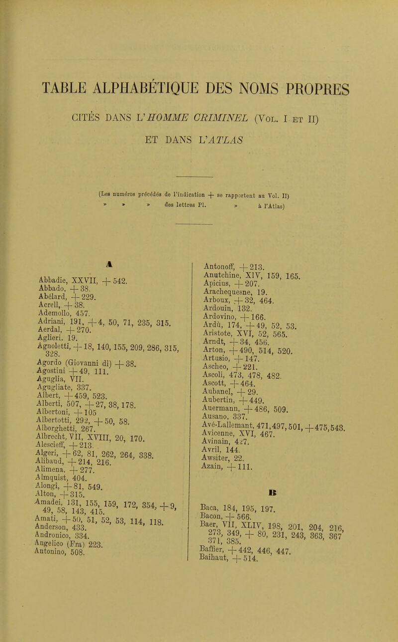 CITES DANS V HOMME CRIMINEL (Yol. I et II) ET DANS VATLAS (Les numéros précédés de l'indication -j- se rapportent au Vol. II) » » » des lettres Pl. » à l'Atlas) Abbadie, XXVII, + 542. Abbado, +38. Abélard, +229. Acrell, +38. Ademollo, 457. Adriani, 191, +4, 50, 71, 235, 315. Aerdal, +270. Aglieri. 19. Agnoletti, +18, 140, 155, 209, 286, 315, 328. Agordo (Giovanni di) + 38. Agostini +49, 111. Aguglia, VII. Agugliate, 337. Albert, +459, 523. Alberti, 507, +27, 38,178. Albertoni, +105 Albertotti, 292, +50, 58. Alborghetti, 267. Albrecht,VII, XVIII, 20, 170. Alescieff, +213. Algeri, +62, 81, 262, 264, 338. Ahbaud, +214, 216. Alimena, + 277. Almquist, 404. Alongi, +81, 549. Alton, +315. Andronico, 334. Angelico (Pra) 223. Antonino, 508. Antonoff, +213. Anutchine, XIV, 159, 165. Apicius, +207. Arachequesne, 19. Arboux, +32, 464. Ardouin, 132. Ardovino, +166. Ardu, 174. +49, 52, 53. Aristote, XVI, 52, 565. Arndt, +34, 456. Arton, +490, 514, 520. Artusio, +147. Ascheo, +221. Ascoli, 473, 478, 482. Ascott, +464. Aubanel, +29. Aubertin, +449. Auermann, +486, 509. Ausano, 337. Avé-Lallemant, 471,497,501, +475,543. Avicenne, XVI, 467. Avinain, 4^7. Avril, 144. Awsiter, 22. Azain, +111. B Baca, 184, 195, 197. Bacon, + 566. ^'v/JÎq^^^^I'.^^^' 201, 204, 216, 37?: 385' ' Baffier, +442, 446, 447. Baihaut, + 514.