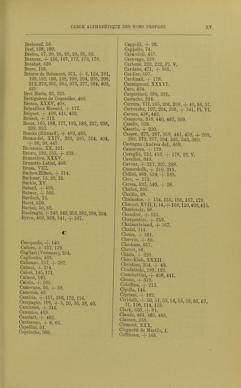 Bréboeuf, 56. Bref, 138, 190. Brehiu, 17, 20, 26, 28, 29, 31, 33. Brenner, + 156, 167, 172, 173, 178. Bréohat, 529. Brero, 156. Brierre de Boismont, 371, + 2, 134, 181, 190,192, 196, 198, 199, 204, 205, 206, 212, 279,301, 36o, 373, 377, 384, 402, 425. Bret Harte, 25, 225. Brétignères de Courcelles, 408. Breton, XXXV, 40^. Brinvillers Marseid, + 177. Briquet. + 408, 411, 432. Brissot, 4- 212. Broca, 165, 166, 177, 185, 188, 237, 238, 239 353 Brooks (Edward), + 482, 483. Brouardel, XXIV, 233, 235, 314, 404, + 96, 99, 447. Broussais, XX, 101. Brown, 182, 355, + 339. Brunetière, XXXV. Brunetto Latini, 468. Brusa, VIIL Bachez-Hilton, + 314. Buchner, 13, 20, 21. Buckle, XV. Bulard, + 408. Bulwer, + 566. Burdach, 15. Burot, 510. Burton, 50, 62. BusdragM, + 248,249,253,282,289, 334. Byron, 468, 539, 541, + 567. C Cacopardo, -f- 140. Cafiero,+ 157, 179. Cagliari (Veronese), 224. Cagliostro, 463. Calmano, 337, -}- 387. Calmai, -f- 314. Calori, 145,171. Calucci, 165. Calvin, 4-165. Camerano, 16, -j- 39. Cameron, 49. Camicia, + 157, 166, 172, 176. Campagne, 106, + 5, 20, 36, 38, 40. Camusset, -f- 344. Canouico, 419. Canstatt, -}- 402. Cantarano, -]- 6, 66. Capellini, 51. Capeluche, 360. Cappelli, -f 26. Cappello, 74. Caraccioli, 457. Caravage, 539. Carbone, 220, 222, Pl. V. Cardane, 471, -f- 565. Cardier, 507. Cardinali, -|- 178. Carmignani, XXXVI. Caro, 424. Carpintieri, 390, 391. Carrache, 224. Carrara, VII, -^05, 206, 208, + 49, 56, 57. Cartouche, 107, 204, 236, -)- 541, Pl. VI. Caruso, 436, 442. Casanova, 3i8, 440, 467, 509. Casello, 338. Caserio, + 230. Casper, 223, 287, 358, 441, 458, -\- 209, 268, 272, 277, 294, 305, 343, 360. Castagno (Andréa del), 469. Causereau, -f- 179. Cavaglià, 222, 453, + 178, PI. V. Cavallon, 349. Cavour, + 217, 227, 228. Cazauvieilh, + 210, 211. Cellini, 469, 539, 4- 568. Cère, + 172. Ceresa, 537, 540, -f- 38. Chabot, 508. Chaillu, 28. Chalanton, + 154, 155, 156, 167, 179. Charcot, XVII, 1,14, -f-106,120,408,415v Charleroix, 56. Chandrel, + 155. Charpentier, + 359. Chateaubriand, -4- 567. Chatel, 214. Chenu, + 561. Chervin, -|- 80. Chesham, 457. Chevet, 56. Chiola, + 228. Chou-Kiuh, XXXII. Christian, 304, -f 49. Chudzinski, 189, 198. Cianchettini, + 438, 441. Cicone, + 379. Cidoffina, -j-213. Cipolla, 144. Cipriani, -f- 162. T^ne+iH: us''' Clark, 330,4-81. Claude, 461, 465, 466. Clausen, 358. Clément. XXX, Clognetti de Martii.s, 1. Coffineau, -\- 561.