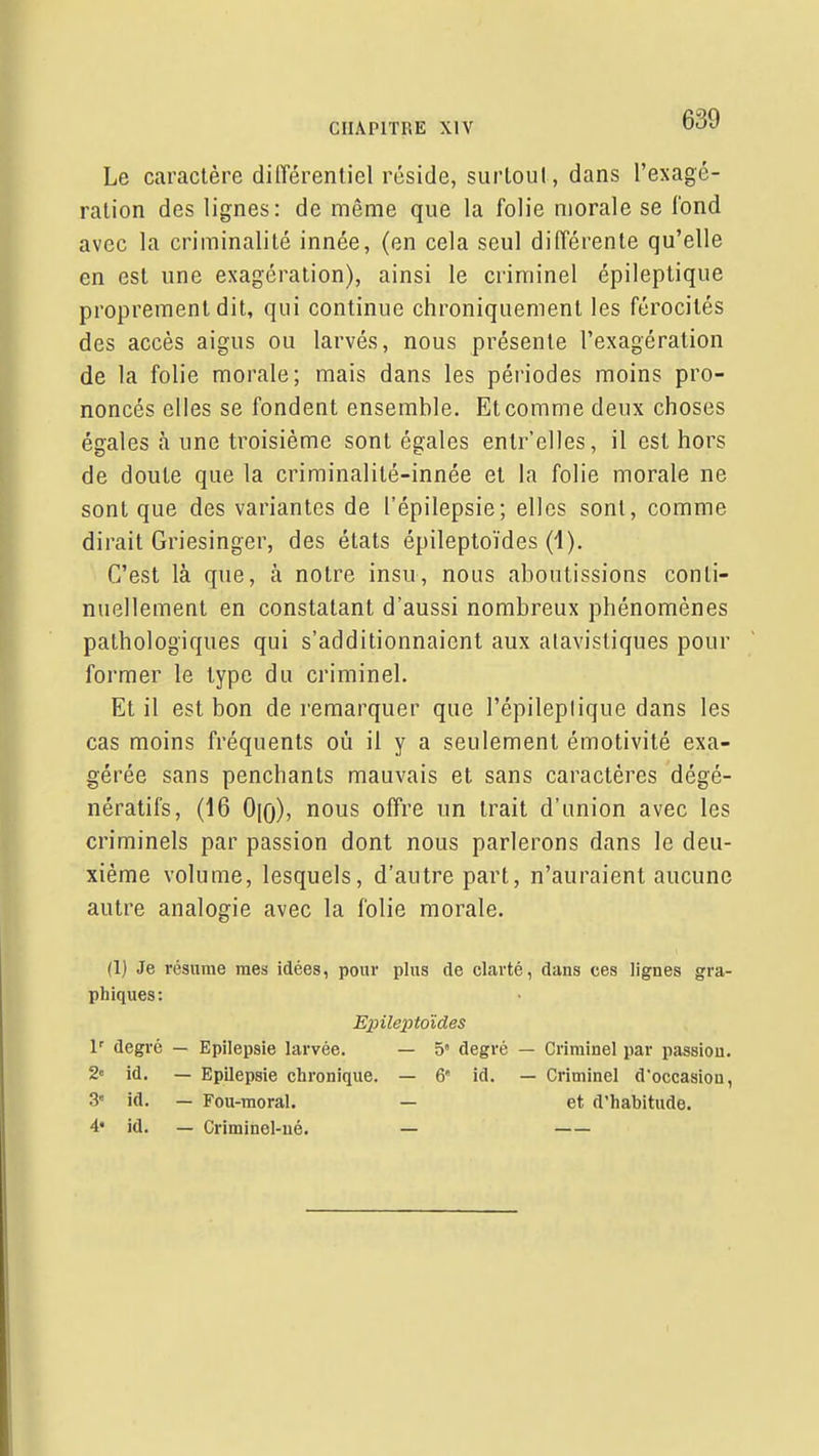 Le caractère différentiel réside, surtout, dans l'exagé- ration des lignes: de même que la folie morale se fond avec la criminalité innée, (en cela seul différente qu'elle en est une exagération), ainsi le criminel épileplique proprement dit, qui continue chroniquement les férocités des accès aigus ou larvés, nous présente l'exagération de la folie morale; mais dans les périodes moins pro- noncés elles se fondent ensemble. Etcomme deux choses égales à une troisième sont égales entr'elles, il est hors de doute que la criminalité-innée et la folie morale ne sont que des variantes de l'épilepsie; elles sont, comme dirait Griesinger, des états épileptoïdes (1). C'est là que, à notre insu, nous aboutissions conti- nuellement en constatant d'aussi nombreux phénomènes pathologiques qui s'additionnaient aux atavistiques pour former le type du criminel. Et il est bon de remarquer que l'épileplique dans les cas moins fréquents où il y a seulement émotivité exa- gérée sans penchants mauvais et sans caractères dégé- nératifs, (16 0|o), nous offre un trait d'union avec les criminels par passion dont nous parlerons dans le deu- xième volume, lesquels, d'autre part, n'auraient aucune autre analogie avec la folie morale. (1) Je résume mes idées, pour plus de clarté, dans ces lignes gra- phiques: Epileptoïdes V degré — Epllepsie larvée. — 5' degré — Criminel par passion. 2» id. — Epilepsie chronique. — 6 id. — Criminel d'occasion, 3 id. — Fou-moral. — et d'habitude. 4« id. — Criminel-ué. —