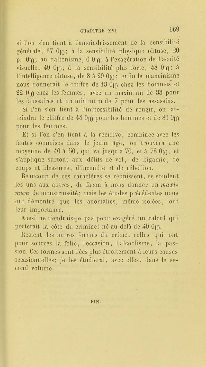 si l'on s'en tient à l'amoindrissement de la sensibilité générale, 67 0[o; à la sensilDilité physique obtuse, 20 p. Ojo; fiu daltonisme, 6 Oiq; à l'exagération de l'acuité visuelle, 49 Oiq; à la sensibilité plus forte, 48 Oiq; à l'intelligence obtuse, de 8 à 29 0|0; enfin le mancinisme nous donnerait le chiffre de 43 0[o chez les hommes et 22 0[0 chez les femmes, avec un maximum de 33 pour les faussaires et un minimum de 7 pour les assassins. Si l'on s'en tient à l'impossibilité de rougir, on at- teindra le chiffre de 44 0[0 pour les hommes et de 81 0(0 pour les femmes. Et si l'on s'en lient à la récidive, combinée avec les fautes commises dans le jeune âge, on trouvera une moyenne de 40 à 50, qui va jusqu'à 70, et à 78 0[0, et s'applique surtout aux délits de vol, de bigamie, de coups et blessures, d'incendie et de rébellion. Beaucoup de ces caractères se réunissent, se soudent les uns aux autres, de façon à nous donner un maxi- mum de monstruosité; mais les études précédentes nous ont démontré que les anomalies, même isolées, ont leur importance. Aussi ne tiendrais-je pas pour exagéré un calcul qui porterait la côte du criminel-né au delà de 40 OfQ. Restent les autres formes du crime, celles qui ont pour sources la folie, l'occasion, l'alcoolisme, la pas- sion. Ces formes sont liées plus étroitement à leurs causes occasionnelles; je les étudierai, avec elles, dans le se- cond volume. FIN.