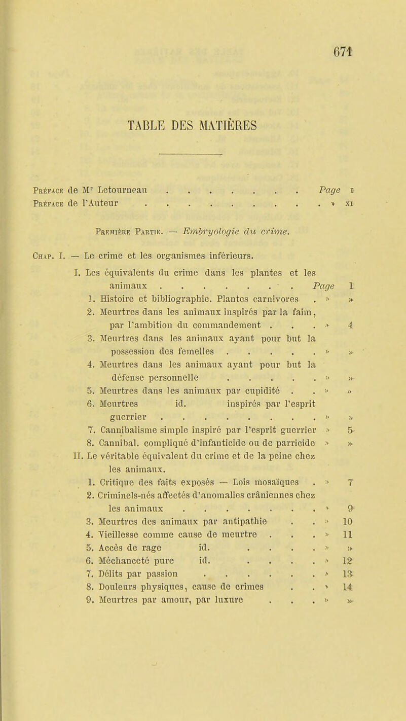 TABLE DES MATIÈRES Préface de îF Letourneau Vage i- Préface de l'Anteur » xi Première Partie. — Embryologie du crime. Chap. I. — Le crime et les organismes inférieurs. I, Les équivalents dn crime dans les plantes et les animaux ■ . Page 1 !. Histoire et bibliographie. Plantes carnivores . > 2. Meurtres dans les animaux inspirés par la faim, par l'ambition du commandement . , . » 4 3. Meurtres dans les animaux ayant pour but la possession des femelles >• » 4. Meurtres dans les animaux ayant pour but la défense personnelle i- >v 5. Meurtres dans les animaux par cupidité . .  » 6. Meurtres id. inspirés par l'esprit guerrier i> 7. Cannibalisme simple inspiré par l'esprit guerrier > 5- 8. Cannibal. compliqué d'infanticide ou de parricide > » II. Le véritable équivalent du crime et de la peine chez les animaux. 1. Critique des faits exposés — Lois mosaïques . > 7 2. Criminels-nés affectés d'anomalies crâniennes chez les animaux • 9- 3. Meurtres des animaux par antipathie . . ■> 10 4. Vieillesse comme cause de meurtre . . .  11 5. Accès de rage id. j> 6. Méchanceté pure id. . . . . > 12 7. Délits par passion •> 13- 8. Douleurs physiques, cause de crimes . . > 14 9. Meurtres par amour, par luxure . . . >• >».