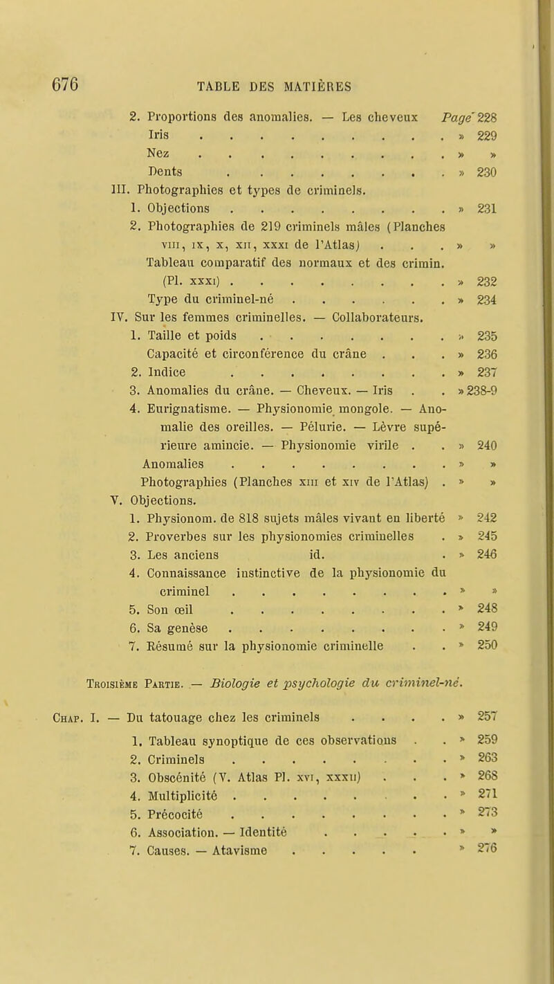 2. Proportions des anomalies. — Les cheveux Page 228 Iris » 229 Nez » > Dents » 230 III. Photographies et types de criminels. 1. Objections » 231 2. Photographies de 219 criminels mâles (Planches VIII, IX, X, XII, XXXI de l'Atlas) . . . » » Tableau comparatif des normaux et des crimin. (Pl. XXXI) » 232 Type du criininel-né » 234 IV. Sur les femmes criminelles. — Collaborateurs. 1. Taille et poids » 235 Capacité et circonférence du crâne . . . » 236 2. Indice » 237 3. Anomalies du crâne. — Cheveux. — Iris . . » 238-9 4. Eurignatisme. — Physionomie mongole. — Ano- malie des oreilles. — Pélurie. — Lèvre supé- rieure amincie. — Physionomie virile . . » 240 Anomalies » » Photographies (Planches xiii et xiv de l'Atlas) . » » V. Objections. 1. Physionom. de 818 sujets mâles vivant en liberté » 242 2. Proverbes sur les physionomies criminelles . » 245 3. Les anciens id. . » 246 4. Connaissance instinctive de la physionomie du criminel > » 5. Son œil » 248 6. Sa genèse > 249 7. Eésumé sur la physionomie criminelle . . * 250 Troisième Partie. — Biologie et psychologie du criminel-né. Chap. I. — Du tatouage chez les criminels .... » 257 1. Tableau synoptique de ces observations . * 259 2. Criminels » 263 3. Obscénité (V. Atlas Pl. xvi, xxxii) . , . > 268 4. Multiplicité » 271 5. Précocité » 273 6. Association. — Identité » » 7. Causes. — Atavisme * 276