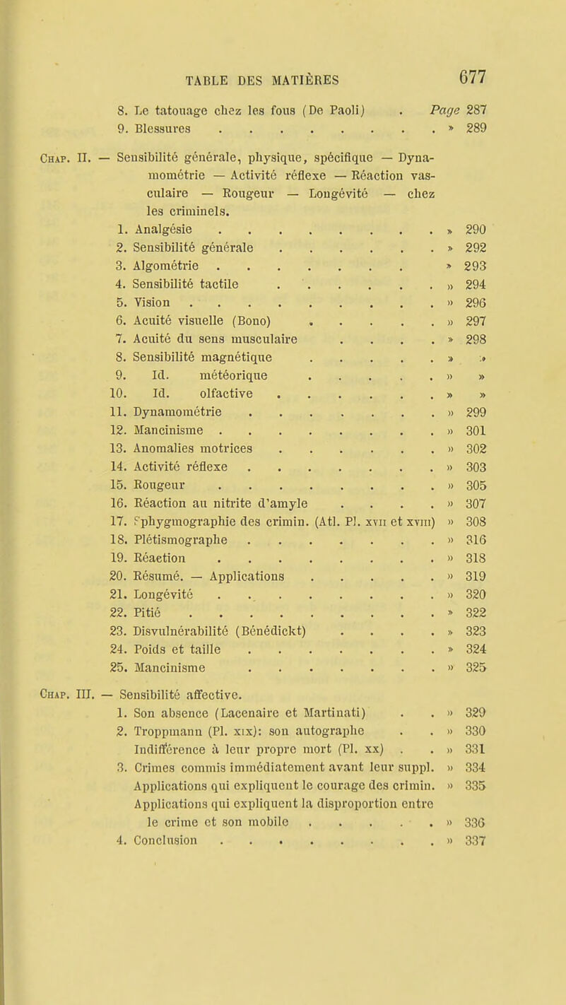 8. Le tatouage chez les fous (De Paoli) . Page 287 9. Blessures » 289 Chap. II. — Sensibilité générale, physique, spécifique — Dyna- niomôtrie — Activité réflexe — Réaction vas- culaire — Rougeur — Longévité — chez les criminels. 1. Analgésie » 290 2. Sensibilité générale » 292 3. Algométrie » 293 4. Sensibilité tactile » 294 5. Vision » 296 6. Acuité visuelle (Bono) . . . . . » 297 7. Acuité du sens musculaire .... » 298 8. Sensibilité magnétique » .♦ 9. Ici. météorique » » 10. Ici. olfactive » » 11. Dynamométrie » 299 12. Mancinisme » 301 13. Anomalies motrices » 302 14. Activité réflexe » 303 15. Rougeur » 305 16. Réaction au nitrite d'amyle .... » 307 17. Pphygmographie des crimin. (Atl. P!. xvii et xyni) » 308 18. Plétismographe » 316 19. Réaction » 318 20. Résumé. — Applications » 319 21. Longévité . » 320 22. Pitié » 322 23. Disvulnérabilité (Bénédickt) . . . . » 323 24. Poids et taille » 324 25. Mancinisme » 325 Chap. III. — Sensibilité afifective. 1. Son absence (Lacenaire et Martinati) . . » 329 2. Troppmann (PI. xix): son autographe . . » 330 Indirfcrence à leur propre mort (Pl. xx) . . » 331 3. Crimes commis immédiatement avant leur suppl. » 334 Applications qui expliquent le courage des crimin. » 335 Applications qui expliquent la disproportion entre le crime et son mobile . . . . . » 336 4. Conclusion » 337
