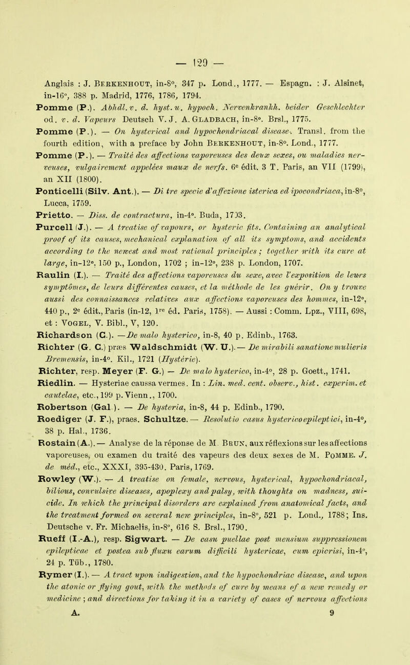 Anglais : J. Beekenhout, in-S», 347 p. Lond., 1777. — Espagn. : J. Alsinet, in-16% 388 p. Madrid, 1776, 1786, 1794. Pomme (P.)- Ahhdl.v. d. liyst.u. Imjiwcli. NervenTtranTih. heider Geschleclitcr od. V. d. Vapeurs Deutsch V. J. A. Gladbach, in-8». Brsl., 1775. Pomme (P.). — Ooi hysterical and hypocTiondriacal disease-. Transi, from tlie fourth édition, with a préface by John Beekenhout, in-B». Lond., 1777. Pomme (P.)- — Traité des affections vaporeuses des deux sexes, ou maladies ner- veuses, vulgairement appelées maux de nerfs. 6^ édit. 3 T. Paris, an VII (1799), an XII (1800). Ponticelli (Silv. Ant.). — Di tre specie d'affezione isterica ed ipocondriaca,\n-^^^ Lucca, 1759. Prietto. — Biss. de contractura, in-4:°. Buda, 1733, PurcellfJ.)- — A treatise of vapours, or hystérie fits, Containing an analytioal proof of its causes, m.echanical explanation of ail its symptoms, and accidents according to the newest and most rational principlcs ; together n-ith its cure at large, in-12°, 150 p., London, 1702 ; in-12<', 238 p. London, 1707. Raulin (I.). — Traité des afections vaporeuses du sexe, avec Vexposition de leurs symptômes, de leurs différentes causes, et la méthode de les guérir. On y trouve aussi des connaissances relatives aux affections vaporeuses des hommes, in-12'', 440 p., 2e édit., Paris (in-12, l^e éd. Parirf, 1758). — Aussi : Comm. Lpz., VIII, 698, et : VOGEL, V. Bibl., V, 120. Richardson (G.). —Demalo hysterico, in-8, 40 p. Edinb., 1763. Richter (G. G.) prœs Waldschmiclt (W. U.).— Be miralili sanationemiLlieris Bremensis, in-4o. Kil., 1721 [Hystérie). Richter, resp. Meyer (F. G.) — Be malo hysterico, in-é», 28 p. Goett., 1741. Riedlin. — Hysteriae caussa vermes. In : Lin. med. cent, ohserv., hist. experim. et cautelae, etc., 199 p.Vienn., 1700. Robertson (Gai ). — Be hysteria, in-8, 44 p. Edinb., 1790. Roediger (J. F.), praes. Schultze.— Besolutio casus hystericoeplleptici, inA^j 38 p. Hal., 1736. Rostain(A.).— Analyse de la réponse de M. Brun, aux réflexions sur les affections vaporeuses, ou examen du traité des vapeurs des deux sexes de M. Pomme. J. de méd., etc., XXXI, 395-430. Paris, 1769. Rowley (W.). J. treatise on female, nervons, hysterical, hypochondriacal, hilious, conrulsive diseases, apoplexy andpalsy, with thoughts on madness, sui- cide. In mhich the principal disorders are explained from anatomical facts^ and the treatment formed on several new principles, in-8°, 521 p. Lond., 1788; Ins. Deutsche v. Fr. Michaelis, in-8°, 616 S. Brsl., 1790. Rueff (I.-A.), resp. Sigwart. — Be casu puellae post mensium suppressionem ejy ilepticae et postea suT) ffuxu earuni difficili hystericae, cum epicrisl, înA, 24 p. Tiib., 1780. Rymer (I.). — A tract upon indigestion, and the hypochondriac disease^ and upon the atonie or ffying gout, with the methods of cure by means of a new remedy or medicine ; and directions for tahing it in a variety of cases of nervous affections A. 9